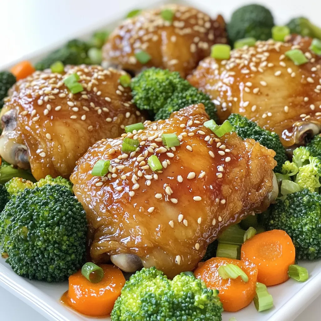- 4 bone-in, skin-on chicken thighs - 4 cloves garlic, minced - 1/3 cup honey - 1/4 cup low-sodium soy sauce - 1 tablespoon rice vinegar - 1 teaspoon grated fresh ginger - 1 cup fresh broccoli florets - 1 cup baby carrots The main stars of this dish are the chicken thighs. They have rich flavor and juicy meat. The honey garlic sauce brings sweetness and depth. Garlic, honey, and soy sauce create a perfect blend. Fresh ginger adds a nice zing. Don’t forget the veggies! Broccoli and carrots add color and crunch. - 1 tablespoon sesame seeds - 2 green onions, chopped Garnishes take this dish to the next level. Sesame seeds add crunch and a nutty taste. Chopped green onions bring a fresh finish. They brighten the dish and make it pop. - Salt and pepper to taste - 2 tablespoons olive oil Proper seasoning is key. Salt and pepper enhance the flavors of the chicken. Olive oil helps to sear the chicken and keep it moist. Always season well for the best results. - Preheat your oven to 400°F (200°C). This step warms up the oven, ensuring even cooking. - Pat the chicken thighs dry with a paper towel. This helps the skin get crispy. - Season both sides generously with salt and pepper. This adds flavor to the chicken. - In a large oven-proof skillet, heat 2 tablespoons of olive oil over medium-high heat. - Once hot, add the chicken thighs, skin-side down. Sear for 5-7 minutes until the skin is golden brown. - Flip the chicken and cook for another 5 minutes. This gives the chicken a nice crust. - Remove the chicken from the skillet and set aside. This keeps the chicken juicy. - In the same skillet, reduce the heat to medium. Add 4 cloves of minced garlic. - Sauté for about 1 minute until fragrant. Be careful not to let it burn. - Then, add 1/3 cup of honey, 1/4 cup of low-sodium soy sauce, 1 tablespoon of rice vinegar, and 1 teaspoon of grated ginger. - Stir well to combine and let it simmer for 2-3 minutes. This thickens the sauce and melds the flavors. - Add 1 cup of fresh broccoli florets and 1 cup of baby carrots to the skillet. - Stir to coat them in the sauce. This makes the veggies tasty and colorful. - Return the seared chicken thighs, skin-side up, back to the skillet. - Place the skillet in the preheated oven. Bake for 25-30 minutes until the chicken reaches an internal temperature of 165°F (75°C) and the veggies are tender. To get the best crispy skin, dry the chicken with a paper towel. This removes moisture that could make the skin soggy. Heat your skillet with olive oil until hot before you add the chicken. Place the chicken skin-side down for about 5 to 7 minutes. The skin should turn golden brown. Flip the chicken and cook for another 5 minutes. Let the chicken rest for a few minutes after cooking. This helps keep the juices inside. You can boost the taste by adding spices like paprika or chili flakes. Toss in bell peppers or snap peas for added crunch. If you have dietary needs, you can swap out soy sauce for a gluten-free option. Use maple syrup instead of honey for a different sweet taste. Make it your own with these simple changes. You can prep the chicken and veggies a day ahead. Keep them in the fridge until you are ready to cook. Store leftovers in an airtight container. They will stay fresh for up to four days. Reheat in the oven or microwave. Make sure the chicken reaches 165°F (75°C) before eating. Enjoy your delicious meal anytime! {{image_2}} You can switch up the chicken thighs for other proteins. Chicken breasts work well, too. They cook faster but stay juicy if you don’t overcook them. For a vegetarian twist, try using firm tofu. Press it to remove excess water, then cut it into cubes. Sear the tofu like the chicken for great texture. You can easily adjust the sauce to fit your taste. If you want it sweeter, add more honey. If you like salt, a dash more soy sauce does wonders. For those who enjoy heat, sprinkle in some red pepper flakes or a dash of hot sauce. It gives the dish a spicy kick. Feel free to mix in different veggies. Snap peas, bell peppers, or zucchini all work nicely. You can also use seasonal veggies like asparagus in spring or butternut squash in fall. This keeps the dish fresh and exciting every time you make it! To keep your Honey Garlic Chicken Thighs fresh, follow these simple steps: - Refrigeration: Place leftovers in an airtight container. Store them in the fridge. They will stay good for about 3 to 4 days. - Freezing: If you want to keep them longer, freeze the chicken and veggies. Use a freezer-safe bag or container. They can last up to 3 months. Make sure to label the container with the date. When you're ready to enjoy your leftovers, here’s how to reheat: - Oven: Preheat your oven to 350°F (175°C). Place the chicken and veggies in a baking dish. Cover with foil to keep moisture in. Heat for about 20 minutes. - Microwave: Use a microwave-safe plate. Heat on medium power for 2 to 3 minutes. Check if it's warm all the way through. Always ensure the chicken reaches an internal temperature of 165°F (75°C) for safety. Here's how long you can keep your dish: - In the fridge: Honey Garlic Chicken Thighs last about 3 to 4 days. - In the freezer: They stay good for up to 3 months. Watch out for signs of spoilage. If the chicken smells off or has a strange color, it’s best to throw it out. Remember, safety first! You can serve Honey Garlic Chicken Thighs with many sides. Here are some tasty ideas: - Steamed rice - Quinoa - Mashed potatoes - Roasted asparagus - Mixed green salad Pair these with a light drink like iced tea or lemonade. This makes a complete meal that everyone will love. Yes, you can use other chicken types. Skinless, boneless chicken thighs work well. They cook faster and still taste great. Chicken breasts can also be used. Just remember to adjust cooking times. Check the internal temperature of the chicken. It should reach 165°F (75°C). Use a meat thermometer to be sure. Look for clear juices when you cut into the chicken. If the juices run clear, your chicken is done. The skin should be crispy and golden. You now have a complete guide to making delicious Honey Garlic Chicken Thighs. We covered essential ingredients, step-by-step instructions, and helpful tips. You learned how to sear chicken perfectly and create a tasty sauce. Keep in mind, you can customize this dish with different proteins and vegetables. Don’t forget about storage tips for your leftovers. Enjoy making this meal for family and friends! It’s sure to impress with its sweet and savory flavors.