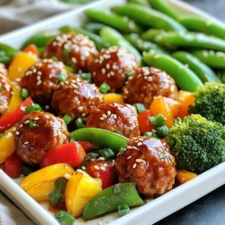 - 1 lb ground chicken or turkey - 1/2 cup breadcrumbs - 1/4 cup green onions, finely chopped - 1 egg - 2 cloves garlic, minced - 1 teaspoon ginger, grated - 1/4 cup teriyaki sauce (plus more for drizzling) - 1 cup broccoli florets - 1 cup bell peppers, sliced (red, yellow, and green) - 1 cup snap peas - 2 tablespoons olive oil - Salt and pepper to taste - Sesame seeds for garnish To create those delicious teriyaki meatballs, start with your main ingredients. Ground chicken or turkey works well here. It gives a nice flavor and keeps the meatballs moist. Next, add breadcrumbs for texture. The green onions add freshness, while the egg binds everything together. Now for the flavor enhancers. Minced garlic and grated ginger are key. They give the meatballs a lovely depth. You’ll also need teriyaki sauce, which brings that sweet and savory kick. Don’t forget to set aside extra sauce for drizzling later. For the veggies, choose bright colors for a tasty look. Broccoli florets provide crunch, while bell peppers add sweetness. Snap peas are crisp and fun to eat. Toss them in olive oil, salt, and pepper for perfect roasting. Finally, season with salt and pepper to your taste. A sprinkle of sesame seeds adds a nice touch on top. This blend of ingredients makes a meal that’s not just tasty but also visually appealing. You’re in for a treat! {{ingredient_image_1}} First, you need to preheat your oven to 400°F (200°C). This ensures even cooking. Next, grab a large mixing bowl. In it, combine the ground chicken or turkey, breadcrumbs, green onions, egg, minced garlic, grated ginger, 1/4 cup teriyaki sauce, sesame oil, salt, and pepper. Mix everything well until it forms a sticky mixture. Now, shape the mixture into meatballs. Each should be about 1.5 inches in diameter. This size helps them cook evenly. Place the meatballs on one side of the prepared sheet pan, spacing them out nicely. For the veggies, you’ll need broccoli, bell peppers, and snap peas. Toss these vegetables in a bowl with olive oil, salt, and pepper. Make sure they are evenly coated. Then, arrange the veggies on the other side of the sheet pan in a single layer. Slide the sheet pan into your preheated oven. Bake for 20-25 minutes. This timing helps the meatballs cook through and the veggies become tender-crisp. To check for doneness, make sure the meatballs are no longer pink inside. Once baked, take the sheet pan out of the oven. Drizzle extra teriyaki sauce over the meatballs and veggies. This adds great flavor. Finally, sprinkle sesame seeds and more green onions for a beautiful garnish before serving. Enjoy your delicious meal! To make your meatballs tender, use ground chicken or turkey. Mix the meat gently with breadcrumbs and seasonings. Over-mixing can lead to tough meatballs. Always ensure you add enough moisture with ingredients like egg and teriyaki sauce. Common mistakes include not shaping meatballs evenly. Aim for about 1.5 inches in size. If they are too small, they'll dry out. If they are too big, they may not cook through. Also, remember to space them well on the sheet pan. This helps them cook evenly. Best vegetables for sheet pan cooking include broccoli, bell peppers, and snap peas. They cook well and hold their shape. You can also use carrots or zucchini for variety. To get that tender-crisp texture, cut veggies into even pieces. Toss them with olive oil and seasonings. Spread them in a single layer on the pan. Avoid overcrowding, as this can lead to steaming instead of roasting. Store leftovers in an airtight container. They can last in the fridge for up to three days. For longer storage, freeze them in a sealed container. They can stay fresh for up to three months. For reheating, the oven works best. Preheat to 350°F (175°C) and heat for 10-15 minutes. You can also use a microwave, but be cautious. Microwaving can make the meatballs tough. Always check the internal temperature to ensure they are heated through. Pro Tips Use Fresh Ingredients: Fresh vegetables and high-quality ground meat will enhance the flavor and nutrition of your dish. Adjust the Sauce: If you prefer a sweeter teriyaki flavor, add a touch of honey or brown sugar to the teriyaki sauce. Don’t Overcrowd the Pan: Ensure there’s enough space between meatballs and veggies for even cooking and browning. Experiment with Veggies: Feel free to swap in seasonal vegetables like zucchini or asparagus for a different twist. {{image_2}} You can switch the ground chicken or turkey for ground beef or pork. Both options add a rich flavor. If you want a vegetarian meal, try lentil meatballs. They provide protein and taste great with teriyaki sauce. Feel free to change the vegetables based on what you have. Seasonal veggies like zucchini or asparagus can work well. Bell peppers add color and sweetness. You can mix red, yellow, and green for a vibrant dish. You can make your own teriyaki sauce if you want. Just mix soy sauce, honey, ginger, and garlic. If you need low-sodium or gluten-free options, use tamari instead of soy sauce. These choices keep the flavor while meeting dietary needs. To keep your cooked meatballs and veggies fresh, store them in an airtight container. This helps prevent any odors from other foods in your fridge. You can keep them in the fridge for up to three days. If you want to save them longer, freeze them. In the freezer, they last for about three months. Just make sure to label the container with the date. Leftovers from this dish can become new meals. For example, chop the meatballs and mix them with pasta and sauce for a quick dinner. You can also turn them into a salad by slicing them up and adding greens. For quick lunches, pack the meatballs and veggies in a container with rice or quinoa. This makes for a healthy meal you can enjoy at work or school. To safely reheat your leftovers, heat them to an internal temperature of 165°F (74°C). You can use a microwave, oven, or stovetop. If using a microwave, cover the food to keep moisture in. For the oven, set it to 350°F (175°C) and heat for 10-15 minutes. This helps maintain their flavor and texture. Try to avoid reheating too many times, as this can change the taste. Bake your meatballs and veggies for 20-25 minutes at 400°F (200°C). The meatballs should be cooked through, and the veggies should be tender-crisp. Keep an eye on them to make sure they don’t overcook. Yes, you can prepare the meatballs in advance. Simply mix all the meatball ingredients and shape them. Store them in the fridge for up to 24 hours. This makes your dinner prep quick and easy. You can pair these meatballs with rice or quinoa. Steamed rice is a classic choice. You might also enjoy them with a fresh salad or some sticky rice for a fun twist. This recipe is great for meal prep. The meatballs and veggies store well in the fridge for up to four days. Just make sure to keep them in an airtight container. You can also freeze them for later use. In this post, we explored a simple recipe for Sheet Pan Teriyaki Meatballs and Veggies. We discussed main and flavor ingredients, cooking steps, and tips for success. You can customize this dish with different proteins and veggies. Proper storage and reheating keep leftovers fresh. Remember, this recipe is great for meal prep, making weeknight dinners easy. Enjoy the tasty and healthy meal that fits your busy life. Your kitchen adventures await!