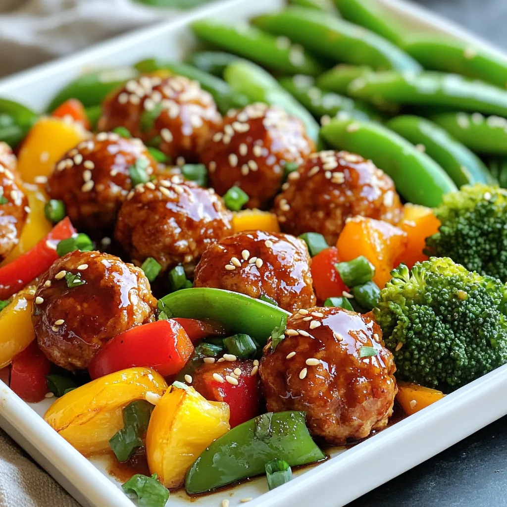 - 1 lb ground chicken or turkey - 1/2 cup breadcrumbs - 1/4 cup green onions, finely chopped - 1 egg - 2 cloves garlic, minced - 1 teaspoon ginger, grated - 1/4 cup teriyaki sauce (plus more for drizzling) - 1 cup broccoli florets - 1 cup bell peppers, sliced (red, yellow, and green) - 1 cup snap peas - 2 tablespoons olive oil - Salt and pepper to taste - Sesame seeds for garnish To create those delicious teriyaki meatballs, start with your main ingredients. Ground chicken or turkey works well here. It gives a nice flavor and keeps the meatballs moist. Next, add breadcrumbs for texture. The green onions add freshness, while the egg binds everything together. Now for the flavor enhancers. Minced garlic and grated ginger are key. They give the meatballs a lovely depth. You’ll also need teriyaki sauce, which brings that sweet and savory kick. Don’t forget to set aside extra sauce for drizzling later. For the veggies, choose bright colors for a tasty look. Broccoli florets provide crunch, while bell peppers add sweetness. Snap peas are crisp and fun to eat. Toss them in olive oil, salt, and pepper for perfect roasting. Finally, season with salt and pepper to your taste. A sprinkle of sesame seeds adds a nice touch on top. This blend of ingredients makes a meal that’s not just tasty but also visually appealing. You’re in for a treat! {{ingredient_image_1}} First, you need to preheat your oven to 400°F (200°C). This ensures even cooking. Next, grab a large mixing bowl. In it, combine the ground chicken or turkey, breadcrumbs, green onions, egg, minced garlic, grated ginger, 1/4 cup teriyaki sauce, sesame oil, salt, and pepper. Mix everything well until it forms a sticky mixture. Now, shape the mixture into meatballs. Each should be about 1.5 inches in diameter. This size helps them cook evenly. Place the meatballs on one side of the prepared sheet pan, spacing them out nicely. For the veggies, you’ll need broccoli, bell peppers, and snap peas. Toss these vegetables in a bowl with olive oil, salt, and pepper. Make sure they are evenly coated. Then, arrange the veggies on the other side of the sheet pan in a single layer. Slide the sheet pan into your preheated oven. Bake for 20-25 minutes. This timing helps the meatballs cook through and the veggies become tender-crisp. To check for doneness, make sure the meatballs are no longer pink inside. Once baked, take the sheet pan out of the oven. Drizzle extra teriyaki sauce over the meatballs and veggies. This adds great flavor. Finally, sprinkle sesame seeds and more green onions for a beautiful garnish before serving. Enjoy your delicious meal! To make your meatballs tender, use ground chicken or turkey. Mix the meat gently with breadcrumbs and seasonings. Over-mixing can lead to tough meatballs. Always ensure you add enough moisture with ingredients like egg and teriyaki sauce. Common mistakes include not shaping meatballs evenly. Aim for about 1.5 inches in size. If they are too small, they'll dry out. If they are too big, they may not cook through. Also, remember to space them well on the sheet pan. This helps them cook evenly. Best vegetables for sheet pan cooking include broccoli, bell peppers, and snap peas. They cook well and hold their shape. You can also use carrots or zucchini for variety. To get that tender-crisp texture, cut veggies into even pieces. Toss them with olive oil and seasonings. Spread them in a single layer on the pan. Avoid overcrowding, as this can lead to steaming instead of roasting. Store leftovers in an airtight container. They can last in the fridge for up to three days. For longer storage, freeze them in a sealed container. They can stay fresh for up to three months. For reheating, the oven works best. Preheat to 350°F (175°C) and heat for 10-15 minutes. You can also use a microwave, but be cautious. Microwaving can make the meatballs tough. Always check the internal temperature to ensure they are heated through. Pro Tips Use Fresh Ingredients: Fresh vegetables and high-quality ground meat will enhance the flavor and nutrition of your dish. Adjust the Sauce: If you prefer a sweeter teriyaki flavor, add a touch of honey or brown sugar to the teriyaki sauce. Don’t Overcrowd the Pan: Ensure there’s enough space between meatballs and veggies for even cooking and browning. Experiment with Veggies: Feel free to swap in seasonal vegetables like zucchini or asparagus for a different twist. {{image_2}} You can switch the ground chicken or turkey for ground beef or pork. Both options add a rich flavor. If you want a vegetarian meal, try lentil meatballs. They provide protein and taste great with teriyaki sauce. Feel free to change the vegetables based on what you have. Seasonal veggies like zucchini or asparagus can work well. Bell peppers add color and sweetness. You can mix red, yellow, and green for a vibrant dish. You can make your own teriyaki sauce if you want. Just mix soy sauce, honey, ginger, and garlic. If you need low-sodium or gluten-free options, use tamari instead of soy sauce. These choices keep the flavor while meeting dietary needs. To keep your cooked meatballs and veggies fresh, store them in an airtight container. This helps prevent any odors from other foods in your fridge. You can keep them in the fridge for up to three days. If you want to save them longer, freeze them. In the freezer, they last for about three months. Just make sure to label the container with the date. Leftovers from this dish can become new meals. For example, chop the meatballs and mix them with pasta and sauce for a quick dinner. You can also turn them into a salad by slicing them up and adding greens. For quick lunches, pack the meatballs and veggies in a container with rice or quinoa. This makes for a healthy meal you can enjoy at work or school. To safely reheat your leftovers, heat them to an internal temperature of 165°F (74°C). You can use a microwave, oven, or stovetop. If using a microwave, cover the food to keep moisture in. For the oven, set it to 350°F (175°C) and heat for 10-15 minutes. This helps maintain their flavor and texture. Try to avoid reheating too many times, as this can change the taste. Bake your meatballs and veggies for 20-25 minutes at 400°F (200°C). The meatballs should be cooked through, and the veggies should be tender-crisp. Keep an eye on them to make sure they don’t overcook. Yes, you can prepare the meatballs in advance. Simply mix all the meatball ingredients and shape them. Store them in the fridge for up to 24 hours. This makes your dinner prep quick and easy. You can pair these meatballs with rice or quinoa. Steamed rice is a classic choice. You might also enjoy them with a fresh salad or some sticky rice for a fun twist. This recipe is great for meal prep. The meatballs and veggies store well in the fridge for up to four days. Just make sure to keep them in an airtight container. You can also freeze them for later use. In this post, we explored a simple recipe for Sheet Pan Teriyaki Meatballs and Veggies. We discussed main and flavor ingredients, cooking steps, and tips for success. You can customize this dish with different proteins and veggies. Proper storage and reheating keep leftovers fresh. Remember, this recipe is great for meal prep, making weeknight dinners easy. Enjoy the tasty and healthy meal that fits your busy life. Your kitchen adventures await!