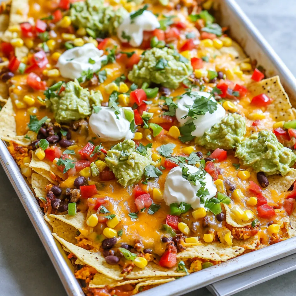 Here’s what you need for loaded veggie nachos. Gather these items to make your dish shine: - 1 large bag of tortilla chips - 1 cup black beans, rinsed and drained - 1 cup corn kernels (fresh or frozen) - 1 red bell pepper, diced - 1 green bell pepper, diced - 1 small red onion, finely chopped - 1 jalapeño, sliced (optional for spice) - 2 cups shredded cheddar cheese - 1 cup guacamole - 1 cup sour cream (or a plant-based alternative) - 1/4 cup fresh cilantro, chopped - 1 tablespoon olive oil - 1 tablespoon taco seasoning - Salt and pepper to taste Each ingredient adds to the flavor and fun. Tortilla chips are the base. They hold all the goodness. Black beans add protein and texture. Corn gives a sweet crunch. The bell peppers and onion bring color and flavor. If you like heat, add jalapeño. Cheddar cheese melts beautifully and ties everything together. Guacamole and sour cream bring creaminess. Fresh cilantro adds a bright touch. Olive oil and taco seasoning enhance the veggies. Salt and pepper round out the taste. With this list, you can create a tasty party treat that everyone will love! {{ingredient_image_1}} - Preheat your oven to 375°F (190°C). - Line a large baking sheet with parchment paper for easy cleanup. - In a mixing bowl, combine diced red and green bell peppers, corn, and red onion. - If you like spice, add sliced jalapeño. - Drizzle with olive oil and sprinkle taco seasoning. - Toss the mixture to coat all the veggies. - Season lightly with salt and pepper. - Spread a large layer of tortilla chips evenly across the baking sheet. - Make sure they are spread out well to hold all the toppings. - Scatter the rinsed and drained black beans evenly over the chips. - Spoon the seasoned veggie mixture on top of the chips and beans. - Ensure an even distribution of all the veggies. - Generously sprinkle the shredded cheddar cheese over everything. - Cover every corner because more cheese is always better! - Transfer the sheet pan to the preheated oven. - Bake for 15 to 20 minutes. - Look for the cheese to melt and bubble, with a slightly golden color. - Once done, remove the nachos from the oven. - Let them cool for a few minutes. - Then dollop guacamole and sour cream on top. - Finally, sprinkle with fresh cilantro for a burst of flavor! To ensure even cheese melting, make sure to cover all areas with cheese. I like to use two cups of shredded cheddar to create a thick layer. This way, every chip gets its fair share of gooey goodness. Keep an eye on the baking time. You want the cheese melted and slightly golden, not burnt. The best way to layer ingredients is to start with a solid base of tortilla chips. Spread them evenly across the sheet pan. After that, add black beans, followed by your seasoned veggies. This order helps prevent soggy chips. Lastly, make sure to sprinkle cheese generously over the top. For presentation, I often serve nachos right on the baking sheet. It adds a fun, casual vibe. If you want to elevate the look, transfer them to a large platter. Garnish with extra cilantro and lime wedges. This adds color and freshness! As for accompaniments, guacamole and sour cream are must-haves. They balance the flavors well. You can also offer salsa or pico de gallo for a zesty kick. Adding a side of pickled jalapeños provides an extra layer of flavor. Pro Tips Layer for Distribution: Make sure to layer the ingredients evenly across the tortilla chips to ensure every bite is packed with flavor. This way, no chip is left behind! Cheese Choice: For a more complex flavor, consider blending different types of cheese such as Monterey Jack or pepper jack with the cheddar. This adds depth and an extra kick! Customize Your Heat: If you want to control the spice level, adjust the amount of jalapeño or use mild salsa instead. You can also offer hot sauce on the side for those who like it spicy! Freshness Matters: Always use fresh cilantro and toppings right before serving to maintain their vibrant color and flavor. This will enhance the overall presentation of your nachos! {{image_2}} You can easily change this recipe to meet different diets. For a plant-based or vegan version, swap the cheddar cheese for a dairy-free alternative. Many brands offer great vegan cheeses that melt well. For the sour cream, you can use a plant-based version, like cashew or coconut cream. They add creaminess without dairy. If you need gluten-free options, check your tortilla chips. Many brands make gluten-free chips, so read the label. You can also use veggie chips or baked corn chips for a fun twist. Adding more toppings can up the flavor. Try adding sliced olives or pickled jalapeños for a zing. You can also sprinkle chili powder or cumin for extra spice. Fresh avocado slices can add creaminess, too. For sides, serve your nachos with fresh salsa or a zesty pico de gallo. You can also add a fresh salad to balance the rich flavors. Pairing with a refreshing drink, like iced tea or a fruity soda, completes the meal. Enjoy customizing your nacho experience! To keep your Loaded Veggie Nacho Sheet Pan fresh, store them in an airtight container. This will help keep the chips from getting soggy. Place them in the fridge. They will stay good for about 2-3 days. If you want to reheat them, preheat your oven to 350°F (175°C). Spread the nachos on a baking sheet and heat for about 10 minutes. This will help restore some crunch. You can freeze nachos, but it is best to freeze the toppings separately. This way, the chips stay crispy. To freeze, wrap the nachos in plastic wrap or foil. Place them in a freezer bag. They will last for up to 2 months. When you are ready to eat, let them thaw in the fridge overnight. Reheat them in the oven for a tasty treat. How do you make nachos crispy? To make nachos crispy, spread the chips evenly on the pan. Avoid stacking them too high. Bake them at a high heat, around 375°F (190°C), for about 15-20 minutes. This will help them crisp up nicely without getting soggy. Can I use different types of cheese? Yes, you can use different kinds of cheese. Cheddar is great, but you can try Monterey Jack, pepper jack, or even a mix. Each cheese gives a unique flavor and melts differently, so feel free to experiment! How long do nachos stay good? Nachos taste best fresh, but they can last for 2-3 days in the fridge. Store them in an airtight container. When you're ready to eat, reheat them in the oven for the best results. This helps restore some crispiness. What vegetables work best for loaded nachos? You can use many veggies for loaded nachos. Bell peppers and onions add great flavor. Corn and jalapeños bring sweetness and spice. Feel free to add other favorites like tomatoes, olives, or avocado. Just remember to chop them small for even cooking! In this post, I outlined how to create delicious nachos step-by-step. We covered key ingredients, preparation tips, and how to layer for the best taste. Remember, nachos are fun to make and share. You can adjust the recipe to fit any diet. Store your leftovers properly to enjoy later. With the right toppings and tricks, you can make nachos that impress everyone. Now, you have all the tools to make your nachos a hit! Enjoy your tasty creation!