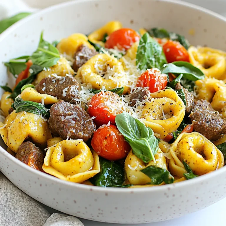 - 12 oz beef tortellini - 4 tablespoons unsalted butter - 4 garlic cloves, minced - 1 teaspoon dried Italian herbs - 1 cup cherry tomatoes, halved - 2 cups fresh spinach - Grated Parmesan cheese for garnish - Fresh basil leaves for garnish - 1/2 teaspoon red pepper flakes - Salt and pepper - Large pot - Skillet - Colander The main ingredients for garlic butter beef tortellini create a rich and tasty dish. You need beef tortellini, which can be homemade or store-bought. Unsalted butter adds a creamy base for flavor. Fresh garlic cloves give a strong, savory taste. Dried Italian herbs bring warmth and depth. Cherry tomatoes add a pop of color and sweetness. Fresh spinach not only adds nutrients but also brightens the dish. Finally, Parmesan cheese and basil elevate the meal with their distinctive flavors. Optional ingredients include red pepper flakes for heat and salt and pepper for seasoning. If you want more spice, add the red pepper flakes. Adjust the salt and pepper to your taste. Using the right equipment makes cooking easy. A large pot helps you boil water and cook the tortellini. A skillet is great for melting butter and sautéing garlic. A colander lets you drain the pasta easily. With these ingredients and tools, you are ready to make a quick, tasty meal that impresses! {{ingredient_image_1}} - Bring a large pot of salted water to a boil. - Add 12 oz of beef tortellini to the pot. - Cook according to package instructions, usually 3-5 minutes. - Drain the tortellini in a colander, but save about a cup of the pasta water. - In a large skillet, melt 4 tablespoons of unsalted butter over medium heat. - Once melted, add 4 minced garlic cloves to the skillet. - Sauté for 1-2 minutes until fragrant, but do not burn the garlic. - Stir in 1 teaspoon of dried Italian herbs and 1/2 teaspoon of red pepper flakes if you like some heat. - Toss in 1 cup of halved cherry tomatoes into the skillet. - Cook for about 3-4 minutes until they soften. - Now, add the cooked tortellini and 2 cups of fresh spinach to the skillet. - Gently mix everything together. - If the sauce is too thick, add some reserved pasta water to reach the right consistency. - Season with salt and pepper to taste. Keep stirring until the spinach wilts and everything is hot. To make this dish shine, start with the right tortellini. I love using beef tortellini for its rich flavor. You can find it in most stores, or you can make your own. Homemade tortellini gives you control over the filling. If you go this route, remember to keep it simple and delicious. For cooking, boiling the tortellini just right is key. Fill a large pot with salted water and bring it to a boil. Add the tortellini and cook until al dente. This often takes 3-5 minutes, depending on the brand. Drain them well but save a cup of that pasta water. It helps to create the sauce later. To boost the flavor, think about adding more herbs and spices. Fresh herbs like thyme or rosemary can elevate the dish. You can also use extra garlic if you love that taste. A pinch of salt and pepper is a must to balance out the rich butter. If you want a kick, consider red pepper flakes. Just a half teaspoon can add heat. Mix and match your favorite herbs to create a unique blend. Taste as you go to find the perfect balance for you. When serving this dish, think about sides. A light salad pairs well with the rich tortellini. You could try a simple arugula salad with lemon vinaigrette. It adds a fresh contrast to the meal. For garnishes, grated Parmesan cheese brings a nice touch. A sprinkle of fresh basil leaves adds color and flavor. Serve everything hot for the best experience. Your guests will love the beautiful presentation. Pro Tips Use Fresh Ingredients: Fresh spinach and ripe cherry tomatoes will enhance the flavor of the dish, making it taste vibrant and delicious. Don’t Overcook the Tortellini: Cook the tortellini just until al dente; it will continue to cook slightly when mixed with the sauce. Customize the Spice Level: Adjust the amount of red pepper flakes according to your spice tolerance; you can also omit it for a milder dish. Save Pasta Water: The starchy pasta water can be a great addition to thicken the sauce and help it adhere to the tortellini. {{image_2}} You can switch up the protein in this dish. Try chicken or sausage instead of beef. Ground turkey works well too. For a vegetarian option, use mushrooms or a mix of your favorite veggies. Adding vegetables can boost flavor and nutrition. You might add bell peppers, zucchini, or broccoli. These choices add nice colors and textures to your meal. If you need gluten-free options, look for gluten-free tortellini. Many brands now offer these. You can also make your own with gluten-free flour. For vegan modifications, use plant-based tortellini. Swap butter for olive oil or vegan butter. You can also use nutritional yeast instead of cheese for a cheesy taste. Want a creamier sauce? Add a splash of heavy cream or sour cream while mixing. This will make the dish rich and smooth. Different cheeses can also change the flavor. Try adding ricotta or mozzarella for creaminess. Feta or goat cheese can add a tangy twist. Experiment with what you love! To store leftovers in the refrigerator, let the dish cool first. Transfer the garlic butter beef tortellini into an airtight container. Make sure to seal it tightly to keep out air and moisture. You can store it in the fridge for up to three days. When you’re ready to eat, just take it out and reheat. For long-term storage, freezing works well. Place the cooled tortellini in a freezer-safe container or a heavy-duty freezer bag. Squeeze out as much air as you can before sealing. You can freeze it for up to three months. When you want to eat it, thaw it in the fridge overnight. To reheat without losing texture, the best method is to use the stovetop. Place the tortellini in a skillet with a splash of water or broth. Heat it slowly over medium heat, stirring gently. This method keeps the pasta from drying out. You can also use the microwave, but add a little water and cover it to keep moisture in. I recommend using beef tortellini for this dish. It adds great flavor and texture. You can find it fresh or frozen at most grocery stores. If you prefer a different filling, cheese tortellini works well too. The key is to choose a tortellini that you enjoy. Yes, you can make garlic butter beef tortellini ahead of time. Cook the dish, let it cool, and then store it in the fridge. It stays good for about 3 days. When you're ready to eat, just reheat it gently on the stove. You might need to add a splash of water to help with the sauce. To spice things up, add more red pepper flakes. You can also use fresh chili peppers for a bolder kick. If you like heat, consider adding a dash of hot sauce when serving. Just remember to taste as you go to find the right level of spice for you. Absolutely! Frozen tortellini works great in this recipe. Just cook it according to the package instructions. It will taste just as good as fresh. This option is perfect for quick meals when you're short on time. I suggest serving a simple salad with mixed greens and a light vinaigrette. Garlic bread pairs nicely too, adding a crunchy texture. Steamed vegetables like broccoli or green beans also complement the dish. Choose sides that balance the rich flavors of the tortellini. This recipe for garlic butter beef tortellini offers tasty steps and easy ingredients. You learned how to cook tortellini, sauté aromatics, and mix in fresh veggies. I also shared tips for perfect flavor and ways to customize your dish. Remember, you can make it your own with different proteins or vegetables. Enjoy your delicious meal and make sure to store leftovers properly. Cooking can be fun and simple with the right guidance. Create your own tasty moments with this dish!