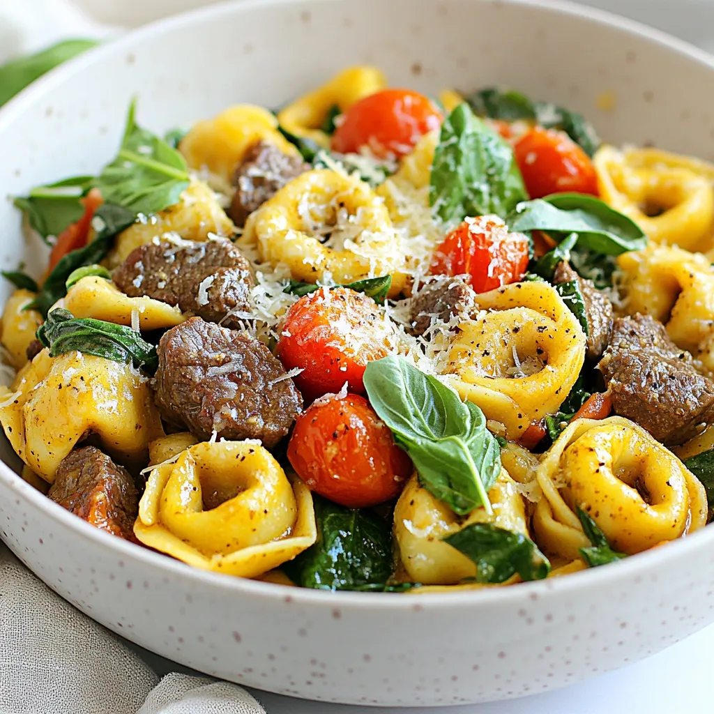 - 12 oz beef tortellini - 4 tablespoons unsalted butter - 4 garlic cloves, minced - 1 teaspoon dried Italian herbs - 1 cup cherry tomatoes, halved - 2 cups fresh spinach - Grated Parmesan cheese for garnish - Fresh basil leaves for garnish - 1/2 teaspoon red pepper flakes - Salt and pepper - Large pot - Skillet - Colander The main ingredients for garlic butter beef tortellini create a rich and tasty dish. You need beef tortellini, which can be homemade or store-bought. Unsalted butter adds a creamy base for flavor. Fresh garlic cloves give a strong, savory taste. Dried Italian herbs bring warmth and depth. Cherry tomatoes add a pop of color and sweetness. Fresh spinach not only adds nutrients but also brightens the dish. Finally, Parmesan cheese and basil elevate the meal with their distinctive flavors. Optional ingredients include red pepper flakes for heat and salt and pepper for seasoning. If you want more spice, add the red pepper flakes. Adjust the salt and pepper to your taste. Using the right equipment makes cooking easy. A large pot helps you boil water and cook the tortellini. A skillet is great for melting butter and sautéing garlic. A colander lets you drain the pasta easily. With these ingredients and tools, you are ready to make a quick, tasty meal that impresses! {{ingredient_image_1}} - Bring a large pot of salted water to a boil. - Add 12 oz of beef tortellini to the pot. - Cook according to package instructions, usually 3-5 minutes. - Drain the tortellini in a colander, but save about a cup of the pasta water. - In a large skillet, melt 4 tablespoons of unsalted butter over medium heat. - Once melted, add 4 minced garlic cloves to the skillet. - Sauté for 1-2 minutes until fragrant, but do not burn the garlic. - Stir in 1 teaspoon of dried Italian herbs and 1/2 teaspoon of red pepper flakes if you like some heat. - Toss in 1 cup of halved cherry tomatoes into the skillet. - Cook for about 3-4 minutes until they soften. - Now, add the cooked tortellini and 2 cups of fresh spinach to the skillet. - Gently mix everything together. - If the sauce is too thick, add some reserved pasta water to reach the right consistency. - Season with salt and pepper to taste. Keep stirring until the spinach wilts and everything is hot. To make this dish shine, start with the right tortellini. I love using beef tortellini for its rich flavor. You can find it in most stores, or you can make your own. Homemade tortellini gives you control over the filling. If you go this route, remember to keep it simple and delicious. For cooking, boiling the tortellini just right is key. Fill a large pot with salted water and bring it to a boil. Add the tortellini and cook until al dente. This often takes 3-5 minutes, depending on the brand. Drain them well but save a cup of that pasta water. It helps to create the sauce later. To boost the flavor, think about adding more herbs and spices. Fresh herbs like thyme or rosemary can elevate the dish. You can also use extra garlic if you love that taste. A pinch of salt and pepper is a must to balance out the rich butter. If you want a kick, consider red pepper flakes. Just a half teaspoon can add heat. Mix and match your favorite herbs to create a unique blend. Taste as you go to find the perfect balance for you. When serving this dish, think about sides. A light salad pairs well with the rich tortellini. You could try a simple arugula salad with lemon vinaigrette. It adds a fresh contrast to the meal. For garnishes, grated Parmesan cheese brings a nice touch. A sprinkle of fresh basil leaves adds color and flavor. Serve everything hot for the best experience. Your guests will love the beautiful presentation. Pro Tips Use Fresh Ingredients: Fresh spinach and ripe cherry tomatoes will enhance the flavor of the dish, making it taste vibrant and delicious. Don’t Overcook the Tortellini: Cook the tortellini just until al dente; it will continue to cook slightly when mixed with the sauce. Customize the Spice Level: Adjust the amount of red pepper flakes according to your spice tolerance; you can also omit it for a milder dish. Save Pasta Water: The starchy pasta water can be a great addition to thicken the sauce and help it adhere to the tortellini. {{image_2}} You can switch up the protein in this dish. Try chicken or sausage instead of beef. Ground turkey works well too. For a vegetarian option, use mushrooms or a mix of your favorite veggies. Adding vegetables can boost flavor and nutrition. You might add bell peppers, zucchini, or broccoli. These choices add nice colors and textures to your meal. If you need gluten-free options, look for gluten-free tortellini. Many brands now offer these. You can also make your own with gluten-free flour. For vegan modifications, use plant-based tortellini. Swap butter for olive oil or vegan butter. You can also use nutritional yeast instead of cheese for a cheesy taste. Want a creamier sauce? Add a splash of heavy cream or sour cream while mixing. This will make the dish rich and smooth. Different cheeses can also change the flavor. Try adding ricotta or mozzarella for creaminess. Feta or goat cheese can add a tangy twist. Experiment with what you love! To store leftovers in the refrigerator, let the dish cool first. Transfer the garlic butter beef tortellini into an airtight container. Make sure to seal it tightly to keep out air and moisture. You can store it in the fridge for up to three days. When you’re ready to eat, just take it out and reheat. For long-term storage, freezing works well. Place the cooled tortellini in a freezer-safe container or a heavy-duty freezer bag. Squeeze out as much air as you can before sealing. You can freeze it for up to three months. When you want to eat it, thaw it in the fridge overnight. To reheat without losing texture, the best method is to use the stovetop. Place the tortellini in a skillet with a splash of water or broth. Heat it slowly over medium heat, stirring gently. This method keeps the pasta from drying out. You can also use the microwave, but add a little water and cover it to keep moisture in. I recommend using beef tortellini for this dish. It adds great flavor and texture. You can find it fresh or frozen at most grocery stores. If you prefer a different filling, cheese tortellini works well too. The key is to choose a tortellini that you enjoy. Yes, you can make garlic butter beef tortellini ahead of time. Cook the dish, let it cool, and then store it in the fridge. It stays good for about 3 days. When you're ready to eat, just reheat it gently on the stove. You might need to add a splash of water to help with the sauce. To spice things up, add more red pepper flakes. You can also use fresh chili peppers for a bolder kick. If you like heat, consider adding a dash of hot sauce when serving. Just remember to taste as you go to find the right level of spice for you. Absolutely! Frozen tortellini works great in this recipe. Just cook it according to the package instructions. It will taste just as good as fresh. This option is perfect for quick meals when you're short on time. I suggest serving a simple salad with mixed greens and a light vinaigrette. Garlic bread pairs nicely too, adding a crunchy texture. Steamed vegetables like broccoli or green beans also complement the dish. Choose sides that balance the rich flavors of the tortellini. This recipe for garlic butter beef tortellini offers tasty steps and easy ingredients. You learned how to cook tortellini, sauté aromatics, and mix in fresh veggies. I also shared tips for perfect flavor and ways to customize your dish. Remember, you can make it your own with different proteins or vegetables. Enjoy your delicious meal and make sure to store leftovers properly. Cooking can be fun and simple with the right guidance. Create your own tasty moments with this dish!