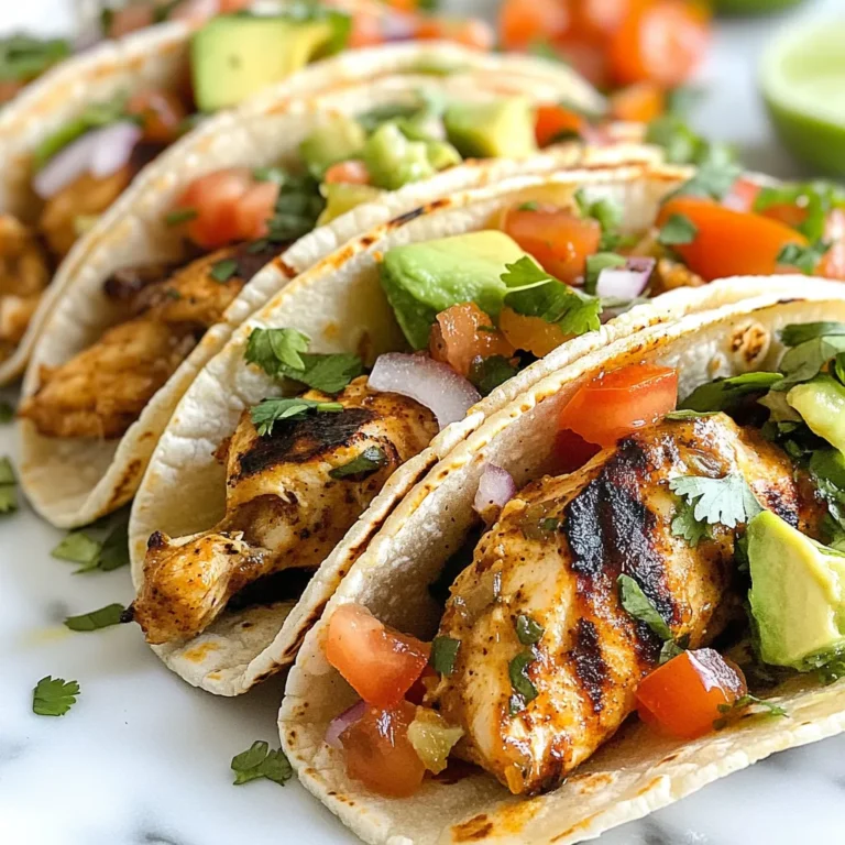 To make tasty Chipotle Chicken, gather these main ingredients: - 1 lb boneless, skinless chicken thighs - 2 tablespoons chipotle peppers in adobo sauce, minced - 1 tablespoon olive oil - 1 teaspoon smoked paprika - 1 teaspoon cumin - 1 teaspoon garlic powder - Salt and black pepper to taste These ingredients create a flavorful marinade. The chipotle peppers add heat and depth. Chicken thighs keep the meat juicy and tender when cooked. You can make your tacos shine with these optional toppings: - 8 small corn tortillas - 1 cup diced tomatoes - 1/2 cup red onion, finely chopped - 1 avocado, sliced - Fresh cilantro for garnish - Lime wedges for serving These toppings bring freshness and crunch. Tomatoes and avocado add creaminess. The lime gives a bright zing to each bite. Corn tortillas work best for these tacos. They add a nice texture and flavor. Look for small-sized tortillas. They should be soft and pliable. You can warm them on the grill for a few seconds. This step makes them even better for holding your fillings. Using fresh tortillas can really enhance the taste. If you prefer flour, go for it, but corn is the classic choice here. {{ingredient_image_1}} To start, gather your ingredients. In a mixing bowl, combine these items: - 2 tablespoons chipotle peppers in adobo sauce, minced - 1 tablespoon olive oil - 1 teaspoon smoked paprika - 1 teaspoon cumin - 1 teaspoon garlic powder - Salt and black pepper to taste Mix them well until you get a smooth paste. This marinade packs a spicy punch. It will bring great flavor to the chicken. Next, take 1 pound of boneless, skinless chicken thighs. Add them to the marinade. Make sure each piece is well coated. Cover the bowl with plastic wrap. Place it in the fridge for at least 30 minutes. If you have time, let it marinate overnight. This will help the chicken soak up all the tasty flavors. When you're ready to cook, preheat your grill or grill pan. Set it to medium-high heat. Once hot, remove the chicken from the marinade. Grill the chicken for about 5 to 7 minutes on each side. You want the chicken to reach an internal temperature of 165°F (75°C). After grilling, let the chicken rest for a few minutes. This keeps it juicy. While it rests, warm 8 small corn tortillas on the grill for about 30 seconds on each side. Now, slice the grilled chicken into thin strips. You are ready to build your tacos! To get that real taste, use fresh chipotle peppers in adobo sauce. They add heat and a rich, smoky flavor. Marinate the chicken for at least 30 minutes, but overnight is even better. This helps the spices seep into the meat, making it juicy and tasty. Don’t skip the smoked paprika; it adds depth and warmth to the dish. Grilling is the best way to cook the chicken. It gives a nice char and keeps it moist. Preheat the grill well. Cook each side for about 5 to 7 minutes. The chicken is done when it reaches 165°F (75°C). Let it rest for a few minutes before slicing. This keeps the juices inside, making every bite tender. Serve the tacos with fresh toppings. Diced tomatoes and red onions add crunch. Sliced avocado brings creaminess. Don’t forget the cilantro for a pop of freshness. Lime wedges are key for squeezing over the tacos. They brighten the flavors and add a zesty kick. For a fun touch, let everyone build their own tacos! Pro Tips Marinate Longer for More Flavor: For the best flavor, let the chicken marinate overnight. This allows the spices to penetrate the meat more deeply, resulting in a juicier and more flavorful chicken. Use a Meat Thermometer: To ensure perfectly cooked chicken, use a meat thermometer to check the internal temperature. It should reach 165°F (75°C) for safe consumption. Warm Tortillas Properly: Warming the tortillas on the grill adds a smoky flavor and makes them more pliable. Be sure to keep an eye on them to prevent burning. Customize Your Toppings: Feel free to mix and match your favorite toppings! Consider adding shredded cabbage, jalapeños, or a drizzle of sour cream for extra flavor. {{image_2}} If you want a meat-free meal, try using mushrooms or jackfruit. Both options soak up flavors well. You can use the same marinade from the chicken. Simply grill or sauté the mushrooms or jackfruit until tender. Add your toppings just as you would with the chicken. You can swap chicken for other proteins. Try pork, shrimp, or beef. Each protein will change the taco's taste. For pork, use carnitas with similar spices. For shrimp, grill with a quick marinade. For beef, thinly slice and cook to your liking. All these proteins taste great with the same toppings. Add extra spices or toppings to boost flavor. Try fresh jalapeños for heat. Pickled red onions add tang. A drizzle of crema gives creaminess. Use fresh herbs, like mint or parsley, for a fresh taste. You can also try different hot sauces or salsas. These small changes make each taco unique and fun. After enjoying your tasty tacos, store leftovers in an airtight container. Make sure they cool down first. Keep them in the fridge if you plan to eat them in a few days. They should stay fresh for up to three days. You can also separate the chicken from the toppings. This helps keep everything fresh. To reheat the chicken, use a skillet over medium heat. Add a little olive oil to keep the chicken moist. Heat for about five minutes, stirring often. If you prefer the oven, preheat it to 350°F (175°C). Place the chicken in a baking dish and cover it with foil. Heat for about 10 minutes. For tortillas, warm them in a dry skillet for 30 seconds on each side. To freeze your leftovers, place the chicken in a freezer-safe bag. Remove as much air as possible before sealing. This helps prevent freezer burn. You can freeze the chicken for up to three months. If you want to freeze tortillas, stack them with parchment paper between each one. Wrap tightly and place in a freezer bag. When ready to eat, thaw everything in the fridge overnight before reheating. If you can't find chipotle peppers, use smoked paprika for a similar taste. You can also try adding cayenne pepper or even sriracha sauce for some heat. These options give your dish a great flavor. Just remember, they may alter the taste a bit. To kick up the heat, add more chipotle peppers to the marinade. You can also sprinkle some red pepper flakes on top of the tacos. Slicing fresh jalapeños and adding them as a topping works well too. For a bold flavor, drizzle hot sauce over your tacos right before serving. Yes, you can use flour tortillas if you prefer. They are softer and might hold more toppings. However, corn tortillas have a unique flavor that pairs well with the spicy chicken. Choose what you like best for your tacos. You learned how to make delicious Chipotle chicken. We covered key ingredients, steps, tips, and variations. You can even customize your meal with different proteins and toppings. Remember to store leftovers well for future enjoyment. Experimenting with flavors keeps it exciting. Now, it’s your turn to get creative in the kitchen. Enjoy your cooking adventure!