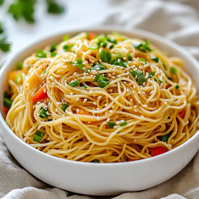 - 8 ounces spaghetti or ramen noodles - 3 tablespoons sesame oil - 4 cloves garlic, minced - 2 tablespoons low-sodium soy sauce - 1 tablespoon rice vinegar - 2 tablespoons honey or maple syrup - 1 teaspoon red pepper flakes - 3 green onions, finely chopped - 2 tablespoons toasted sesame seeds - Fresh cilantro leaves for garnish - Optional: 1 cup mixed vegetables Gather these simple ingredients for your sesame garlic noodles. The noodles form the base of the dish. You can choose between spaghetti or ramen, depending on your preference. The sesame oil brings a rich, nutty flavor to the mix. Garlic adds a punch, making the dish fragrant and tasty. Low-sodium soy sauce gives it that savory depth without too much salt. Rice vinegar adds a slight tang, balancing the sweetness from honey or maple syrup. Red pepper flakes offer a mild kick, but you can adjust this to your taste. Green onions add freshness and crunch, while toasted sesame seeds provide texture. If you want to add color and nutrients, mixed vegetables work great too. Fresh cilantro leaves give a bright finish, making the dish visually appealing. Make sure to have everything ready before you start cooking. This will help you move quickly and easily through the steps. Happy cooking! {{ingredient_image_1}} First, bring a pot of water to a boil. Add 8 ounces of spaghetti or ramen noodles. Cook the noodles according to the package instructions. This usually takes about 8 to 10 minutes. Stir the noodles to keep them from sticking. When they are done, drain the noodles in a colander. Rinsing is super important! Rinse the noodles under cold water. This stops the cooking and keeps them from sticking together. Set them aside while you make the sauce. In a large skillet or wok, heat 3 tablespoons of sesame oil over medium heat. You want the oil hot but not smoking. Add 4 cloves of minced garlic. Sauté the garlic for about 1 to 2 minutes. Stir it often and watch it carefully. Garlic can burn quickly, and burnt garlic does not taste good. Now, it’s time to add flavor! Stir in 2 tablespoons of low-sodium soy sauce, 1 tablespoon of rice vinegar, 2 tablespoons of honey or maple syrup, and 1 teaspoon of red pepper flakes. Mix everything well. If you want to add some color and crunch, toss in 1 cup of mixed vegetables like bell pepper, snap peas, and carrots. Sauté the veggies for about 3 to 4 minutes. They should be tender but still crisp. Next, add the cooked noodles to the skillet. Toss them well in the sauce and vegetables. You want every noodle to be coated. Heat everything together for another 1 to 2 minutes. This makes sure the noodles soak up all the tasty sauce. Finally, remove the skillet from heat. Fold in 3 finely chopped green onions and 2 tablespoons of toasted sesame seeds. Serve the noodles hot, garnished with fresh cilantro leaves for an extra burst of flavor. Enjoy your savory sesame garlic noodles! To avoid overcooking garlic, always sauté it on medium heat. Cook it for just 1-2 minutes. Watch it closely, so it stays golden and fragrant, not brown. Too much heat can make it bitter. For vegetables, sauté them for about 3-4 minutes. They should be tender-crisp. Bell peppers, snap peas, and carrots work well. Add them right after the garlic for best results. When serving sesame garlic noodles, use a large bowl for an inviting look. Drizzle a little sesame oil on top for shine. A sprinkle of extra sesame seeds adds texture and flair. Garnish with fresh cilantro leaves. They give a bright flavor that complements the dish. You can also add green onions for extra crunch and color. If you have dietary restrictions, try different noodles. Use gluten-free options, like rice noodles. They work great with the sauce. For sauces, low-sodium soy sauce is best, but you can use tamari for gluten-free. If you want a sweeter taste, maple syrup is a nice substitute for honey. Pro Tips Use Fresh Garlic: Freshly minced garlic enhances the flavor significantly compared to pre-minced options. Adjust Spice Level: Feel free to increase or decrease the red pepper flakes based on your spice tolerance. Perfect Noodle Texture: Rinse the noodles under cold water after cooking to stop the cooking process and prevent them from becoming mushy. Garnish Creatively: Experiment with garnishes like crushed peanuts or chili oil for added flavor and texture. {{image_2}} You can add protein to your sesame garlic noodles for a filling meal. Some great options include: - Chicken: Cook diced chicken in the skillet for about 5-7 minutes until browned. - Shrimp: Add shrimp to the skillet for 3-4 minutes until they turn pink and opaque. - Tofu: Use firm or extra-firm tofu. Sauté it for 5-6 minutes until golden on all sides. These proteins enhance flavor and texture, making the dish more satisfying. You can easily keep this dish plant-based. To make it vegetarian or vegan, simply replace honey with maple syrup or agave nectar. This keeps the sweetness without using animal products. You can also add extra veggies like bell peppers, snap peas, or carrots to boost nutrition and flavor. Adjusting spice levels can personalize your dish. If you like it spicier, add more red pepper flakes. For a milder taste, reduce the amount or leave it out. You can also mix in different herbs and spices. Consider adding: - Fresh basil or cilantro for a fresh twist. - Ginger for a zesty kick. - Sesame seeds for added crunch. Experimenting with these options will give your sesame garlic noodles new life. Enjoy the process of making it uniquely yours! To store leftover sesame garlic noodles, place them in an airtight container. Make sure they cool to room temperature before sealing. This helps keep them fresh. You can safely eat them within 3 to 5 days when stored properly. Always check for any signs of spoilage before eating. You can freeze sesame garlic noodles for longer storage. First, let them cool completely. Then, place them in freezer-safe bags or containers. Remove as much air as possible to avoid freezer burn. They can last up to 3 months in the freezer. To reheat, thaw them in the fridge overnight. Heat in a skillet over low heat with a splash of water or sesame oil. Stir until warmed through. Incorporating sesame garlic noodles into your meal prep is easy. Cook a big batch at the start of the week. Divide the noodles into portions for lunches or quick dinners. To save time, chop your vegetables in advance. Store them in separate containers in the fridge. This way, you can quickly toss them into the noodles when cooking. Sesame garlic noodles are a simple yet tasty dish. They feature noodles tossed in a rich sauce made with garlic and sesame oil. The sauce combines soy sauce, rice vinegar, and a sweet touch from honey or maple syrup. This dish is quick to prepare and full of flavor. You can enjoy it as a main course or a side dish. The dish often has a sprinkle of toasted sesame seeds and fresh green onions for extra crunch. Yes, you can make sesame garlic noodles gluten-free. Substitute regular noodles with gluten-free options like rice noodles or gluten-free spaghetti. These noodles will work well with the rich sauce. Just be sure to check the package for cooking instructions. This way, everyone can enjoy the delicious flavors without worry. To adjust the spice level, simply change the amount of red pepper flakes. For a milder sauce, use less than a teaspoon. If you want more heat, add more flakes to taste. You can also try adding a splash of hot sauce for extra kick. Adjusting the spice lets you enjoy the dish just how you like it! You learned how to make delicious sesame garlic noodles. We covered key ingredients, cooking steps, and tips for perfect results. You can customize the dish with various proteins, flavors, or dietary options. Don't forget to properly store leftovers for future meals. With these simple steps and your creativity, you can enjoy a tasty dish any time. Now, get cooking and impress your friends and family with this quick meal!