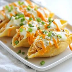 Here is what you need to make Buffalo Chicken Stuffed Shells: - Jumbo pasta shells (20) - Cooked shredded chicken (2 cups) - Buffalo sauce (1 cup, adjust to taste) - Cream cheese (1 cup, softened) - Shredded cheddar cheese (1 cup) - Blue cheese crumbles (1/2 cup, optional) - Ranch dressing (1/2 cup) - Minced garlic (1 clove) - Salt and pepper (to taste) - Chopped green onions (for garnish) Gather these ingredients to get started on this flavorful dish. The jumbo pasta shells will hold all those tasty fillings. Cooked shredded chicken gives it a rich flavor. Adjust the buffalo sauce for your spice level. Cream cheese helps bind the filling, while cheddar cheese adds a nice melt. Blue cheese crumbles are optional but add a punch of flavor. Ranch dressing balances the heat with creaminess. Minced garlic gives you that extra kick. Don’t forget salt and pepper to season to your liking. Lastly, chopped green onions provide a fresh touch for garnish. This mix of ingredients makes each bite a delight! {{ingredient_image_1}} - Preheat your oven to 375°F (190°C). - Cook 20 jumbo pasta shells until they are al dente. Drain them and set aside. - In a large bowl, mix 2 cups of shredded chicken, 1 cup of buffalo sauce, 1 cup of softened cream cheese, and 1 minced garlic clove. - Stir until everything is well combined. Season with salt and pepper to your taste. - Take each cooked shell and stuff it generously with the chicken mixture. - Place the stuffed shells in a greased 9x13 inch baking dish. - Drizzle 1/2 cup of ranch dressing over the stuffed shells. - Sprinkle 1 cup of shredded cheddar cheese and optional 1/2 cup of blue cheese on top. - Cover the dish with aluminum foil and bake for 20 minutes. - Remove the foil and bake for another 10-15 minutes until the cheese is bubbly and golden. - Let it cool for a few minutes before serving. Garnish with chopped green onions for a fresh touch. You can adjust the spice level of your stuffed shells by changing the amount of buffalo sauce. If you want more heat, add more sauce. For a milder taste, use less sauce. You can also mix different sauces for unique flavors. For cheese substitutions, try using mozzarella or pepper jack. Each cheese brings its own flavor and texture. Mixing cheeses can create a delightful variation. Experiment and find the blend you love best. Serving your stuffed shells on a nice platter adds a special touch. Drizzle extra buffalo sauce around the dish for color. This makes the meal look inviting. You can also add fresh celery sticks and carrot sticks on the side. These crunchy veggies complement the dish well. Chopped green onions make a great garnish. They add color and a bit of freshness. Sprinkle them on top just before serving. To ensure your shells cook perfectly, boil them until they are al dente. This means they should be firm but not hard. Drain the shells carefully and let them cool slightly before stuffing. For a bubbly cheese topping, cover the dish with foil during the first part of baking. This keeps moisture in. Remove the foil later to let the cheese brown nicely. Keep an eye on them so they don’t burn. Enjoy the deliciously gooey result! Pro Tips Adjust the Spice Level: If you prefer a milder dish, reduce the amount of buffalo sauce or use a milder variety. You can also mix in some sour cream to balance the heat. Make Ahead: Prepare the stuffed shells a day in advance and store them covered in the refrigerator. Bake them just before serving for a quick and easy meal. Cheese Variations: Feel free to experiment with different cheese blends! Mozzarella, pepper jack, or even a blend of Italian cheeses can add unique flavors. Garnish Creatively: Besides green onions, consider adding crumbled bacon or chopped fresh herbs like parsley or cilantro for an extra pop of flavor and color. {{image_2}} You can make a lighter version of this dish by adding veggies. Try using spinach, bell peppers, or zucchini. These add flavor and nutrition. Mix the veggies into the buffalo chicken filling. You can also layer them in the baking dish. This makes each bite colorful and fun. You don’t have to stick to chicken. Shredded rotisserie chicken works great too. It saves time and adds flavor. For a leaner choice, try shredded turkey. Both options keep the dish tasty and filling. Just mix them with the buffalo sauce and other ingredients as usual. Hot sauce lovers can have fun experimenting here. You might try different brands or flavors of hot sauce. Each type can change the taste in a cool way. For a smokier flavor, use chipotle sauce. If you like it sweet, try a honey buffalo sauce. Mix it into the filling for a unique twist! To keep your stuffed shells fresh, let them cool first. Place them in an airtight container. You can store them in the fridge for up to three days. If you want to keep them longer, freezing is a great option. To freeze your stuffed shells, wrap them tightly in plastic wrap. Then place them in a freezer-safe bag or container. They can stay in the freezer for up to three months. When you’re ready to eat, thaw them in the fridge overnight. Reheat your stuffed shells in the oven for the best taste. Preheat your oven to 350°F (175°C). Place the shells in a baking dish. Cover with foil to keep moisture in. Heat for about 20 minutes or until warmed through. Enjoy the same great flavor and texture! Yes, you can prepare the stuffed shells ahead. Just follow the recipe and assemble the shells. Cover them tightly and store in the fridge. When you're ready to bake, let them sit at room temperature for about 30 minutes. This helps them cook evenly. Then, bake as directed. It makes weeknight dinners easier. If you need a substitute for cream cheese, try using sour cream or Greek yogurt. Both will add creaminess. You can also use ricotta cheese for a different flavor. Each option changes the taste a little, but they all work well. The spice level depends on the buffalo sauce you use. Most sauces have a good kick. You can adjust the heat by adding less sauce or using a milder brand. If you want more spice, add hot sauce to the filling or on top. Great sides for Buffalo Chicken Stuffed Shells include fresh celery sticks and carrot sticks. They add a nice crunch. A simple green salad also pairs well. If you like it spicy, try serving with some blue cheese dressing for dipping. Leftovers can last in the fridge for about 3 to 4 days. Store them in an airtight container to keep them fresh. To reheat, just warm them in the oven or microwave. Enjoy them again without losing flavor! Buffalo Chicken Stuffed Shells are a fun and tasty dish. You can easily make them with simple ingredients like jumbo shells, shredded chicken, and cream cheese. We've covered how to prep, fill, and bake these shells, plus some great tips for customizing your meal. Don't forget to try out the veggie and alternate protein options. Finally, remember to store your leftovers properly for later enjoyment. Enjoy your cooking adventure and make mealtime special!