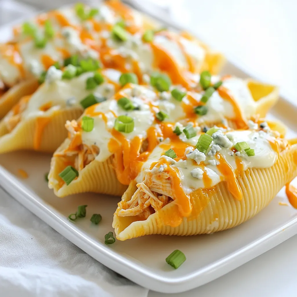 Here is what you need to make Buffalo Chicken Stuffed Shells: - Jumbo pasta shells (20) - Cooked shredded chicken (2 cups) - Buffalo sauce (1 cup, adjust to taste) - Cream cheese (1 cup, softened) - Shredded cheddar cheese (1 cup) - Blue cheese crumbles (1/2 cup, optional) - Ranch dressing (1/2 cup) - Minced garlic (1 clove) - Salt and pepper (to taste) - Chopped green onions (for garnish) Gather these ingredients to get started on this flavorful dish. The jumbo pasta shells will hold all those tasty fillings. Cooked shredded chicken gives it a rich flavor. Adjust the buffalo sauce for your spice level. Cream cheese helps bind the filling, while cheddar cheese adds a nice melt. Blue cheese crumbles are optional but add a punch of flavor. Ranch dressing balances the heat with creaminess. Minced garlic gives you that extra kick. Don’t forget salt and pepper to season to your liking. Lastly, chopped green onions provide a fresh touch for garnish. This mix of ingredients makes each bite a delight! {{ingredient_image_1}} - Preheat your oven to 375°F (190°C). - Cook 20 jumbo pasta shells until they are al dente. Drain them and set aside. - In a large bowl, mix 2 cups of shredded chicken, 1 cup of buffalo sauce, 1 cup of softened cream cheese, and 1 minced garlic clove. - Stir until everything is well combined. Season with salt and pepper to your taste. - Take each cooked shell and stuff it generously with the chicken mixture. - Place the stuffed shells in a greased 9x13 inch baking dish. - Drizzle 1/2 cup of ranch dressing over the stuffed shells. - Sprinkle 1 cup of shredded cheddar cheese and optional 1/2 cup of blue cheese on top. - Cover the dish with aluminum foil and bake for 20 minutes. - Remove the foil and bake for another 10-15 minutes until the cheese is bubbly and golden. - Let it cool for a few minutes before serving. Garnish with chopped green onions for a fresh touch. You can adjust the spice level of your stuffed shells by changing the amount of buffalo sauce. If you want more heat, add more sauce. For a milder taste, use less sauce. You can also mix different sauces for unique flavors. For cheese substitutions, try using mozzarella or pepper jack. Each cheese brings its own flavor and texture. Mixing cheeses can create a delightful variation. Experiment and find the blend you love best. Serving your stuffed shells on a nice platter adds a special touch. Drizzle extra buffalo sauce around the dish for color. This makes the meal look inviting. You can also add fresh celery sticks and carrot sticks on the side. These crunchy veggies complement the dish well. Chopped green onions make a great garnish. They add color and a bit of freshness. Sprinkle them on top just before serving. To ensure your shells cook perfectly, boil them until they are al dente. This means they should be firm but not hard. Drain the shells carefully and let them cool slightly before stuffing. For a bubbly cheese topping, cover the dish with foil during the first part of baking. This keeps moisture in. Remove the foil later to let the cheese brown nicely. Keep an eye on them so they don’t burn. Enjoy the deliciously gooey result! Pro Tips Adjust the Spice Level: If you prefer a milder dish, reduce the amount of buffalo sauce or use a milder variety. You can also mix in some sour cream to balance the heat. Make Ahead: Prepare the stuffed shells a day in advance and store them covered in the refrigerator. Bake them just before serving for a quick and easy meal. Cheese Variations: Feel free to experiment with different cheese blends! Mozzarella, pepper jack, or even a blend of Italian cheeses can add unique flavors. Garnish Creatively: Besides green onions, consider adding crumbled bacon or chopped fresh herbs like parsley or cilantro for an extra pop of flavor and color. {{image_2}} You can make a lighter version of this dish by adding veggies. Try using spinach, bell peppers, or zucchini. These add flavor and nutrition. Mix the veggies into the buffalo chicken filling. You can also layer them in the baking dish. This makes each bite colorful and fun. You don’t have to stick to chicken. Shredded rotisserie chicken works great too. It saves time and adds flavor. For a leaner choice, try shredded turkey. Both options keep the dish tasty and filling. Just mix them with the buffalo sauce and other ingredients as usual. Hot sauce lovers can have fun experimenting here. You might try different brands or flavors of hot sauce. Each type can change the taste in a cool way. For a smokier flavor, use chipotle sauce. If you like it sweet, try a honey buffalo sauce. Mix it into the filling for a unique twist! To keep your stuffed shells fresh, let them cool first. Place them in an airtight container. You can store them in the fridge for up to three days. If you want to keep them longer, freezing is a great option. To freeze your stuffed shells, wrap them tightly in plastic wrap. Then place them in a freezer-safe bag or container. They can stay in the freezer for up to three months. When you’re ready to eat, thaw them in the fridge overnight. Reheat your stuffed shells in the oven for the best taste. Preheat your oven to 350°F (175°C). Place the shells in a baking dish. Cover with foil to keep moisture in. Heat for about 20 minutes or until warmed through. Enjoy the same great flavor and texture! Yes, you can prepare the stuffed shells ahead. Just follow the recipe and assemble the shells. Cover them tightly and store in the fridge. When you're ready to bake, let them sit at room temperature for about 30 minutes. This helps them cook evenly. Then, bake as directed. It makes weeknight dinners easier. If you need a substitute for cream cheese, try using sour cream or Greek yogurt. Both will add creaminess. You can also use ricotta cheese for a different flavor. Each option changes the taste a little, but they all work well. The spice level depends on the buffalo sauce you use. Most sauces have a good kick. You can adjust the heat by adding less sauce or using a milder brand. If you want more spice, add hot sauce to the filling or on top. Great sides for Buffalo Chicken Stuffed Shells include fresh celery sticks and carrot sticks. They add a nice crunch. A simple green salad also pairs well. If you like it spicy, try serving with some blue cheese dressing for dipping. Leftovers can last in the fridge for about 3 to 4 days. Store them in an airtight container to keep them fresh. To reheat, just warm them in the oven or microwave. Enjoy them again without losing flavor! Buffalo Chicken Stuffed Shells are a fun and tasty dish. You can easily make them with simple ingredients like jumbo shells, shredded chicken, and cream cheese. We've covered how to prep, fill, and bake these shells, plus some great tips for customizing your meal. Don't forget to try out the veggie and alternate protein options. Finally, remember to store your leftovers properly for later enjoyment. Enjoy your cooking adventure and make mealtime special!