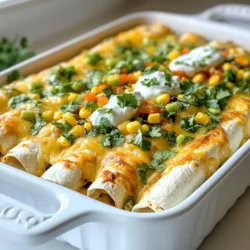 For my Skinny Chicken Enchiladas, I use simple, fresh ingredients. Here’s what you’ll need: - 2 cups shredded cooked chicken - 1 cup black beans, rinsed and drained - 1 cup corn kernels (fresh or frozen) - 1 red bell pepper, diced - 1 small onion, finely chopped - 1 teaspoon cumin - 1 teaspoon chili powder - 8 whole wheat tortillas - 1 cup low-fat Greek yogurt - 1 cup salsa verde - 1 cup shredded low-fat cheese (cheddar or Mexican blend) - Fresh cilantro, for garnish - Salt and pepper, to taste Each ingredient in these enchiladas has its perks: - Shredded chicken is a great source of protein. It helps build and repair muscles. - Black beans provide fiber and protein. They help keep you full and support digestion. - Corn adds natural sweetness and vitamins. It also gives a nice crunch. - Red bell pepper is loaded with vitamin C. It boosts your immune system and adds color. - Onion adds flavor and antioxidants. It may help reduce inflammation in the body. - Cumin and chili powder enhance taste. They also have antioxidant properties. - Whole wheat tortillas offer more fiber than regular ones. They help with digestion and keep you satisfied. - Low-fat Greek yogurt is creamy and rich in protein. It’s a healthier alternative to sour cream. - Salsa verde brings zest and is low in calories. It adds flavor without extra fat. - Shredded low-fat cheese gives that cheesy goodness with fewer calories. - Fresh cilantro adds a pop of freshness and flavor. It’s low in calories, too. You can customize this recipe based on what you have: - Use shredded rotisserie chicken for quick prep. - Swap black beans for pinto beans or lentils if you prefer. - Use frozen mixed veggies instead of corn and bell pepper for ease. - If you don’t like Greek yogurt, try low-fat sour cream or avocado for creaminess. - Tomato salsa can replace salsa verde if you want a different flavor. - Try gluten-free tortillas if you need to avoid gluten. - You can use vegan cheese for a dairy-free option. Feel free to mix and match these ingredients. Make the recipe your own! {{ingredient_image_1}} First, gather your ingredients. You need cooked chicken, black beans, corn, and spices. I like to use a large skillet. Heat a little olive oil over medium heat. Add the chopped onion and diced bell pepper. Cook them for about five minutes until they are soft. Then, mix in the shredded chicken, black beans, corn, cumin, and chili powder. Season with salt and pepper. Stir everything together and cook for three to four more minutes. Make sure it heats up nicely. Now it’s time to put it all together. Take a whole wheat tortilla and place it on a flat surface. Spoon a generous amount of the chicken filling into the center. Add a drizzle of Greek yogurt on top for creaminess. Roll the tortilla tightly and place it seam-side down in a baking dish. Do this for all tortillas. Once they are in the dish, spread some salsa verde on top. Sprinkle shredded low-fat cheese over the enchiladas. This helps create a delicious, melted topping. Preheat your oven to 375°F (190°C). Cover the baking dish with aluminum foil. Bake for 20 minutes to let the flavors meld. Next, remove the foil and bake for another 10 minutes. This helps the cheese to melt and bubble nicely. After baking, let them cool for a few minutes. This helps avoid burns when serving. Enjoy your enchiladas with fresh cilantro on top! To make your skinny chicken enchiladas healthy, choose low-calorie options. Look for lean chicken without skin. Using whole wheat tortillas adds fiber and cuts calories. Fresh veggies, like red bell peppers and onions, boost nutrients without many calories. Opt for low-fat cheese to keep it tasty and light. Finally, replace sour cream with low-fat Greek yogurt for extra protein and fewer calories. You can add great flavor without adding calories. Spices like cumin and chili powder give depth to your chicken mixture. Fresh herbs, like cilantro, bring brightness and freshness. Try adding lime juice for a zesty kick. Salsa verde adds moisture and flavor without the need for heavy sauces. These simple swaps help keep the dish light while still being full of taste. Avoid using high-calorie sauces, like regular sour cream or heavy cheese. These can quickly add extra calories. Don’t skip the seasoning; bland food is less appealing. Make sure to heat your filling well before wrapping it in tortillas. This helps the flavors blend and makes for a better dish. Lastly, don’t overfill your tortillas. This can cause them to tear and make a mess when baking. Pro Tips Use Rotisserie Chicken: For a quicker prep time, use store-bought rotisserie chicken. Just shred it and mix it into your filling. Customize Your Veggies: Feel free to add other vegetables like zucchini or spinach to the filling for extra nutrition and flavor. Make Ahead: These enchiladas can be assembled and stored in the refrigerator for up to 24 hours before baking. Just cover tightly with foil. Spice It Up: Adjust the heat level by adding diced jalapeños or swapping salsa verde for a spicier salsa. {{image_2}} You can easily make a vegetarian version of these enchiladas. Simply swap the chicken for 2 cups of diced mushrooms or zucchini. Add more black beans or even some diced sweet potatoes for a hearty filling. You can use the same spices to keep the flavor rich. If you want to cut carbs, use lettuce wraps instead of tortillas. Simply take large lettuce leaves and fill them with the chicken mix. You can also try using cauliflower tortillas. They are a great way to reduce carbs while keeping that tasty enchilada vibe. To spice things up, add jalapeños or a dash of hot sauce to the filling. If you prefer mild flavors, skip the spices or use less chili powder. You can also top the enchiladas with avocado slices or fresh lime juice for a fresh taste. To store leftover enchiladas, place them in an airtight container. Make sure they cool down first. You can keep them in the fridge for up to three days. If you don’t plan to eat them soon, freezing is a great option. When reheating, I suggest using the oven for the best texture. Preheat your oven to 350°F (175°C). Place the enchiladas in a baking dish and cover them with foil. Heat for about 15-20 minutes, or until warmed through. This keeps the tortillas soft and the cheese melty. To freeze enchiladas, wrap each one in plastic wrap. Then place them in a freezer bag. They can last for about three months in the freezer. When you’re ready to enjoy, thaw them in the fridge overnight and follow the reheating instructions above. This way, you always have a tasty meal ready to go! Yes, you can prepare these enchiladas in advance. Just assemble them and cover with foil. You can store them in the fridge for up to 24 hours. When ready, bake as directed. This makes meal planning easy. If you do not have Greek yogurt, you can use sour cream or plain yogurt. Both options work well. They give a similar creamy texture. You can also try a dairy-free yogurt for a vegan option. Absolutely! These enchiladas are great for meal prep. They store well in the fridge. You can pack them in individual portions. This makes for quick lunches or dinners during the week. To spice up your enchiladas, add jalapeños to the filling. You can also use hot salsa instead of salsa verde. Another option is to sprinkle chili flakes on top before serving. Adjust the heat to your liking. Yes, you can use corn tortillas or regular flour tortillas. Both options will work. Just make sure they are the right size to hold the filling. This way, you keep the essence of the dish while using what you have on hand. We explored the key ingredients in skinny chicken enchiladas, highlighting their benefits. I shared step-by-step instructions for perfect preparation and assembly. We discussed tips for choosing low-calorie options and avoiding common mistakes. Variations included vegetarian and low-carb alternatives for added flavor. Lastly, I provided storage and reheating tips for leftovers. These enchiladas are a healthy twist on a classic dish. With simple adjustments, you can enjoy them any way you prefer. Enjoy your cooking!