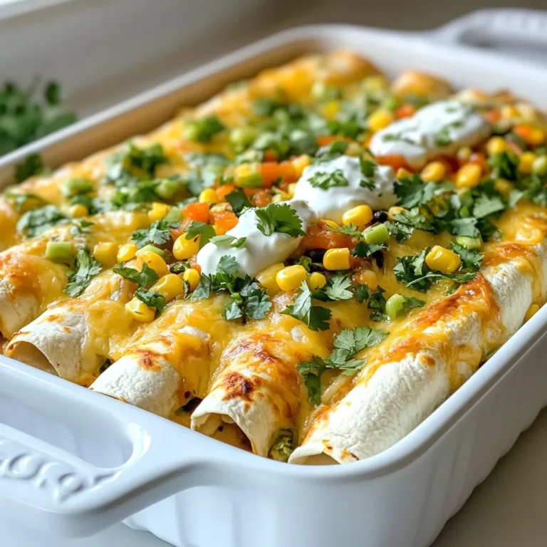 For my Skinny Chicken Enchiladas, I use simple, fresh ingredients. Here’s what you’ll need: - 2 cups shredded cooked chicken - 1 cup black beans, rinsed and drained - 1 cup corn kernels (fresh or frozen) - 1 red bell pepper, diced - 1 small onion, finely chopped - 1 teaspoon cumin - 1 teaspoon chili powder - 8 whole wheat tortillas - 1 cup low-fat Greek yogurt - 1 cup salsa verde - 1 cup shredded low-fat cheese (cheddar or Mexican blend) - Fresh cilantro, for garnish - Salt and pepper, to taste Each ingredient in these enchiladas has its perks: - Shredded chicken is a great source of protein. It helps build and repair muscles. - Black beans provide fiber and protein. They help keep you full and support digestion. - Corn adds natural sweetness and vitamins. It also gives a nice crunch. - Red bell pepper is loaded with vitamin C. It boosts your immune system and adds color. - Onion adds flavor and antioxidants. It may help reduce inflammation in the body. - Cumin and chili powder enhance taste. They also have antioxidant properties. - Whole wheat tortillas offer more fiber than regular ones. They help with digestion and keep you satisfied. - Low-fat Greek yogurt is creamy and rich in protein. It’s a healthier alternative to sour cream. - Salsa verde brings zest and is low in calories. It adds flavor without extra fat. - Shredded low-fat cheese gives that cheesy goodness with fewer calories. - Fresh cilantro adds a pop of freshness and flavor. It’s low in calories, too. You can customize this recipe based on what you have: - Use shredded rotisserie chicken for quick prep. - Swap black beans for pinto beans or lentils if you prefer. - Use frozen mixed veggies instead of corn and bell pepper for ease. - If you don’t like Greek yogurt, try low-fat sour cream or avocado for creaminess. - Tomato salsa can replace salsa verde if you want a different flavor. - Try gluten-free tortillas if you need to avoid gluten. - You can use vegan cheese for a dairy-free option. Feel free to mix and match these ingredients. Make the recipe your own! {{ingredient_image_1}} First, gather your ingredients. You need cooked chicken, black beans, corn, and spices. I like to use a large skillet. Heat a little olive oil over medium heat. Add the chopped onion and diced bell pepper. Cook them for about five minutes until they are soft. Then, mix in the shredded chicken, black beans, corn, cumin, and chili powder. Season with salt and pepper. Stir everything together and cook for three to four more minutes. Make sure it heats up nicely. Now it’s time to put it all together. Take a whole wheat tortilla and place it on a flat surface. Spoon a generous amount of the chicken filling into the center. Add a drizzle of Greek yogurt on top for creaminess. Roll the tortilla tightly and place it seam-side down in a baking dish. Do this for all tortillas. Once they are in the dish, spread some salsa verde on top. Sprinkle shredded low-fat cheese over the enchiladas. This helps create a delicious, melted topping. Preheat your oven to 375°F (190°C). Cover the baking dish with aluminum foil. Bake for 20 minutes to let the flavors meld. Next, remove the foil and bake for another 10 minutes. This helps the cheese to melt and bubble nicely. After baking, let them cool for a few minutes. This helps avoid burns when serving. Enjoy your enchiladas with fresh cilantro on top! To make your skinny chicken enchiladas healthy, choose low-calorie options. Look for lean chicken without skin. Using whole wheat tortillas adds fiber and cuts calories. Fresh veggies, like red bell peppers and onions, boost nutrients without many calories. Opt for low-fat cheese to keep it tasty and light. Finally, replace sour cream with low-fat Greek yogurt for extra protein and fewer calories. You can add great flavor without adding calories. Spices like cumin and chili powder give depth to your chicken mixture. Fresh herbs, like cilantro, bring brightness and freshness. Try adding lime juice for a zesty kick. Salsa verde adds moisture and flavor without the need for heavy sauces. These simple swaps help keep the dish light while still being full of taste. Avoid using high-calorie sauces, like regular sour cream or heavy cheese. These can quickly add extra calories. Don’t skip the seasoning; bland food is less appealing. Make sure to heat your filling well before wrapping it in tortillas. This helps the flavors blend and makes for a better dish. Lastly, don’t overfill your tortillas. This can cause them to tear and make a mess when baking. Pro Tips Use Rotisserie Chicken: For a quicker prep time, use store-bought rotisserie chicken. Just shred it and mix it into your filling. Customize Your Veggies: Feel free to add other vegetables like zucchini or spinach to the filling for extra nutrition and flavor. Make Ahead: These enchiladas can be assembled and stored in the refrigerator for up to 24 hours before baking. Just cover tightly with foil. Spice It Up: Adjust the heat level by adding diced jalapeños or swapping salsa verde for a spicier salsa. {{image_2}} You can easily make a vegetarian version of these enchiladas. Simply swap the chicken for 2 cups of diced mushrooms or zucchini. Add more black beans or even some diced sweet potatoes for a hearty filling. You can use the same spices to keep the flavor rich. If you want to cut carbs, use lettuce wraps instead of tortillas. Simply take large lettuce leaves and fill them with the chicken mix. You can also try using cauliflower tortillas. They are a great way to reduce carbs while keeping that tasty enchilada vibe. To spice things up, add jalapeños or a dash of hot sauce to the filling. If you prefer mild flavors, skip the spices or use less chili powder. You can also top the enchiladas with avocado slices or fresh lime juice for a fresh taste. To store leftover enchiladas, place them in an airtight container. Make sure they cool down first. You can keep them in the fridge for up to three days. If you don’t plan to eat them soon, freezing is a great option. When reheating, I suggest using the oven for the best texture. Preheat your oven to 350°F (175°C). Place the enchiladas in a baking dish and cover them with foil. Heat for about 15-20 minutes, or until warmed through. This keeps the tortillas soft and the cheese melty. To freeze enchiladas, wrap each one in plastic wrap. Then place them in a freezer bag. They can last for about three months in the freezer. When you’re ready to enjoy, thaw them in the fridge overnight and follow the reheating instructions above. This way, you always have a tasty meal ready to go! Yes, you can prepare these enchiladas in advance. Just assemble them and cover with foil. You can store them in the fridge for up to 24 hours. When ready, bake as directed. This makes meal planning easy. If you do not have Greek yogurt, you can use sour cream or plain yogurt. Both options work well. They give a similar creamy texture. You can also try a dairy-free yogurt for a vegan option. Absolutely! These enchiladas are great for meal prep. They store well in the fridge. You can pack them in individual portions. This makes for quick lunches or dinners during the week. To spice up your enchiladas, add jalapeños to the filling. You can also use hot salsa instead of salsa verde. Another option is to sprinkle chili flakes on top before serving. Adjust the heat to your liking. Yes, you can use corn tortillas or regular flour tortillas. Both options will work. Just make sure they are the right size to hold the filling. This way, you keep the essence of the dish while using what you have on hand. We explored the key ingredients in skinny chicken enchiladas, highlighting their benefits. I shared step-by-step instructions for perfect preparation and assembly. We discussed tips for choosing low-calorie options and avoiding common mistakes. Variations included vegetarian and low-carb alternatives for added flavor. Lastly, I provided storage and reheating tips for leftovers. These enchiladas are a healthy twist on a classic dish. With simple adjustments, you can enjoy them any way you prefer. Enjoy your cooking!