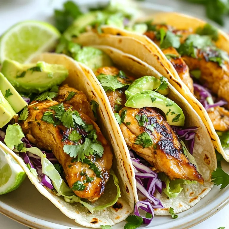 To make delicious Coconut Lime Chicken Tacos, gather these main ingredients: - 1 lb boneless, skinless chicken thighs - 1 can (13.5 oz) coconut milk - 2 tablespoons lime juice - 1 tablespoon lime zest - 2 cloves garlic, minced - 8 small corn tortillas These ingredients form the heart of the dish. The chicken thighs bring flavor and tenderness, while the coconut milk makes it creamy. Lime juice and zest add a bright tang. Garlic enhances the overall taste. Next, we need some seasonings to make the chicken pop. Here are the key components: - 1 teaspoon ground cumin - 1 teaspoon chili powder - Salt and pepper to taste The cumin provides a warm, earthy note. Chili powder adds a mild kick. Salt and pepper balance all the flavors. Together, these spices create a tasty marinade that infuses the chicken with flavor. Now, let’s talk about tasty toppings to complete your tacos: - 1 cup shredded cabbage (green or purple) - 1 avocado, sliced - Fresh cilantro, for garnish - Lime wedges, for serving Shredded cabbage adds crunch and freshness. Sliced avocado brings creaminess. Fresh cilantro adds brightness and an aromatic touch. Lastly, lime wedges let you squeeze extra zest on top. These toppings will elevate your Coconut Lime Chicken Tacos to the next level! {{ingredient_image_1}} Start by gathering your ingredients. In a medium bowl, add: - 1 can (13.5 oz) coconut milk - 2 tablespoons lime juice - 1 tablespoon lime zest - 2 cloves garlic, minced - 1 teaspoon ground cumin - 1 teaspoon chili powder - Salt and pepper to taste Whisk these together. This mix creates a bright and creamy marinade. Once mixed, add 1 pound of boneless, skinless chicken thighs. Make sure each piece is well-coated. Cover the bowl and place it in the fridge. Let it sit for at least 30 minutes. You can leave it for up to 2 hours to deepen the flavor. Next, preheat your grill or skillet over medium-high heat. Take the chicken from the marinade. Shake off any extra liquid. Cook each piece for about 7 to 10 minutes on each side. You want the chicken to be cooked fully and juices to run clear. The cooking time may change based on the chicken's thickness. After cooking, let the chicken rest for about 5 minutes. This step keeps it juicy. While the chicken rests, warm your corn tortillas. Place them in a dry skillet for about 30 seconds on each side. They should be soft and pliable. Now it’s time to assemble your tacos. Slice the chicken into strips. Place a few strips in each tortilla. Top with shredded cabbage and slices of avocado. Add fresh cilantro for a burst of flavor. Serve your tacos with lime wedges for squeezing over the top. Enjoy your delicious meal! To boost the flavor of your tacos, consider adding more lime juice. Lime brightens the dish and adds a zing. You can also mix in some fresh herbs, like cilantro, to deepen the taste. For heat, try adding sliced jalapeños or a dash of hot sauce. If you prefer a sweeter note, mango salsa pairs well with the chicken. Cooking the chicken properly is key. For juicy and tender meat, marinate for at least 30 minutes. This lets the flavors soak in. When grilling, preheat your grill or skillet to medium-high heat. Cook each side for about 7-10 minutes. Make sure the chicken is fully cooked. Juices should run clear when the chicken is done. Let it rest for 5 minutes before slicing. This keeps it moist. Assembling your tacos is where the fun begins. Start with a warm corn tortilla. Place a few slices of chicken in the middle. Next, add a handful of shredded cabbage for crunch. Top with avocado slices for creaminess. Don’t forget to sprinkle fresh cilantro on top. Serve with lime wedges on the side. Squeeze lime over the tacos for extra flavor. Enjoy your tasty creation! Pro Tips Marinate for Maximum Flavor: Allow the chicken to marinate for at least 1 hour, or up to 2 hours, to soak in the flavors from the coconut milk and spices. Use a Meat Thermometer: Ensure the chicken is fully cooked by checking that the internal temperature reaches 165°F (75°C) for safe consumption. Warm Tortillas Properly: Warm tortillas in a dry skillet to enhance their flavor and pliability, making them easier to fold without tearing. Customize Your Toppings: Feel free to add your favorite toppings like diced tomatoes, jalapeños, or a drizzle of spicy sauce for an extra kick! {{image_2}} You can switch the chicken for other proteins. Shrimp works well for a seafood twist. Just marinate shrimp for about 15 minutes. Fish is another great option, like tilapia or cod. Use a firm fish, so it holds up on the grill. Tofu can also be a tasty choice for a plant-based meal. It soaks up the marinade nicely. While corn tortillas are classic, you can try flour tortillas for a softer bite. If you want something crunchy, use hard taco shells. Lettuce wraps are a fun, low-carb option too. They add a fresh crunch and let the chicken shine. You can even make your own taco shells using cheese. Bake shredded cheese until golden for a crispy treat! Sauces can change the whole taco experience. A mango salsa adds sweetness and brightness. Just mix chopped mango, red onion, and lime juice. For heat, a spicy salsa verde is perfect. Blend tomatillos with jalapeños and cilantro for a kick. If you prefer creaminess, try a simple avocado crema. Just blend avocado, lime juice, and sour cream until smooth. Each sauce brings a unique flavor! After enjoying your tacos, store any leftover chicken in an airtight container. This keeps the chicken fresh and tasty. Place it in the fridge for up to four days. If you want to store it longer, freeze it. Just use a freezer-safe bag or container. The chicken will last for about three months in the freezer. When you’re ready to eat it, thaw it in the fridge overnight. To reheat your chicken, you have a few options. The best way is to use the oven. Preheat the oven to 350°F. Place the chicken in a dish and cover it with foil. Heat for about 15-20 minutes until warm. You can also use a microwave. Place the chicken in a bowl and cover it with a damp paper towel. Heat for one minute, then check and heat more if needed. Make sure it’s hot all the way through. To keep your tacos fresh, store each component separately. Keep the tortillas in a bag or container. This prevents them from getting soggy. Store the chicken and toppings in their containers. If you plan to eat them later, assemble the tacos just before serving. This keeps the tortillas crisp and the toppings fresh. You can always warm the tortillas briefly before assembling for added softness. Yes, you can use chicken breasts instead of thighs. Chicken breasts are leaner and cook faster. They will work well in this recipe. Just remember to marinate them as directed. This will keep them juicy and flavorful. Cook the breasts until they reach 165°F for safety. Adjust cooking time based on thickness. To make this recipe gluten-free, use corn tortillas. They are naturally free from gluten. Always check the labels to ensure they are certified gluten-free. Avoid any sauces or marinades that may contain gluten. This way, you can enjoy the tacos without worry. Several sides go well with these tacos. Here are some ideas: - Black beans or refried beans - Mexican rice or cilantro lime rice - Grilled corn on the cob - Fresh mango salsa - A simple green salad These sides will enhance your meal and add more flavor. Enjoy mixing and matching! Coconut lime chicken tacos are a tasty treat. We covered ingredients, marinade, and cooking steps. I shared tips for better flavor and chicken texture. You can also try different proteins and taco shells. Remember to store leftovers properly for freshness. Enjoy this fun recipe and share it with others. Now you can make these delicious tacos and impress your family!