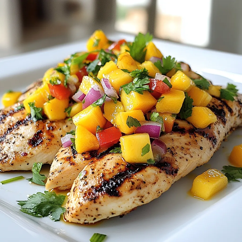 - 4 boneless, skinless chicken breasts - 2 tablespoons olive oil - Juice of 2 limes - 1 teaspoon cumin - Salt and pepper to taste The chicken is the star of this dish. I love using boneless, skinless chicken breasts because they cook evenly and stay juicy. For the marinade, I mix olive oil, lime juice, and cumin. This adds great depth to the flavor. Don't forget the salt and pepper; they make a big difference. - 2 ripe mangoes, diced - 1 small red onion, finely chopped - 1 red bell pepper, diced - 1 jalapeño, deseeded and minced - 1/4 cup fresh cilantro, chopped The mango salsa is bright and refreshing. Ripe mangoes bring sweetness. The red onion adds a nice crunch. I use red bell pepper for color and flavor. Jalapeño gives a little kick, but you can skip it if you want less heat. Fresh cilantro ties everything together with a herbal note. - Lime wedges for garnish You can add lime wedges when serving. They add a zesty touch and look great on the plate. This dish is all about fresh ingredients. Each one plays a key role in the final taste. {{ingredient_image_1}} Start by mixing olive oil, lime juice, cumin, salt, and pepper in a large bowl. This marinade adds great flavor to the chicken. Place the boneless, skinless chicken breasts in the bowl. Make sure each piece is well coated with the marinade. Cover the bowl and put it in the fridge. Let the chicken marinate for at least 30 minutes to one hour. This step makes the chicken juicy and tasty. While the chicken is marinating, grab another bowl. Dice the ripe mangoes and add them to the bowl. Then, finely chop the red onion and add it in. Next, dice the red bell pepper and mince the jalapeño, adding both to the mix. Don’t forget the fresh cilantro; chop it and toss it in too. Squeeze in the juice of one lime and add a pinch of salt. Gently mix all the ingredients together. Set the salsa aside to let the flavors blend. This salsa brings a fresh, sweet kick to the dish. Now it’s time to grill! Preheat your grill to medium-high heat. Make sure the grates are clean and oiled so the chicken doesn’t stick. Take the marinated chicken out of the fridge. Place the chicken on the grill and cook for about 6-7 minutes on each side. The chicken is ready when it reaches an internal temperature of 165°F (75°C). Look for nice grill marks. Once done, let the chicken rest for 5 minutes on a plate. This helps keep it moist. After resting, slice the grilled chicken and top it with plenty of mango salsa. Enjoy your flavorful meal! To make great grilled chicken, start with the right marination. Use olive oil, lime juice, cumin, salt, and pepper. Let the chicken sit in this mix for at least 30 minutes. This time helps the flavors soak in. When grilling, keep the heat at medium-high. This temperature helps cook the chicken evenly. Cook for about 6-7 minutes on each side. Always check the chicken's internal temperature. It should reach 165°F (75°C) to be safe and juicy. For mango salsa, use fresh ingredients for the best taste. Dice ripe mangoes, red onion, and red bell pepper. Add minced jalapeño for a little heat. Fresh cilantro brings brightness to the dish. Mix in lime juice and a pinch of salt. Let the salsa sit for a bit. This wait lets the flavors blend and become more vibrant. Taste and adjust the salt if needed. After grilling, let the chicken rest for about 5 minutes. This step helps keep the juices inside the meat. When you slice it, the chicken will be moist. Serve the chicken topped with a generous scoop of mango salsa. You can place it on a bed of fresh greens. For a pop of color, add grilled veggies on the side. Lime wedges also make a lovely garnish. Enjoy the fresh and zesty flavors! Pro Tips Marination Matters: Allow the chicken to marinate for at least one hour, or even overnight, for deeper flavor absorption. Fresh Ingredients: Use ripe, juicy mangoes for the salsa to enhance the sweetness and overall flavor of the dish. Grill Temperature: Ensure your grill is properly preheated. A medium-high heat will give you those perfect grill marks and juicy chicken. Let it Rest: Allow the chicken to rest after grilling. This step is crucial for locking in the juices and ensuring tender meat. {{image_2}} If you want to switch things up, try using fish or shrimp. Salmon and tilapia work great with mango salsa. You can also use tofu for a vegetarian option. Just marinate it like the chicken. These proteins cook fast, so watch the grill closely. Mango is sweet, but other fruits add fun flavors. Pineapple adds a tropical twist. Peaches or nectarines bring a juicy bite. You can even mix in berries for a tart kick. Experiment with your favorite fruits to find the perfect blend. Want more heat? Add extra jalapeños or a dash of hot sauce. You can use chili powder or cayenne pepper for more flavor. If you like it smoky, try smoked paprika. Adjust the spices to fit your taste buds. Cooking is all about making it yours! To keep your Mango Salsa Grilled Chicken fresh, store leftovers in an airtight container. Place the chicken and salsa in separate containers. This prevents the chicken from getting soggy. You can store them in the fridge for up to three days. Before eating, check for any signs of spoilage. If you want to keep your meal longer, freezing works well. Wrap the chicken tightly in plastic wrap, then in foil. This helps prevent freezer burn. For the salsa, use a freezer-safe container. It’s best to freeze salsa without added lime juice. This keeps its flavor bright. You can freeze both items for up to three months. When you’re ready to enjoy your leftovers, follow these steps. For chicken, preheat your oven to 350°F (175°C). Place the chicken on a baking tray and cover it with foil. Heat for about 15 to 20 minutes, until warm. For salsa, just let it sit at room temperature for about 10 to 15 minutes. This helps the flavors return. Enjoy your meal as if it’s fresh! You should marinate the chicken for at least 30 minutes. This time helps the flavors soak in. For even better taste, marinate for 1 hour. The longer the chicken sits in the marinade, the more flavorful it becomes. Yes, you can make the mango salsa ahead of time. Prepare it a few hours before serving. This gives the flavors time to mix. Just store it in the fridge until you’re ready to serve. The best way to grill chicken is on a medium-high heat grill. Make sure the grill is clean and oiled. This prevents sticking and gives nice grill marks. Grill the chicken for about 6-7 minutes on each side. Use a meat thermometer to check for doneness. The chicken should reach an internal temperature of 165°F (75°C). This blog post covered all you need for a great meal. We discussed the key ingredients, from chicken to mango salsa. I shared step-by-step instructions for marinating and grilling chicken. You also learned tips for perfect grilling and tasty salsa. If you want to mix things up, I provided variations for proteins and fruits. Finally, we talked about storing and reheating leftovers. Enjoy this recipe and its fresh flavors. Your meal will impress anyone!