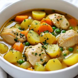 - 1.5 lbs chicken thighs, skinless and boneless, cut into chunks - 3 medium carrots, sliced - 3 medium potatoes, diced - 1 onion, chopped - 2 cloves garlic, minced - 4 cups chicken broth - 1 cup frozen peas - 2 tablespoons olive oil - 1 tablespoon fresh thyme (or 1 teaspoon dried) - 1 bay leaf - Salt and pepper to taste These main ingredients create a hearty stew. The chicken thighs give a rich flavor. The carrots and potatoes add sweetness and texture. Onions and garlic bring depth to the dish. You will love how they blend together. - 2 tablespoons cornstarch (optional, for thickness) - Fresh parsley, chopped for garnish Cornstarch helps thicken your stew if you like it that way. Fresh parsley adds a pop of color and a fresh taste. You can skip these if you want a simpler dish. A serving of this classic chicken stew has about: - Calories: 350 - Protein: 28g - Carbohydrates: 30g - Fat: 12g This stew is filling and tasty. It packs a good amount of protein and carbs. Enjoying a bowl of this stew will warm your body and soul. {{ingredient_image_1}} To start, gather all your ingredients. You need chicken thighs, carrots, potatoes, onion, garlic, chicken broth, frozen peas, olive oil, thyme, bay leaf, salt, and pepper. If you want a thicker stew, grab cornstarch. Also, have fresh parsley for garnish. 1. First, heat two tablespoons of olive oil in a large pot over medium heat. Add the chopped onion and minced garlic. Cook until the onion turns soft, about 4-5 minutes. 2. Next, add the chicken pieces. Cook them until they are brown on all sides, which takes about 5-7 minutes. 3. Now, stir in the sliced carrots and diced potatoes. Let them cook for 3 minutes to mix the flavors. 4. Pour in the chicken broth. Add the thyme, bay leaf, salt, and pepper. Bring this mix to a gentle boil. 5. Reduce the heat to low. Cover the pot and let it simmer for 30 minutes. Stir occasionally to keep it from sticking. If you want a thicker stew, mix 2 tablespoons of cornstarch with a bit of water. Stir this slurry into the stew during the last 10 minutes of cooking. Add the frozen peas in the last 5 minutes. Stir until they are hot. Finally, remove the bay leaf. Taste the stew and add more salt or pepper if needed. Serve hot, topped with fresh parsley for a nice look. To make a great chicken stew, use skinless and boneless chicken thighs. They cook well and stay juicy. Sauté the onions and garlic first to build flavor. Use fresh thyme when you can; it adds a nice taste. Always taste the broth before serving. Adjust salt and pepper as needed. Let it simmer gently for the best results. Simmering helps all the flavors mix well. One big mistake is cooking on too high heat. This can dry out the chicken. Don't skip the bay leaf; it adds depth. Forgetting to stir often can lead to sticking at the bottom. Overcooking the vegetables makes them mushy. Also, avoid adding peas too early; they need only a few minutes to heat. Lastly, don’t forget to remove the bay leaf before serving! Serve the stew hot in deep bowls. A sprinkle of fresh parsley makes it look nice. You can pair it with crusty bread or rice. This adds texture and helps soak up the broth. For a fun twist, offer some grated cheese on the side. It melts nicely and adds flavor. Enjoy your comforting bowl of chicken stew! Pro Tips Use Bone-In Chicken: For a richer flavor, consider using bone-in chicken thighs. The bones add depth to the broth as they simmer. Prep Ahead: Chop your vegetables and chicken the night before to save time on busy days. Store them in airtight containers in the fridge. Flavor Boost: For an extra layer of flavor, add a splash of white wine to the pot after browning the chicken and let it reduce for a few minutes before adding the broth. Herb Variations: Feel free to experiment with different herbs like rosemary or oregano to customize the flavor profile of your stew. {{image_2}} You can change the stew with seasonal veggies. Spring brings fresh peas and asparagus. Summer offers zucchini and bell peppers. Fall gives you squash and sweet potatoes. Winter is great for root veggies like parsnips and turnips. Just chop them to match your stew's cooking time. This adds color and nutrients. Using a slow cooker makes this dish even easier. Start by browning the chicken, onion, and garlic in a pan. Then, add everything to the slow cooker. Include the broth, veggies, and spices. Set it on low for 6-8 hours or high for 3-4 hours. This method deepens flavors and makes the chicken very tender. Chicken isn't the only option. You can use turkey thighs for a lighter stew. Beef chunks also work well for a heartier dish. For a vegetarian option, try chickpeas or lentils. Just adjust cooking times to ensure everything is tender. Each protein brings its own unique flavor to the stew. To keep your chicken stew fresh, let it cool first. Then, place it in an airtight container. Store it in the fridge for up to three days. If you want to keep it longer, freezing is a great option. When you’re ready to enjoy your stew again, heat it on the stove. Pour it into a pot and warm it over medium heat. Stir it often to warm it evenly. You can also use a microwave if you’re in a hurry. Just cover it and heat in short bursts, stirring in between. To freeze, use containers or freezer bags. Make sure to leave some space at the top for expansion. When you’re ready to eat, thaw it overnight in the fridge. For a quicker method, you can place it in cold water. Avoid refreezing after it has thawed to keep the best flavor and texture. Yes, you can use bone-in chicken. It adds more flavor to the stew. Just be sure to cook it longer. Bone-in pieces take extra time to become tender. After cooking, remove the bones before serving. This way, you'll have a nice, smooth stew. You can thicken chicken stew by mashing some of the potatoes. As they cook, they break down and thicken the broth. Another option is to add more vegetables like carrots or peas. They help add body to the stew. You can also let the stew simmer longer. This reduces the liquid, making it thicker. Chicken stew pairs well with crusty bread. A warm loaf helps soak up the tasty broth. You can also serve it with a simple salad. A fresh green salad adds a nice crunch. Rice or mashed potatoes are great sides too. They complement the stew's flavors and textures. This blog post covered how to make a tasty chicken stew. We explored key ingredients and optional ones for added flavor. I shared step-by-step cooking instructions and valuable tips to avoid common mistakes. We also discussed variations to keep things interesting and how to store leftovers properly. In closing, enjoy making chicken stew your way. It's simple, fun, and delicious!