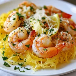 To make this dish, you will need the following items: - 1 medium spaghetti squash - 1 pound large shrimp, peeled and deveined - 4 cloves garlic, minced - 1/4 cup unsalted butter - 2 tablespoons olive oil - 1/4 teaspoon red pepper flakes - Juice of 1 lemon - Salt and pepper to taste - 1/4 cup fresh parsley, finely chopped - Grated Parmesan cheese for serving (optional) Fresh shrimp usually tastes better than frozen shrimp. Fresh shrimp has a firm texture and a sweet flavor. However, frozen shrimp can still be great. They are often frozen right after being caught. This keeps them fresh for a long time. When buying shrimp, check for clear shells and a pleasant smell. If you choose frozen shrimp, thaw them in the fridge overnight for the best results. You can add some extra ingredients to boost the taste of your Shrimp Scampi Spaghetti Squash. Here are a few ideas: - A pinch of lemon zest for a bright kick - Chopped sun-dried tomatoes for a sweet touch - Capers for a briny flavor - Fresh basil or thyme as a herb option These ingredients can add depth and make the dish even more special. Try them out and see what you like best! {{ingredient_image_1}} First, preheat your oven to 400°F (200°C). Next, take your medium spaghetti squash and cut it in half lengthwise. Use a spoon to scoop out the seeds. Drizzle the inside with olive oil. Then, sprinkle salt and pepper to taste. Place the halves cut-side down on a baking sheet. Roast them for 30 to 40 minutes. You know it's done when the flesh feels tender. Once it cools, use a fork to scrape the insides into strands. These strands will mimic pasta and hold the sauce well. While the squash roasts, let’s cook the shrimp. In a large skillet, melt 1/4 cup of unsalted butter over medium heat. Add 4 minced garlic cloves to the pan. Sauté for about a minute until the garlic smells good. Next, add 1 pound of large shrimp that you’ve peeled and deveined. Season with 1/4 teaspoon of red pepper flakes, salt, and pepper. Cook the shrimp for about 2 to 3 minutes. They should turn pink and opaque. This is a sign they’re ready. Once cooked, squeeze the juice of 1 lemon over the shrimp and mix well. Remove the skillet from the heat. Now, it’s time to bring everything together. In a large bowl, combine the spaghetti squash strands and the shrimp scampi mixture. Toss gently until everything is well mixed. Taste and adjust seasoning if needed. Finally, garnish with 1/4 cup of fresh parsley, finely chopped. If you like cheese, serve with grated Parmesan on top. This adds a nice touch of flavor and richness. Enjoy your meal warm! To cook spaghetti squash well, start with a sharp knife. Cut the squash in half lengthwise. Use a spoon to scoop out the seeds. This helps the squash cook evenly. Drizzle olive oil inside each half. Then, sprinkle salt and pepper for flavor. Place the halves cut-side down on a baking sheet. Roast in a preheated oven at 400°F for 30-40 minutes. Check for tenderness with a fork. The squash should easily pull apart into strands when done. One common mistake is overcooking the shrimp. Shrimp cooks fast. If you cook it too long, it becomes rubbery. Aim for just 2-3 minutes in the skillet. Another mistake is not seasoning well. Salt and pepper enhance the shrimp's flavor. Be sure to taste and adjust as needed. Also, don’t skip the lemon juice. It brightens the dish and adds freshness. To boost the flavor, consider adding fresh herbs. Basil or thyme works great with shrimp scampi. You can also try different spices. A pinch of smoked paprika adds depth. If you like heat, increase the red pepper flakes. You may also add a splash of white wine for acidity. Lastly, serve with grated Parmesan cheese. It adds a creamy richness that complements the dish. Pro Tips Choose the Right Squash: Look for a spaghetti squash that feels heavy for its size and has a firm skin. This ensures the best flavor and texture. Perfectly Cooked Shrimp: Be careful not to overcook the shrimp. They should turn pink and opaque in just a few minutes for optimal tenderness. Enhance the Flavor: Feel free to add a splash of white wine to the shrimp scampi mixture for an added depth of flavor. Leftover Storage: Store any leftovers in an airtight container in the refrigerator for up to 2 days. Reheat gently to avoid overcooking the shrimp. {{image_2}} Shrimp Scampi Spaghetti Squash is naturally gluten-free. It uses spaghetti squash instead of pasta, making it a great choice for anyone avoiding gluten. Just ensure that any added ingredients, like broth or sauces, are gluten-free as well. This dish is perfect for those who want a light meal without gluten. If you want to switch it up, you can use other seafood. Scallops, crab, or lobster can work well in this recipe. Simply replace the shrimp with one of these options. Just be sure to adjust the cooking time as needed. For example, scallops cook quickly, so keep an eye on them. You can easily make this dish vegetarian or vegan. For a vegetarian option, replace shrimp with sautéed mushrooms or zucchini. If you want to go vegan, use olive oil instead of butter and skip the cheese. You can also add plant-based protein, like chickpeas, for extra texture and flavor. This way, you still enjoy a savory, satisfying meal. To keep your Shrimp Scampi Spaghetti Squash fresh, store it in an airtight container. Let it cool down to room temperature first. Then, place it in the fridge. It will stay good for up to three days. If you want to enjoy it later, consider freezing it. Reheating is easy. You can use the microwave or stovetop. For the microwave, place the portion in a bowl. Heat it in 30-second bursts until warm. If using the stovetop, warm it in a skillet over low heat. Stir often to heat it evenly. Add a splash of water or olive oil if needed. If you want to freeze your dish, let it cool completely. Then, portion it into freezer-safe bags. Remove as much air as possible before sealing. Label the bags with the date. It will last for up to three months in the freezer. To reheat from frozen, thaw it overnight in the fridge first. Then, follow the reheating steps above. Spaghetti squash is a yellow gourd that looks like a squash. When cooked, it turns tender and the flesh separates into strands. To prepare it, start by cutting the squash in half lengthwise. Scoop out the seeds with a spoon. Drizzle olive oil on the inside and add salt and pepper. Place the squash cut-side down on a baking sheet. Roast it in a 400°F oven for 30 to 40 minutes. Once it is soft, use a fork to scrape the flesh into spaghetti-like strands. Yes, you can make shrimp scampi without butter. You can replace it with olive oil or a plant-based butter. This keeps the dish rich and tasty while cutting down on dairy. The garlic and lemon juice will still add wonderful flavor. You can also add a splash of white wine for extra depth. Several sides go well with shrimp scampi spaghetti squash. A fresh green salad brings a nice crunch. Garlic bread is also a favorite, perfect for soaking up any extra sauce. Roasted vegetables like asparagus or broccoli add color and nutrition. Consider serving a light, crisp white wine to enhance the meal. This blog post covered how to make Shrimp Scampi Spaghetti Squash. We listed the key ingredients, including fresh and frozen shrimp. I shared step-by-step instructions for preparing spaghetti squash and cooking shrimp. You learned tips and tricks to avoid common mistakes. We explored variations for gluten-free and vegan diets as well. Remember, storing leftovers well can keep your meals fresh. Enjoy this healthy dish that’s easy to make and delicious to eat!