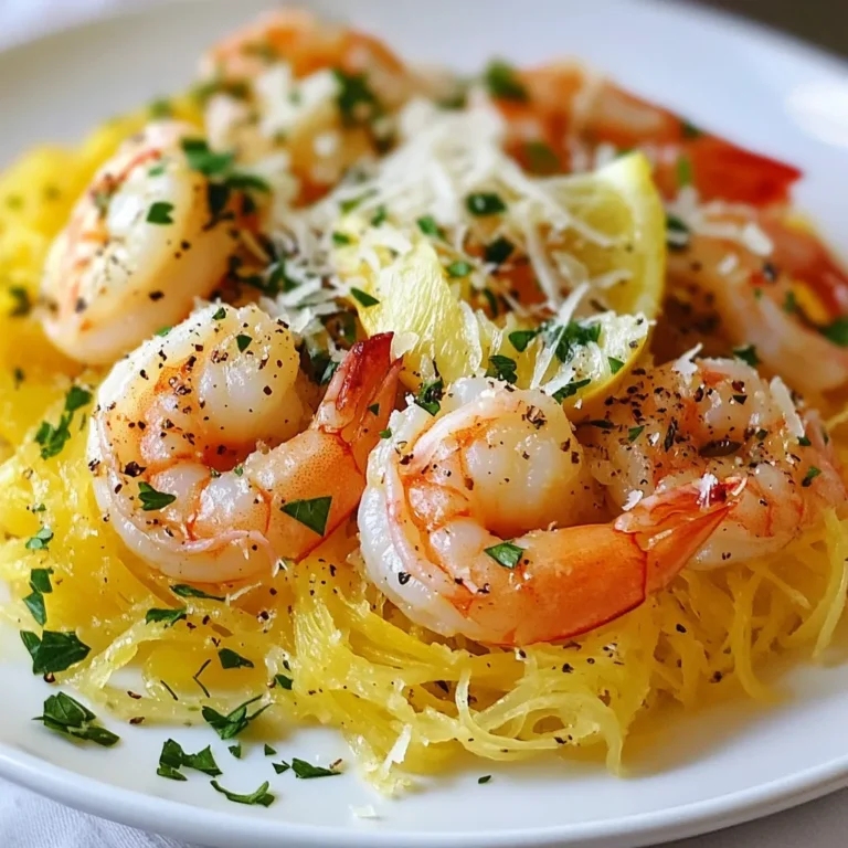 To make this dish, you will need the following items: - 1 medium spaghetti squash - 1 pound large shrimp, peeled and deveined - 4 cloves garlic, minced - 1/4 cup unsalted butter - 2 tablespoons olive oil - 1/4 teaspoon red pepper flakes - Juice of 1 lemon - Salt and pepper to taste - 1/4 cup fresh parsley, finely chopped - Grated Parmesan cheese for serving (optional) Fresh shrimp usually tastes better than frozen shrimp. Fresh shrimp has a firm texture and a sweet flavor. However, frozen shrimp can still be great. They are often frozen right after being caught. This keeps them fresh for a long time. When buying shrimp, check for clear shells and a pleasant smell. If you choose frozen shrimp, thaw them in the fridge overnight for the best results. You can add some extra ingredients to boost the taste of your Shrimp Scampi Spaghetti Squash. Here are a few ideas: - A pinch of lemon zest for a bright kick - Chopped sun-dried tomatoes for a sweet touch - Capers for a briny flavor - Fresh basil or thyme as a herb option These ingredients can add depth and make the dish even more special. Try them out and see what you like best! {{ingredient_image_1}} First, preheat your oven to 400°F (200°C). Next, take your medium spaghetti squash and cut it in half lengthwise. Use a spoon to scoop out the seeds. Drizzle the inside with olive oil. Then, sprinkle salt and pepper to taste. Place the halves cut-side down on a baking sheet. Roast them for 30 to 40 minutes. You know it's done when the flesh feels tender. Once it cools, use a fork to scrape the insides into strands. These strands will mimic pasta and hold the sauce well. While the squash roasts, let’s cook the shrimp. In a large skillet, melt 1/4 cup of unsalted butter over medium heat. Add 4 minced garlic cloves to the pan. Sauté for about a minute until the garlic smells good. Next, add 1 pound of large shrimp that you’ve peeled and deveined. Season with 1/4 teaspoon of red pepper flakes, salt, and pepper. Cook the shrimp for about 2 to 3 minutes. They should turn pink and opaque. This is a sign they’re ready. Once cooked, squeeze the juice of 1 lemon over the shrimp and mix well. Remove the skillet from the heat. Now, it’s time to bring everything together. In a large bowl, combine the spaghetti squash strands and the shrimp scampi mixture. Toss gently until everything is well mixed. Taste and adjust seasoning if needed. Finally, garnish with 1/4 cup of fresh parsley, finely chopped. If you like cheese, serve with grated Parmesan on top. This adds a nice touch of flavor and richness. Enjoy your meal warm! To cook spaghetti squash well, start with a sharp knife. Cut the squash in half lengthwise. Use a spoon to scoop out the seeds. This helps the squash cook evenly. Drizzle olive oil inside each half. Then, sprinkle salt and pepper for flavor. Place the halves cut-side down on a baking sheet. Roast in a preheated oven at 400°F for 30-40 minutes. Check for tenderness with a fork. The squash should easily pull apart into strands when done. One common mistake is overcooking the shrimp. Shrimp cooks fast. If you cook it too long, it becomes rubbery. Aim for just 2-3 minutes in the skillet. Another mistake is not seasoning well. Salt and pepper enhance the shrimp's flavor. Be sure to taste and adjust as needed. Also, don’t skip the lemon juice. It brightens the dish and adds freshness. To boost the flavor, consider adding fresh herbs. Basil or thyme works great with shrimp scampi. You can also try different spices. A pinch of smoked paprika adds depth. If you like heat, increase the red pepper flakes. You may also add a splash of white wine for acidity. Lastly, serve with grated Parmesan cheese. It adds a creamy richness that complements the dish. Pro Tips Choose the Right Squash: Look for a spaghetti squash that feels heavy for its size and has a firm skin. This ensures the best flavor and texture. Perfectly Cooked Shrimp: Be careful not to overcook the shrimp. They should turn pink and opaque in just a few minutes for optimal tenderness. Enhance the Flavor: Feel free to add a splash of white wine to the shrimp scampi mixture for an added depth of flavor. Leftover Storage: Store any leftovers in an airtight container in the refrigerator for up to 2 days. Reheat gently to avoid overcooking the shrimp. {{image_2}} Shrimp Scampi Spaghetti Squash is naturally gluten-free. It uses spaghetti squash instead of pasta, making it a great choice for anyone avoiding gluten. Just ensure that any added ingredients, like broth or sauces, are gluten-free as well. This dish is perfect for those who want a light meal without gluten. If you want to switch it up, you can use other seafood. Scallops, crab, or lobster can work well in this recipe. Simply replace the shrimp with one of these options. Just be sure to adjust the cooking time as needed. For example, scallops cook quickly, so keep an eye on them. You can easily make this dish vegetarian or vegan. For a vegetarian option, replace shrimp with sautéed mushrooms or zucchini. If you want to go vegan, use olive oil instead of butter and skip the cheese. You can also add plant-based protein, like chickpeas, for extra texture and flavor. This way, you still enjoy a savory, satisfying meal. To keep your Shrimp Scampi Spaghetti Squash fresh, store it in an airtight container. Let it cool down to room temperature first. Then, place it in the fridge. It will stay good for up to three days. If you want to enjoy it later, consider freezing it. Reheating is easy. You can use the microwave or stovetop. For the microwave, place the portion in a bowl. Heat it in 30-second bursts until warm. If using the stovetop, warm it in a skillet over low heat. Stir often to heat it evenly. Add a splash of water or olive oil if needed. If you want to freeze your dish, let it cool completely. Then, portion it into freezer-safe bags. Remove as much air as possible before sealing. Label the bags with the date. It will last for up to three months in the freezer. To reheat from frozen, thaw it overnight in the fridge first. Then, follow the reheating steps above. Spaghetti squash is a yellow gourd that looks like a squash. When cooked, it turns tender and the flesh separates into strands. To prepare it, start by cutting the squash in half lengthwise. Scoop out the seeds with a spoon. Drizzle olive oil on the inside and add salt and pepper. Place the squash cut-side down on a baking sheet. Roast it in a 400°F oven for 30 to 40 minutes. Once it is soft, use a fork to scrape the flesh into spaghetti-like strands. Yes, you can make shrimp scampi without butter. You can replace it with olive oil or a plant-based butter. This keeps the dish rich and tasty while cutting down on dairy. The garlic and lemon juice will still add wonderful flavor. You can also add a splash of white wine for extra depth. Several sides go well with shrimp scampi spaghetti squash. A fresh green salad brings a nice crunch. Garlic bread is also a favorite, perfect for soaking up any extra sauce. Roasted vegetables like asparagus or broccoli add color and nutrition. Consider serving a light, crisp white wine to enhance the meal. This blog post covered how to make Shrimp Scampi Spaghetti Squash. We listed the key ingredients, including fresh and frozen shrimp. I shared step-by-step instructions for preparing spaghetti squash and cooking shrimp. You learned tips and tricks to avoid common mistakes. We explored variations for gluten-free and vegan diets as well. Remember, storing leftovers well can keep your meals fresh. Enjoy this healthy dish that’s easy to make and delicious to eat!