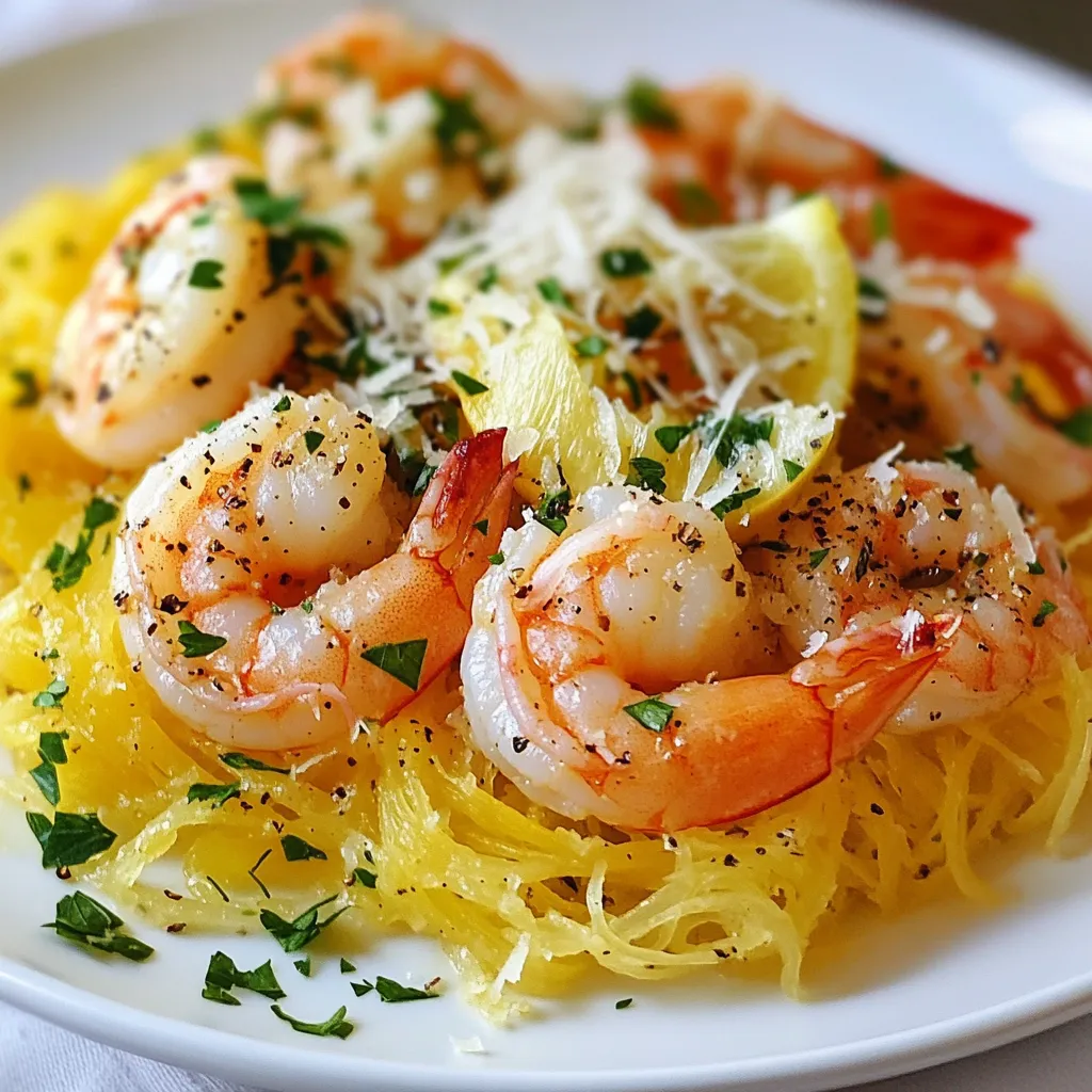 To make this dish, you will need the following items: - 1 medium spaghetti squash - 1 pound large shrimp, peeled and deveined - 4 cloves garlic, minced - 1/4 cup unsalted butter - 2 tablespoons olive oil - 1/4 teaspoon red pepper flakes - Juice of 1 lemon - Salt and pepper to taste - 1/4 cup fresh parsley, finely chopped - Grated Parmesan cheese for serving (optional) Fresh shrimp usually tastes better than frozen shrimp. Fresh shrimp has a firm texture and a sweet flavor. However, frozen shrimp can still be great. They are often frozen right after being caught. This keeps them fresh for a long time. When buying shrimp, check for clear shells and a pleasant smell. If you choose frozen shrimp, thaw them in the fridge overnight for the best results. You can add some extra ingredients to boost the taste of your Shrimp Scampi Spaghetti Squash. Here are a few ideas: - A pinch of lemon zest for a bright kick - Chopped sun-dried tomatoes for a sweet touch - Capers for a briny flavor - Fresh basil or thyme as a herb option These ingredients can add depth and make the dish even more special. Try them out and see what you like best! {{ingredient_image_1}} First, preheat your oven to 400°F (200°C). Next, take your medium spaghetti squash and cut it in half lengthwise. Use a spoon to scoop out the seeds. Drizzle the inside with olive oil. Then, sprinkle salt and pepper to taste. Place the halves cut-side down on a baking sheet. Roast them for 30 to 40 minutes. You know it's done when the flesh feels tender. Once it cools, use a fork to scrape the insides into strands. These strands will mimic pasta and hold the sauce well. While the squash roasts, let’s cook the shrimp. In a large skillet, melt 1/4 cup of unsalted butter over medium heat. Add 4 minced garlic cloves to the pan. Sauté for about a minute until the garlic smells good. Next, add 1 pound of large shrimp that you’ve peeled and deveined. Season with 1/4 teaspoon of red pepper flakes, salt, and pepper. Cook the shrimp for about 2 to 3 minutes. They should turn pink and opaque. This is a sign they’re ready. Once cooked, squeeze the juice of 1 lemon over the shrimp and mix well. Remove the skillet from the heat. Now, it’s time to bring everything together. In a large bowl, combine the spaghetti squash strands and the shrimp scampi mixture. Toss gently until everything is well mixed. Taste and adjust seasoning if needed. Finally, garnish with 1/4 cup of fresh parsley, finely chopped. If you like cheese, serve with grated Parmesan on top. This adds a nice touch of flavor and richness. Enjoy your meal warm! To cook spaghetti squash well, start with a sharp knife. Cut the squash in half lengthwise. Use a spoon to scoop out the seeds. This helps the squash cook evenly. Drizzle olive oil inside each half. Then, sprinkle salt and pepper for flavor. Place the halves cut-side down on a baking sheet. Roast in a preheated oven at 400°F for 30-40 minutes. Check for tenderness with a fork. The squash should easily pull apart into strands when done. One common mistake is overcooking the shrimp. Shrimp cooks fast. If you cook it too long, it becomes rubbery. Aim for just 2-3 minutes in the skillet. Another mistake is not seasoning well. Salt and pepper enhance the shrimp's flavor. Be sure to taste and adjust as needed. Also, don’t skip the lemon juice. It brightens the dish and adds freshness. To boost the flavor, consider adding fresh herbs. Basil or thyme works great with shrimp scampi. You can also try different spices. A pinch of smoked paprika adds depth. If you like heat, increase the red pepper flakes. You may also add a splash of white wine for acidity. Lastly, serve with grated Parmesan cheese. It adds a creamy richness that complements the dish. Pro Tips Choose the Right Squash: Look for a spaghetti squash that feels heavy for its size and has a firm skin. This ensures the best flavor and texture. Perfectly Cooked Shrimp: Be careful not to overcook the shrimp. They should turn pink and opaque in just a few minutes for optimal tenderness. Enhance the Flavor: Feel free to add a splash of white wine to the shrimp scampi mixture for an added depth of flavor. Leftover Storage: Store any leftovers in an airtight container in the refrigerator for up to 2 days. Reheat gently to avoid overcooking the shrimp. {{image_2}} Shrimp Scampi Spaghetti Squash is naturally gluten-free. It uses spaghetti squash instead of pasta, making it a great choice for anyone avoiding gluten. Just ensure that any added ingredients, like broth or sauces, are gluten-free as well. This dish is perfect for those who want a light meal without gluten. If you want to switch it up, you can use other seafood. Scallops, crab, or lobster can work well in this recipe. Simply replace the shrimp with one of these options. Just be sure to adjust the cooking time as needed. For example, scallops cook quickly, so keep an eye on them. You can easily make this dish vegetarian or vegan. For a vegetarian option, replace shrimp with sautéed mushrooms or zucchini. If you want to go vegan, use olive oil instead of butter and skip the cheese. You can also add plant-based protein, like chickpeas, for extra texture and flavor. This way, you still enjoy a savory, satisfying meal. To keep your Shrimp Scampi Spaghetti Squash fresh, store it in an airtight container. Let it cool down to room temperature first. Then, place it in the fridge. It will stay good for up to three days. If you want to enjoy it later, consider freezing it. Reheating is easy. You can use the microwave or stovetop. For the microwave, place the portion in a bowl. Heat it in 30-second bursts until warm. If using the stovetop, warm it in a skillet over low heat. Stir often to heat it evenly. Add a splash of water or olive oil if needed. If you want to freeze your dish, let it cool completely. Then, portion it into freezer-safe bags. Remove as much air as possible before sealing. Label the bags with the date. It will last for up to three months in the freezer. To reheat from frozen, thaw it overnight in the fridge first. Then, follow the reheating steps above. Spaghetti squash is a yellow gourd that looks like a squash. When cooked, it turns tender and the flesh separates into strands. To prepare it, start by cutting the squash in half lengthwise. Scoop out the seeds with a spoon. Drizzle olive oil on the inside and add salt and pepper. Place the squash cut-side down on a baking sheet. Roast it in a 400°F oven for 30 to 40 minutes. Once it is soft, use a fork to scrape the flesh into spaghetti-like strands. Yes, you can make shrimp scampi without butter. You can replace it with olive oil or a plant-based butter. This keeps the dish rich and tasty while cutting down on dairy. The garlic and lemon juice will still add wonderful flavor. You can also add a splash of white wine for extra depth. Several sides go well with shrimp scampi spaghetti squash. A fresh green salad brings a nice crunch. Garlic bread is also a favorite, perfect for soaking up any extra sauce. Roasted vegetables like asparagus or broccoli add color and nutrition. Consider serving a light, crisp white wine to enhance the meal. This blog post covered how to make Shrimp Scampi Spaghetti Squash. We listed the key ingredients, including fresh and frozen shrimp. I shared step-by-step instructions for preparing spaghetti squash and cooking shrimp. You learned tips and tricks to avoid common mistakes. We explored variations for gluten-free and vegan diets as well. Remember, storing leftovers well can keep your meals fresh. Enjoy this healthy dish that’s easy to make and delicious to eat!