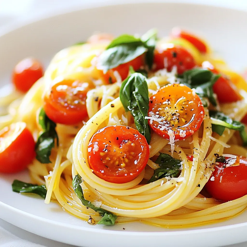 To make Quick Tomato Basil Pasta, you need: - 8 oz spaghetti - 2 cups cherry tomatoes, halved - 3 cloves garlic, minced - 1/4 cup fresh basil leaves, chopped - 3 tablespoons olive oil - 1 teaspoon red pepper flakes (optional) - Salt and pepper to taste - Grated Parmesan cheese for serving (optional) These ingredients come together to create a simple yet tasty dish. The cherry tomatoes burst with flavor, and the basil adds freshness. You can make this dish your own with a few extra ingredients: - Cooked chicken, shrimp, or tofu for protein - A splash of lemon juice for brightness - Other herbs like parsley or oregano - Spinach or arugula for added greens Feel free to mix and match these options based on what you like or have at home. When selecting tomatoes, look for these signs: - Firmness: Choose tomatoes that feel firm but give slightly when pressed. - Color: Go for bright red or yellow tomatoes. Avoid any with dark spots. - Aroma: A sweet smell indicates ripeness. For basil, check for: - Freshness: Leaves should be bright green and not wilted. - Aroma: Fresh basil has a strong, sweet scent. These tips will help you get the best ingredients for your pasta. Fresh tomatoes and basil elevate your dish, making it even more delicious. {{ingredient_image_1}} To start, grab a large pot and fill it with water. Add a good amount of salt. This helps flavor the pasta. Bring the water to a rolling boil. Once boiling, add 8 ounces of spaghetti. Cook it according to the package directions until it is al dente. This means it should be firm when you bite it. Before draining the pasta, reserve 1/2 cup of the pasta water. Drain the pasta and return it to the pot. Now, let's make the sauce. Take a large skillet and heat 3 tablespoons of olive oil over medium heat. Add 3 cloves of minced garlic to the skillet. Sauté it for about 1 minute. The garlic should smell nice but not brown. Next, toss in 2 cups of halved cherry tomatoes. Cook them for about 5-7 minutes, stirring now and then. The tomatoes will soften and let out their juices. If you like some heat, add 1 teaspoon of red pepper flakes. Season with salt and pepper to taste. Time to bring it all together! Add the cooked spaghetti to the skillet. Toss everything well to mix the pasta with the tomato sauce. If the pasta looks dry, splash in some reserved pasta water until it feels right. Stir in 1/4 cup of chopped fresh basil leaves. Cook for another minute until the basil wilts. Serve your pasta hot, topped with grated Parmesan cheese if you want. Enjoy your Quick Tomato Basil Pasta! To get the best flavor in your Quick Tomato Basil Pasta, use fresh ingredients. Fresh basil and ripe cherry tomatoes make a big difference. Choose tomatoes that feel firm and smell sweet. When you sauté garlic, do not let it brown. Browned garlic can taste bitter. If you like heat, add red pepper flakes slowly. You can always add more, but you cannot take it out. One common mistake is overcooking the pasta. Always follow the package instructions for timing. You want the pasta to be al dente, meaning firm to the bite. Another mistake is not seasoning the dish properly. Always taste and adjust salt and pepper as needed. Lastly, don’t skip the pasta water. It helps the sauce stick to the pasta. Here are some tools that can help you cook this dish well: - Large pot for boiling pasta - Skillet for sautéing - Wooden spoon for stirring - Measuring cups and spoons - Knife and cutting board for chopping These tools make the cooking process easier and more fun. Enjoy your time in the kitchen! Pro Tips Use Fresh Ingredients: Fresh basil and ripe cherry tomatoes will elevate the flavor of your pasta dish significantly. Look for vibrant, fragrant basil and firm, juicy tomatoes for the best results. Don’t Overcook the Pasta: Cooking the spaghetti until it's al dente will ensure it retains a lovely bite and texture when mixed with the sauce. Remember, the pasta will continue to cook slightly after being drained. Reserve Pasta Water: The starchy pasta water can be a game changer for achieving the perfect sauce consistency. Add it a little at a time until you reach your desired thickness. Experiment with Add-Ins: Feel free to customize this dish by adding ingredients like olives, capers, or even protein like grilled chicken or shrimp to make it your own. {{image_2}} You can easily boost this dish with protein. Chicken, shrimp, or tofu all work well. For chicken, grill or sauté bite-sized pieces until cooked. Toss them in with the pasta and sauce. Shrimp cooks fast. Sauté them for just a few minutes until pink, then mix in. Tofu is a great vegan choice. Press the tofu to remove water, then cube and sauté it until golden. Add any of these proteins for a filling meal. If you need gluten-free pasta, use rice or corn-based spaghetti. These options taste great and work well with the sauce. To make it vegan, skip the Parmesan cheese or use a vegan alternative. Nutritional yeast gives a cheesy flavor without dairy. This way, you can enjoy the dish while meeting dietary needs. Adding cheese can take this dish to the next level. Grated Parmesan adds a salty, rich taste. If you want more flavor, try adding feta or goat cheese. Fresh herbs also brighten up the dish. Along with basil, try parsley or oregano for extra depth. These changes let you create a quick and tasty meal every time. After enjoying your Quick Tomato Basil Pasta, store leftovers right away. Let the pasta cool down for a few minutes. Use an airtight container to keep it fresh. This helps prevent the pasta from drying out. You can store it in the fridge for up to three days. If you want it to last longer, consider freezing it. To reheat your pasta, use a skillet for the best flavor. Add a splash of olive oil or water. Heat it over medium-low heat. Stir it gently until warm. This keeps the pasta from getting too dry. You can also use a microwave. Place the pasta in a bowl, cover it with a damp paper towel, and heat for 1-2 minutes. Check it often to avoid overheating. If you want to freeze pasta, make it a bit saucy. This keeps the texture nice when thawed. Place the pasta in a freezer-safe container. Seal it well to avoid freezer burn. You can freeze it for up to three months. When ready to eat, thaw it overnight in the fridge. Reheat it gently, just like before. Enjoy your meal without any hassle! Yes, you can use dried basil. Use one teaspoon of dried basil for every tablespoon of fresh. Dried basil has a stronger flavor, so adjust to your taste. Fresh basil offers a brighter taste, while dried basil works well when fresh is unavailable. It takes about 8 to 10 minutes to cook spaghetti until al dente. Check the package for exact times. Al dente means the pasta is firm but not hard. This gives the best texture for your dish. You can use Pecorino Romano cheese as a great substitute for Parmesan. It has a similar taste but is saltier. Nutritional yeast is a good option for a dairy-free choice. It adds a cheesy flavor without the milk. This article covered making Quick Tomato Basil Pasta. You learned about key ingredients, easy steps, and tips for the best flavor. Remember, fresh tomatoes and basil make a big difference. You can also play with proteins or go vegan. Storing and reheating leftovers is simple, too. With these tips, you can enjoy a tasty meal every time. Get creative in the kitchen and make this dish your own!