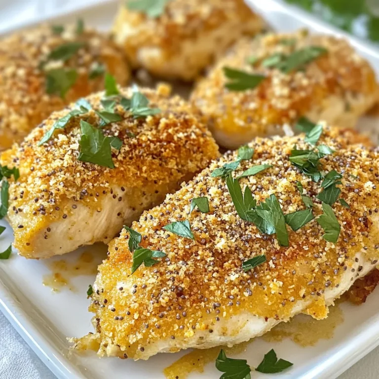 To make Baked Everything Bagel Chicken, you'll need a few simple ingredients. Here’s what you should gather: - 4 boneless, skinless chicken breasts - 1 cup whole wheat breadcrumbs - 2 tablespoons everything bagel seasoning - 1/2 cup grated Parmesan cheese - 2 large eggs - 1 tablespoon Dijon mustard - Salt and pepper to taste - Fresh parsley for garnish These ingredients work together to create a delightful dish. The chicken stays moist, while the breadcrumb coating gives it a nice crunch. The everything bagel seasoning adds a burst of flavor that really shines through. If you want to make it your own, consider adjusting the seasoning or adding herbs. The choice is yours! {{ingredient_image_1}} - Preheating the Oven and Preparing the Baking Sheet First, preheat your oven to 400°F (200°C). This step is key for crispy chicken. Line a baking sheet with parchment paper. This helps with clean-up and prevents sticking. - Whisking the Egg Mixture In a shallow bowl, crack two large eggs. Add one tablespoon of Dijon mustard. Whisk these together until smooth. This mixture will help the breadcrumbs stick to the chicken. - Mixing the Breadcrumb Coating In another bowl, combine one cup of whole wheat breadcrumbs with two tablespoons of everything bagel seasoning. Add half a cup of grated Parmesan cheese. Finally, season with salt and pepper to taste. Mix well to combine all these flavors. - Dipping the Chicken in Egg Mixture Take each chicken breast and dip it into the egg mixture. Make sure it is fully coated. This step is crucial for a good grip on the breadcrumbs. - Rolling in Breadcrumb Mixture Next, roll the chicken breast in the breadcrumb mixture. Ensure it is completely covered. This will create a tasty and crunchy crust. - Placing on the Baking Sheet Carefully place the coated chicken breasts on the prepared baking sheet. For extra crispiness, you can lightly spray them with cooking spray. - Baking Time and Temperature Bake the chicken in your preheated oven for 25 to 30 minutes. The coating should turn golden brown, and the chicken should be cooked through. - Checking for Doneness Use a meat thermometer to check the chicken's internal temperature. It should reach 165°F (74°C). This ensures it is safe to eat. - Using Cooking Spray for Extra Crispiness: After coating your chicken, spray it lightly with cooking spray. This helps create a golden, crispy crust. It’s an easy step that makes a big difference. - Ensuring Even Coating: Make sure to coat the chicken evenly with the breadcrumb mixture. Press the crumbs onto the chicken to help them stick. This will give you a nice, thick coating that crunches when you bite into it. - Best Chicken Cuts for Baking: I recommend using boneless, skinless chicken breasts for this recipe. They cook evenly and stay juicy. You can also try chicken thighs if you prefer more flavor. - Recommended Thickness for Even Cooking: Keep your chicken breasts about an inch thick. This thickness helps them cook through without drying out. If they are too thick, they may need more time in the oven. - Adjusting Seasoning to Taste: Feel free to change the seasoning based on your taste. Add more everything bagel seasoning or even some garlic powder for a kick. Taste as you go to find your perfect blend. - Adding Additional Ingredients: You can also mix in some chopped herbs or spices into the breadcrumb mix. Consider adding crushed red pepper for heat or lemon zest for brightness. These small additions can elevate the dish even more. Pro Tips Use Fresh Ingredients: Fresh chicken and spices will enhance the flavor significantly, so opt for the freshest options available. Experiment with Seasonings: Feel free to add additional spices like garlic powder or paprika to the breadcrumb mixture for an extra flavor boost. Let It Rest: Allowing the chicken to rest after baking helps retain its juices, resulting in a more tender and flavorful dish. Make It Ahead: You can coat the chicken breasts a few hours in advance and refrigerate them until you're ready to bake for a quicker meal prep. {{image_2}} You can change the flavor of your Baked Everything Bagel Chicken by mixing your own seasoning blend. To make a homemade bagel seasoning, combine: - 1 tablespoon poppy seeds - 1 tablespoon sesame seeds - 1 tablespoon dried garlic - 1 tablespoon dried onion - 1 tablespoon coarse salt This mix adds a fresh twist and keeps it fun. You can also try other spices. Adding smoked paprika gives it a warm taste. Cumin brings earthiness. Feel free to get creative! If you need gluten-free options, use crushed nuts or gluten-free breadcrumbs. Almond flour works well too. It keeps the chicken tender and adds nutrition. For those who avoid dairy, try nutritional yeast instead of Parmesan cheese. It adds a cheesy flavor without the dairy. You can also use a dairy-free cheese substitute. Just ensure it melts well. Pair your chicken with fresh veggies. Roasted broccoli or a crisp salad complements the dish perfectly. You can also serve it with rice or quinoa for a hearty meal. For plating, consider stacking the chicken on a bed of greens. Drizzle with a bit of balsamic glaze for color. A sprinkle of fresh parsley on top adds a nice touch. Enjoy your delicious meal! - Store leftover chicken in an airtight container for best freshness. - Use a glass or plastic container with a tight lid to keep it sealed. - To freeze baked everything bagel chicken, wrap each piece in plastic wrap. - Place the wrapped chicken in a freezer bag or container. - When ready to eat, thaw the chicken overnight in the fridge. - Reheat in the oven at 350°F (175°C) for about 15-20 minutes. - Leftover chicken lasts about 3-4 days in the fridge. - For frozen chicken, it can stay fresh for up to 3 months. - Check for signs of spoilage, like off-smells or changes in color. - Discard any chicken that looks or smells bad. Yes, you can use chicken thighs. They bring more flavor and moisture. Thighs stay juicy even when baked. Their texture is slightly different than breasts. If you choose thighs, adjust the baking time. Cook them for about 30-35 minutes. Always check the internal temperature to ensure safety. This dish pairs well with many sides. Here are a few ideas: - Roasted vegetables, like broccoli or carrots - A fresh garden salad with a light dressing - Quinoa or brown rice for a healthy grain option - Mashed potatoes for a comforting touch - Steamed green beans or asparagus for crunch These sides balance the flavors of the chicken well. To check if the chicken is done, use a meat thermometer. Insert it in the thickest part of the chicken. The safe internal temperature is 165°F (74°C). If you don’t have a thermometer, cut into the chicken. The juices should run clear, not pink. Always let the chicken rest for about 5 minutes. This helps the juices settle and keeps it moist. This blog post shared a simple way to make baked everything bagel chicken. We covered the ingredients, step-by-step instructions, and helpful tips for a perfect dish. I included different variations to suit your taste and dietary needs, plus storage tips for leftovers. Remember, cooking should be fun and creative. With these easy steps, you can impress anyone at your table. Enjoy your cooking journey and make this dish your own!