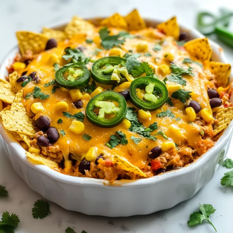 - 1 lb ground turkey or beef - 1 small onion, diced - 1 bell pepper, diced - 1 packet taco seasoning - 1 can (15 oz) black beans, drained and rinsed - 1 cup corn (fresh or frozen) - 1 can (10 oz) diced tomatoes with green chilies - 2 cups tortilla chips, crushed - 2 cups shredded cheddar cheese - 1 cup sour cream - Fresh cilantro and jalapeños for garnish When I make my Easy Taco Bake, I always start with fresh and tasty ingredients. The main players here are the ground turkey or beef, onion, and bell pepper. These three form the base of flavor. Ground turkey is lean and healthy, but beef adds a rich taste. I prefer turkey for a lighter meal. The diced onion and bell pepper bring sweetness and crunch. Next, I add a packet of taco seasoning. This step is key! It gives the dish its signature taco flavor. I also toss in black beans. They add protein and fiber, making the meal heartier. Corn adds a sweet pop, while diced tomatoes with green chilies give a nice kick. For the crunch, I crush tortilla chips. They provide a great texture in every bite. I then layer shredded cheddar cheese, which melts beautifully and adds creaminess. Sour cream cools the dish down and brings a lovely tang. Finally, I finish with fresh cilantro and jalapeños. These colorful garnishes make the dish look as good as it tastes! {{ingredient_image_1}} - Preheat the oven to 350°F (175°C). - Dice the onion and bell pepper. Start by heating your oven. This step is important for getting that nice, crispy top on your taco bake. While the oven warms up, grab your onion and bell pepper. Dice them into small pieces. This way, they cook evenly and mix well with the meat. - Sauté onion and bell pepper. - Brown the meat. In a large skillet, add a splash of oil over medium heat. Toss in your diced onion and bell pepper. Cook them for about 5 to 7 minutes, until they soften and smell great. Next, add your ground turkey or beef. Break it up with a spatula. Cook until it turns brown. This step adds flavor and texture to your dish. - Layer crushed tortilla chips. - Add meat and bean mixture. - Spoon sour cream and sprinkle cheese. In a greased 9x13 inch baking dish, spread half of your crushed tortilla chips on the bottom. This creates a crunchy base. Next, add the cooked meat and bean mixture right on top. Make sure to spread it evenly. Then, spoon dollops of sour cream over the meat. Finally, sprinkle half of your shredded cheddar cheese on top. This will melt beautifully as it bakes. - Bake in preheated oven for 25-30 minutes. - Check for doneness. Place your taco bake in the oven. Bake it for 25 to 30 minutes. You'll know it's done when the cheese is melted, bubbly, and slightly golden. This is the moment when your kitchen fills with delicious aromas, making everyone eager to dig in! - How to prevent soggy layers To stop soggy layers in your taco bake, use less sauce. Drain all canned items well. Spread the crushed chips evenly for a good base. This helps keep the bottom crunchy. - Choosing the right cheese I love using sharp cheddar cheese. It melts well and gives great flavor. You can mix in pepper jack for a spicy kick. Always aim for fresh cheese for the best results. - Best sides to serve with taco bake Fresh salad pairs nicely. You can also serve it with rice or beans. Corn on the cob is a fun side too. Don’t forget some tortilla chips for extra crunch! - Ideal beverages to pair Cold lemonade or iced tea works well. If you like soda, try a light cola. For adults, a light beer or margarita adds a nice touch to the meal. - Garnishing options Top your taco bake with cilantro for color. Sliced jalapeños add a spicy flair. You can also use diced tomatoes or green onions for freshness. - Serving in colorful dishes Use vibrant dishes to make your meal pop. A bright casserole dish can make the food more inviting. Consider using plates that match the theme of your dinner. Pro Tips Choose Your Meat Wisely: Using ground turkey is a healthier option, but if you prefer beef, go for lean ground beef to keep the dish light. Layering is Key: Ensure that you spread the ingredients evenly in layers to get the perfect bite every time, with a mix of textures and flavors. Customize Your Spice Level: If you like it hot, consider adding more diced jalapeños or a dash of hot sauce to the meat mixture before baking. Let It Rest: After baking, allow the dish to cool for a few minutes. This helps the layers set and makes serving easier. {{image_2}} You can easily swap ground turkey for beef. Ground turkey is leaner, making it a healthy choice. It still gives great flavor. If you want a vegetarian option, try using lentils or quinoa. These options pack in protein and keep it hearty. For a spicier taco bake, add jalapeños. You can mix them in with the meat or sprinkle them on top. They add a nice kick! Another fun idea is to add different beans. Black beans are great, but try pinto or kidney beans for a twist. Each type brings its own flavor. If you need gluten-free options, use gluten-free tortilla chips. They work just as well and taste great. For a dairy-free version, substitute sour cream with a plant-based yogurt. You still get a creamy texture without the dairy. Adjusting these ingredients makes this dish fit for everyone! After enjoying your taco bake, store any leftovers right away. First, let the dish cool to room temperature. Then, cover it tightly with plastic wrap or foil. You can also place it in an airtight container. This keeps it fresh for up to three days in the fridge. If you want to keep it longer, freezing is a great option. Cut the taco bake into portions and wrap each piece well. Place them in freezer-safe bags or containers. It will last for up to three months in the freezer. When it’s time to eat the leftovers, reheating is key. The best method is to use an oven. Preheat the oven to 350°F (175°C). Place the taco bake in an oven-safe dish. Cover it with foil to keep it moist. Heat for about 20 minutes or until hot all the way through. You can also use a microwave for a quick fix. Place a portion on a microwave-safe plate. Heat it on high for 1-2 minutes. Check to see if it is hot enough. If not, heat in 30-second bursts. To revive the leftovers, add a little cheese on top. This will make it melty and delicious again. Can I make taco bake ahead of time? Yes, you can make taco bake ahead. Prepare it, then cover and chill. Bake it the next day. This saves time on busy nights. What can I substitute for sour cream? You can use Greek yogurt instead of sour cream. It gives a similar taste. Cream cheese is another option for a rich texture. How do I make it spicier? Add diced jalapeños to the meat mix. You can also sprinkle chili powder in the taco seasoning. Hot sauce on top will give it a nice kick. Can I use different types of meat? Yes, feel free to swap ground turkey for beef or chicken. You can even use a meat substitute for a vegetarian option. How long can taco bake be stored? Taco bake lasts about 3-4 days in the fridge. Keep it in an airtight container for best results. Can I make a smaller portion? Absolutely! You can halve the recipe and use a smaller dish. Just adjust the cooking time as needed. This taco bake combines simple ingredients for a delicious meal. You learned about each step, from preparing the ingredients to baking. We explored tips for serving and creative variations too. Try making this dish and enjoy all the tasty options. You'll impress your family and friends. Remember, cooking is fun and full of surprises! Enjoy your taco bake experience.