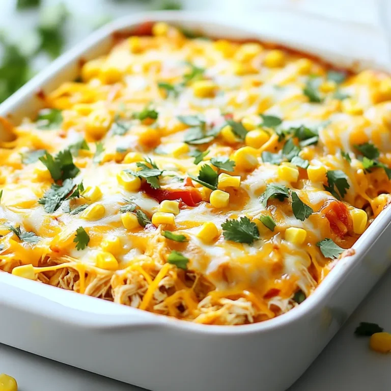 For this tasty casserole, you will need: - 3 cups cooked chicken, shredded - 1 cup BBQ sauce (your favorite brand) - 1 cup ranch dressing - 2 cups cooked quinoa or rice - 1 cup corn kernels (fresh or frozen) - 1 can (15 oz) black beans, rinsed and drained - 1 cup shredded cheddar cheese - 1 cup diced bell peppers (any color) - 1 teaspoon garlic powder - 1 teaspoon onion powder - Salt and pepper to taste - Fresh cilantro, chopped (for garnish) These main ingredients create a mix of flavors. The chicken adds protein, while the BBQ sauce and ranch dressing give it a rich taste. Quinoa or rice makes it filling, and the veggies add color and crunch. To make your casserole even better, consider these optional ingredients: - Jalapeños for heat - Green onions for fresh taste - Avocado for creaminess - Extra cheese for a cheesy kick Adding these can take your dish to another level. They can bring new flavors and textures, making each bite interesting. If you don’t have something on hand, here are some easy swaps: - Use turkey instead of chicken for a leaner option. - Try a different sauce, like teriyaki, for a new twist. - Swap quinoa for brown rice or cauliflower rice for lower carbs. - Use any type of cheese you have available, like mozzarella or pepper jack. These substitutions help you adapt the recipe. You can still enjoy a flavorful dish even with changes. {{ingredient_image_1}} First, I preheat the oven to 350°F (175°C). This step is key for even cooking. Next, I grease a 9x13 inch baking dish with cooking spray. This helps the casserole not stick to the dish. In a large mixing bowl, I combine the shredded chicken, BBQ sauce, and ranch dressing. I add cooked quinoa or rice to this mix. It gives the dish a nice base. Then, I stir in corn kernels, black beans, and diced bell peppers. I also sprinkle in garlic powder, onion powder, salt, and pepper. This blend of flavors makes the casserole tasty. I pour the chicken mixture into the greased baking dish. I spread it out evenly, so it cooks well. Next, I sprinkle the shredded cheddar cheese over the top. This adds a rich flavor and a nice crust. I cover the dish with aluminum foil and bake it for 25 minutes. After that, I remove the foil and bake for another 10-15 minutes. I watch for the cheese to become bubbly and golden. Once it's done, I take it out and let it cool for a few minutes. Then, I garnish it with fresh cilantro before serving. To shred chicken well, start with warm meat. Use two forks or your hands. This lets you pull the chicken apart easily. If you want, you can also use a stand mixer on low speed. This method saves time and keeps the meat tender. After shredding, mix the chicken with your BBQ sauce and ranch dressing right away. This keeps the meat juicy and adds great flavor. Adding the right seasonings makes a big difference. Besides garlic and onion powder, feel free to experiment. Try adding smoked paprika for a hint of smokiness. A pinch of cumin can also add depth. Don’t forget to taste as you go. This way, you can adjust salt and pepper to your liking. Fresh cilantro on top gives a nice pop of flavor and color when serving. For a full meal, serve the casserole with a side salad. A fresh green salad adds crunch and balance. You can also place some extra BBQ sauce on the table. This lets everyone add more if they want. You might want to offer some crusty bread or rolls too. They’re great for soaking up the delicious sauce. Enjoy your meal! Pro Tips Use Rotisserie Chicken: For quicker prep time, consider using store-bought rotisserie chicken instead of cooking your own. This adds flavor and saves time! Customize Your Veggies: Feel free to include other vegetables like zucchini or spinach to boost the nutrition and add more color to your casserole. Cheese Variations: Experiment with different cheese types such as Monterey Jack or pepper jack for a spicier kick. You can even mix cheeses for a unique flavor! Make Ahead: This casserole can be prepared a day in advance. Just assemble it and store it in the fridge, then bake it when you’re ready to serve. {{image_2}} You can easily make this dish vegetarian. Swap the cooked chicken for hearty mushrooms or a mix of diced zucchini and eggplant. These veggies add a nice texture. Use plant-based BBQ sauce and ranch dressing. This change keeps the flavors while making it meat-free. You can also add extra beans for protein. Black beans or chickpeas work well here. Feel free to mix things up! Instead of quinoa or rice, try using farro or barley. These grains add a nutty taste. You can also change the cheese. Pepper jack cheese gives a nice kick. If you like a sweeter twist, add some diced pineapple or a touch of honey to the BBQ sauce. This can balance the flavors well. If you need a gluten-free version, use quinoa or rice as your base. Both are gluten-free grains. Always check your BBQ sauce and ranch dressing labels. Some brands add gluten, while others do not. For a crunchy topping, try crushed gluten-free crackers or corn chips. This will give your casserole a fun texture! To keep your BBQ Ranch Chicken Casserole fresh, let it cool first. Place leftovers in an airtight container. Make sure to store it in the fridge. This dish stays good for about three to four days. Label your container with the date. This helps you remember when you made it. When you're ready to eat your leftovers, preheat your oven to 350°F (175°C). Place the casserole in a baking dish. Cover it with aluminum foil to keep it moist. Heat for about 20 minutes or until hot. You can also use the microwave. Just heat in short bursts to avoid drying it out. If you can't eat it all, you can freeze the casserole. First, let it cool completely. Then, cut it into portions for easy reheating. Wrap each portion tightly in plastic wrap, then place it in a freezer bag. It can last up to three months in the freezer. When you’re ready to enjoy it, thaw it in the fridge overnight before reheating. No, you should not use raw chicken. The recipe calls for cooked chicken. Cooked chicken is safe and adds flavor. You can use grilled, rotisserie, or leftover chicken. You can serve this casserole with many sides. A fresh green salad pairs well. You might also enjoy cornbread or garlic bread. Extra BBQ sauce is a tasty touch on the side. Leftovers from this casserole will last about three to four days in the fridge. Store it in an airtight container. Always check for any signs of spoilage before eating. Yes, you can make this casserole ahead of time. Combine the ingredients and store it in the fridge. Just bake it when you're ready to serve. This makes meal prep easy. Yes, you can use different cheeses. Try pepper jack for a spicy kick. Mozzarella or Monterey Jack would also work well. Just pick your favorite cheese and enjoy! This blog post covered the essentials of making a BBQ Ranch Chicken Casserole. We looked at key ingredients and some great substitutes to add flavor. I shared steps to prepare and bake it perfectly. You learned tips for shredding chicken and serving it well. We also explored tasty variations and safe storage options. In the end, this recipe is simple and fun. Enjoy making it your own!