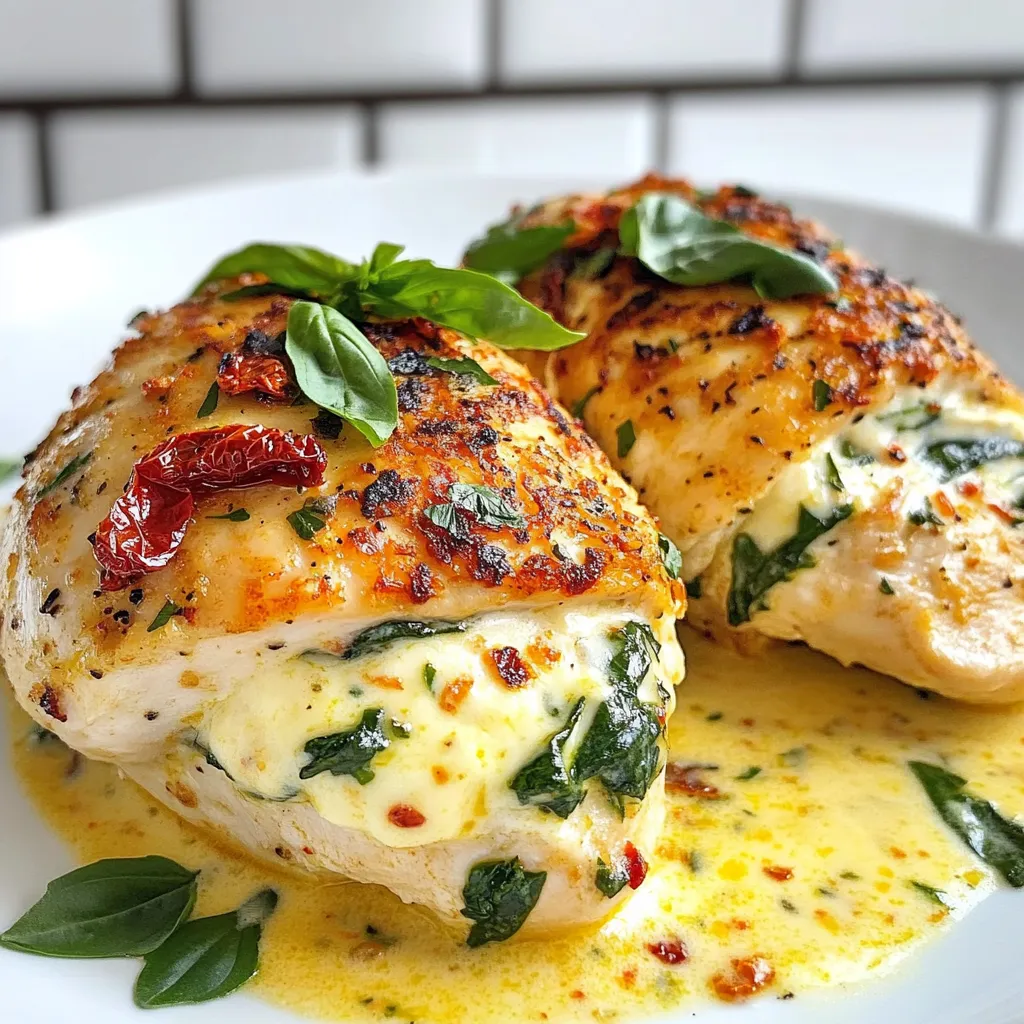 - Boneless, skinless chicken breasts: These are the stars of the dish. They cook evenly and stay juicy. You can find them fresh or frozen. - Cream cheese: This is the key to creaminess. It gives the dish a rich taste and smooth texture. Make sure to soften it for easy mixing. - Fresh spinach: Spinach adds color and nutrition. It wilts down nicely and blends well with the cream cheese. You can also use other veggies if you like. - Garlic and fresh herbs: Garlic brings a lovely aroma. Fresh basil and parsley add brightness and flavor. They make the dish feel fresh and homemade. - Salt, pepper, and olive oil: These basic seasonings enhance the flavor. A little salt and pepper go a long way in making the chicken taste great. Olive oil helps in cooking and adds richness. - Sun-dried tomatoes and Parmesan cheese: Sun-dried tomatoes give a sweet and tangy taste. They also add a pop of color. Parmesan cheese adds a sharp flavor that pairs well with the other ingredients. {{ingredient_image_1}} To start, we need to make the cream cheese filling. First, take 8 ounces of softened cream cheese. If it’s too cold, it won’t mix well. I usually let it sit at room temperature for about 30 minutes. In a medium bowl, add the cream cheese. Then, toss in 1 cup of chopped fresh spinach, 1/2 cup of chopped sun-dried tomatoes, and 1/4 cup of grated Parmesan cheese. Add 2 cloves of minced garlic, 1 tablespoon of chopped fresh basil, and 1 tablespoon of chopped fresh parsley. Don’t forget to sprinkle in salt and pepper to taste. Mix everything until it’s smooth and creamy. This filling gives the chicken a great taste. Now, let’s stuff the chicken breasts. First, take 4 boneless, skinless chicken breasts. You will need a sharp knife. Carefully slice the chicken horizontally to make a pocket, but don’t cut all the way through. This way, the filling will stay inside. Once you have the pocket, use a spoon to fill each chicken breast with the cream cheese mixture. Make sure to distribute the filling evenly among the breasts. If the filling spills out, don’t worry. You can secure the openings with toothpicks if needed. For cooking, I love using a two-step method. First, heat 1 tablespoon of olive oil in an oven-safe skillet over medium-high heat. Once the oil is hot, add the stuffed chicken breasts. Sear each side for 3-4 minutes until they turn golden brown. This step locks in flavor. Next, transfer the skillet to your preheated oven at 375°F (190°C). Bake the chicken for 20-25 minutes. To check if it’s done, look for an internal temperature of 165°F (75°C). Once cooked, let the chicken rest for about 5 minutes. This helps keep it juicy. To ensure your chicken is tender, always start with boneless, skinless breasts. They cook evenly and stay juicy. When seasoning, use salt and pepper generously. This helps bring out the flavors of the cream cheese and herbs. One common mistake is overstuffing the chicken. If you add too much filling, it can ooze out while cooking. Make sure to create a nice pocket, but do not overfill. Another mistake is overcooking the chicken. Always check the internal temperature. It should reach 165°F (75°C) for safe eating. For ideal side dishes, serve roasted vegetables or a light salad. They complement the rich flavors of the chicken. To make your meal appealing, garnish with fresh herbs. Arrange the chicken on a plate with colorful sides for a beautiful presentation. Pro Tips Use Fresh Ingredients: Fresh spinach and herbs will enhance the flavor and texture of your stuffing, making the dish more vibrant and delicious. Don’t Overstuff: Be careful not to overstuff the chicken breasts, as this can cause them to burst during cooking. A generous amount is fine, but keep it manageable. Let it Rest: Allowing the chicken to rest for a few minutes after baking helps the juices redistribute, resulting in a juicier and more flavorful dish. Experiment with Cheese: Try different cheeses like feta or goat cheese for a unique twist on the stuffing, adding different flavors to suit your taste. {{image_2}} You can easily change up the flavor in your Cream Cheese Chicken. Try using different herbs and spices. Here are some great options: - Thyme: Adds a nice earthy taste. - Oregano: Gives a warm, robust flavor. - Smoked Paprika: Adds a hint of smokiness. You can also mix in more vegetables. For example: - Mushrooms: Add a meaty texture. - Bell Peppers: Bring in some sweetness and color. - Zucchini: Offers a light, fresh taste. Looking for a low-carb or keto option? You can make this dish fit your needs. Here are some tips: - Use Chicken Thighs: They have more fat and flavor. - Skip the Parmesan: Leave it out to cut carbs. If you want a dairy-free version, try these substitutes for cream cheese: - Tofu: Blend it until smooth. - Cashew Cream: Soak cashews and blend with water for a creamy texture. Want to spice things up? Add a cultural twist to your Cream Cheese Chicken! Here are some ideas: - Italian-Inspired: Mix in basil and sun-dried tomatoes. Top with marinara sauce before baking. - Mexican Flavors: Use taco seasoning and add black beans. Serve with salsa for a zesty kick. These variations keep the dish exciting and can fit different tastes and diets! To store leftover cream cheese chicken, let it cool first. Then, place it in an airtight container. This keeps the chicken fresh and tasty. You can store it in the fridge for up to three days. Make sure to check for any unusual smells or colors before eating. Freezing cream cheese chicken is easy. Wrap each piece in plastic wrap, then place it in a freezer-safe bag. This helps to keep out air and prevent freezer burn. You can freeze it for up to three months. When you are ready to eat, thaw the chicken in the fridge overnight. To reheat, place it in the oven at 350°F (175°C) until warmed through. This helps keep the chicken moist and tender. Avoid using the microwave, as it can dry out the chicken. How to know when chicken is fully cooked? You can check the chicken's doneness by using a meat thermometer. The safe internal temperature is 165°F (75°C). If you don’t have a thermometer, cut into the thickest part of the chicken. The meat should be white, and the juices should run clear, not pink. Can I use chicken thighs instead of breasts? Yes, chicken thighs work great too! They are more juicy and tender. Just remember they may take a bit longer to cook compared to breasts. Thighs also add more flavor to the dish. What can I use instead of cream cheese? You can use ricotta cheese for a lighter option. Greek yogurt also works well for a tangy taste. If you need a dairy-free option, try cashew cream blended with a bit of lemon juice. Alternatives for fresh spinach and sun-dried tomatoes For spinach, you can use kale or Swiss chard. If you don’t have sun-dried tomatoes, try roasted red peppers or even fresh tomatoes. Just chop them small for a nice mix. Can this recipe be made in a slow cooker? Yes, you can adapt this recipe for a slow cooker. Sear the chicken first, then place it in the slow cooker. Cook on low for about 4-5 hours or until the chicken is tender. How to adjust baking time for thicker chicken breasts? For thicker chicken breasts, increase the baking time. Check after 25 minutes, and keep baking until you reach the right temperature. You might need 5-10 extra minutes depending on thickness. This article guides you through making delicious cream cheese chicken. You learned about the main ingredients, like chicken breasts, cream cheese, and veggies. We covered seasonings, cooking methods, and practical tips to avoid common mistakes. Try different flavors and modifications that suit your diet. Remember, proper storage keeps leftovers tasty. With this knowledge, you can confidently create a flavorful meal. Enjoy experimenting with your variations and impressing everyone at the table!