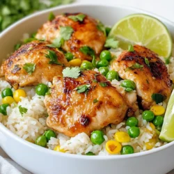 To make coconut chicken and rice, you need simple, fresh ingredients. Here’s what you will need: - 2 cups jasmine rice - 1 can (13.5 oz) coconut milk - 1 ½ cups chicken broth - 4 boneless, skinless chicken thighs - 2 tablespoons olive oil - 1 teaspoon garlic powder - 1 teaspoon onion powder - 1 teaspoon turmeric - 1 teaspoon ground ginger - Salt and pepper to taste - 1 cup peas (fresh or frozen) - ¼ cup fresh cilantro, chopped (for garnish) - Lime wedges (for serving) These ingredients come together to create rich flavors. The coconut milk gives creaminess, while the spices add warmth. Garnishes can elevate your dish. Consider adding: - Chopped fresh cilantro for brightness - Lime wedges for a zesty kick Serving in deep bowls makes the dish look inviting. The colors pop, and it tastes even better when shared. If you can’t find certain items, don’t worry! Here are some swaps: - Use basmati rice instead of jasmine for a different flavor. - Chicken breast works if you prefer lean meat. - Vegetable broth can replace chicken broth for a vegetarian twist. - Frozen peas can easily stand in for fresh ones. These swaps maintain the heart of the recipe while catering to your needs. Enjoy experimenting with what you have on hand! {{ingredient_image_1}} First, rinse the jasmine rice under cold water. Keep rinsing until the water runs clear. This step removes excess starch and helps the rice cook better. After rinsing, drain the rice and set it aside. Next, season the chicken thighs. Use garlic powder, onion powder, turmeric, ground ginger, salt, and pepper. Mix these spices well and coat the chicken evenly. This will give the chicken great flavor. In a large pot, heat the olive oil over medium heat. Once hot, add the seasoned chicken. Brown the chicken for about 4-5 minutes on each side until it turns golden. This step adds nice color and flavor. After browning, remove the chicken and set it aside. Now, add the drained jasmine rice to the pot. Sauté the rice for 1-2 minutes. Stir occasionally to prevent sticking. Then, pour in the coconut milk and chicken broth. Stir to mix everything well. Return the browned chicken to the pot. Cover the pot and bring the mixture to a gentle boil. Once boiling, lower the heat to let it simmer. Cook for about 20-25 minutes. This allows the rice and chicken to become tender and fully cooked. In the last 5 minutes, add the peas. Stir gently to mix them with the rice and chicken. This adds a pop of color and nutrition to your dish. When the cooking time is up, remove the pot from the heat. Let it sit for a few minutes with the lid on. This helps the flavors meld together. After resting, fluff the rice with a fork before serving. For a beautiful presentation, serve the dish in deep bowls. Garnish with chopped cilantro and add lime wedges on the side. The lime adds a fresh zing that brightens the dish. Enjoy your coconut chicken and rice! To make great coconut chicken and rice, follow these steps. First, rinse the jasmine rice well. This removes excess starch. It helps the rice stay fluffy. Heat your pot on medium heat. Use olive oil to brown the chicken. This adds flavor. Cook it for 4-5 minutes on each side until golden. After browning, remove the chicken. Add the drained rice to the pot. Sauté it for 1-2 minutes. This brings out the rice's nuttiness. Next, mix in the coconut milk and chicken broth. Stir well. Return the chicken to the pot. Cover and bring it to a gentle boil. Then, lower the heat and let it simmer. This keeps the flavors locked in. To boost the flavor, use fresh herbs. Add cilantro and lime juice for brightness. You can also toss in some diced bell peppers. They add color and crunch. If you like heat, add a pinch of red pepper flakes. For a richer taste, try adding a splash of fish sauce. It gives a nice umami kick. Also, consider marinating the chicken. Use lime juice and garlic for a few hours. This makes the chicken even tastier. Avoid cooking the rice without rinsing it first. This will make it sticky. Don’t skip browning the chicken. It adds a deep flavor. Make sure you don’t lift the lid while it simmers. It keeps the steam inside. Lastly, be careful not to overcook the chicken. Use a meat thermometer if needed. The chicken should reach 165°F for safety. Follow these tips, and your coconut chicken and rice will shine! Pro Tips Rinsing the Rice: Rinsing jasmine rice under cold water helps remove excess starch, resulting in fluffier rice that doesn't clump together. Marinating the Chicken: For a deeper flavor, consider marinating the chicken thighs in the spices and olive oil for at least 30 minutes before cooking. Check for Doneness: Ensure your chicken is fully cooked by checking that it reaches an internal temperature of 165°F (75°C) before serving. Fresh Peas vs. Frozen: If using fresh peas, add them in the last few minutes of cooking to maintain their vibrant color and crunchiness. {{image_2}} You can switch jasmine rice for other types. Basmati rice adds a nutty taste. Brown rice is a healthy choice and offers more fiber. For a fun twist, try wild rice. Each type gives a unique flavor and texture. If chicken isn't your favorite, consider shrimp or tofu. Shrimp cooks fast and keeps the dish light. Tofu absorbs flavors well, making it perfect for vegetarians. You can also use beef or pork for a heartier meal. Change the spices to mix things up. Add chili flakes for heat, or lime zest for brightness. Fresh herbs like basil or mint can bring freshness. You can even add chopped bell peppers for extra crunch. Each change can create a new dish from the same base. To store leftovers, let the dish cool first. Place the coconut chicken and rice in an airtight container. This keeps the flavors fresh. You can store it in the fridge for up to three days. For best taste, eat it within this time. Reheating is simple. You can use the microwave or the stove. If using the microwave, place the food in a bowl and cover it. Heat for about 1-2 minutes, stirring halfway through. If using the stove, add a splash of water to the pot. Heat over low until warm, stirring often. This keeps the rice moist. You can freeze this dish too. First, let it cool completely. Then, place the chicken and rice in a freezer-safe container. It can last up to three months in the freezer. When you're ready to eat, thaw it in the fridge overnight. Reheat as mentioned above. Enjoy your tasty meal anytime! Coconut chicken and rice pairs well with many sides. Here are some ideas: - Steamed vegetables: Broccoli or green beans add color and crunch. - Salad: A light salad with greens and a tangy dressing complements the dish. - Fresh fruit: Mango or pineapple gives a sweet contrast to the savory meal. - Bread: Naan or flatbread can help soak up the delicious sauce. These options enhance the meal and make it more fun to eat. Yes, you can use different chicken cuts. Bone-in thighs add rich flavor. Chicken breasts are a leaner choice. Just adjust cooking time. Ensure your chicken reaches 165°F for safety. Thighs usually stay juicy, while breasts can dry out if overcooked. Choose what you like best! To check if your chicken is cooked, use a meat thermometer. Insert it into the thickest part of the chicken. It should read 165°F. If you don't have a thermometer, cut into the chicken. The meat should be white with no pink inside. Juices should run clear. These methods ensure your chicken is safe to eat. Coconut chicken and rice is a tasty dish anyone can make at home. We covered the main ingredients, cooking steps, and even tips to make it better. You can try different proteins or rice to mix things up. Remember, proper storage helps keep leftovers fresh. With these ideas, you can impress anyone at your table. I hope you feel ready to cook this delicious meal today!