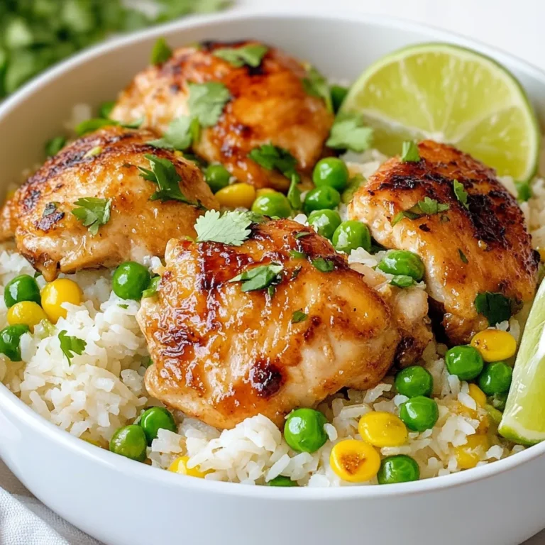 To make coconut chicken and rice, you need simple, fresh ingredients. Here’s what you will need: - 2 cups jasmine rice - 1 can (13.5 oz) coconut milk - 1 ½ cups chicken broth - 4 boneless, skinless chicken thighs - 2 tablespoons olive oil - 1 teaspoon garlic powder - 1 teaspoon onion powder - 1 teaspoon turmeric - 1 teaspoon ground ginger - Salt and pepper to taste - 1 cup peas (fresh or frozen) - ¼ cup fresh cilantro, chopped (for garnish) - Lime wedges (for serving) These ingredients come together to create rich flavors. The coconut milk gives creaminess, while the spices add warmth. Garnishes can elevate your dish. Consider adding: - Chopped fresh cilantro for brightness - Lime wedges for a zesty kick Serving in deep bowls makes the dish look inviting. The colors pop, and it tastes even better when shared. If you can’t find certain items, don’t worry! Here are some swaps: - Use basmati rice instead of jasmine for a different flavor. - Chicken breast works if you prefer lean meat. - Vegetable broth can replace chicken broth for a vegetarian twist. - Frozen peas can easily stand in for fresh ones. These swaps maintain the heart of the recipe while catering to your needs. Enjoy experimenting with what you have on hand! {{ingredient_image_1}} First, rinse the jasmine rice under cold water. Keep rinsing until the water runs clear. This step removes excess starch and helps the rice cook better. After rinsing, drain the rice and set it aside. Next, season the chicken thighs. Use garlic powder, onion powder, turmeric, ground ginger, salt, and pepper. Mix these spices well and coat the chicken evenly. This will give the chicken great flavor. In a large pot, heat the olive oil over medium heat. Once hot, add the seasoned chicken. Brown the chicken for about 4-5 minutes on each side until it turns golden. This step adds nice color and flavor. After browning, remove the chicken and set it aside. Now, add the drained jasmine rice to the pot. Sauté the rice for 1-2 minutes. Stir occasionally to prevent sticking. Then, pour in the coconut milk and chicken broth. Stir to mix everything well. Return the browned chicken to the pot. Cover the pot and bring the mixture to a gentle boil. Once boiling, lower the heat to let it simmer. Cook for about 20-25 minutes. This allows the rice and chicken to become tender and fully cooked. In the last 5 minutes, add the peas. Stir gently to mix them with the rice and chicken. This adds a pop of color and nutrition to your dish. When the cooking time is up, remove the pot from the heat. Let it sit for a few minutes with the lid on. This helps the flavors meld together. After resting, fluff the rice with a fork before serving. For a beautiful presentation, serve the dish in deep bowls. Garnish with chopped cilantro and add lime wedges on the side. The lime adds a fresh zing that brightens the dish. Enjoy your coconut chicken and rice! To make great coconut chicken and rice, follow these steps. First, rinse the jasmine rice well. This removes excess starch. It helps the rice stay fluffy. Heat your pot on medium heat. Use olive oil to brown the chicken. This adds flavor. Cook it for 4-5 minutes on each side until golden. After browning, remove the chicken. Add the drained rice to the pot. Sauté it for 1-2 minutes. This brings out the rice's nuttiness. Next, mix in the coconut milk and chicken broth. Stir well. Return the chicken to the pot. Cover and bring it to a gentle boil. Then, lower the heat and let it simmer. This keeps the flavors locked in. To boost the flavor, use fresh herbs. Add cilantro and lime juice for brightness. You can also toss in some diced bell peppers. They add color and crunch. If you like heat, add a pinch of red pepper flakes. For a richer taste, try adding a splash of fish sauce. It gives a nice umami kick. Also, consider marinating the chicken. Use lime juice and garlic for a few hours. This makes the chicken even tastier. Avoid cooking the rice without rinsing it first. This will make it sticky. Don’t skip browning the chicken. It adds a deep flavor. Make sure you don’t lift the lid while it simmers. It keeps the steam inside. Lastly, be careful not to overcook the chicken. Use a meat thermometer if needed. The chicken should reach 165°F for safety. Follow these tips, and your coconut chicken and rice will shine! Pro Tips Rinsing the Rice: Rinsing jasmine rice under cold water helps remove excess starch, resulting in fluffier rice that doesn't clump together. Marinating the Chicken: For a deeper flavor, consider marinating the chicken thighs in the spices and olive oil for at least 30 minutes before cooking. Check for Doneness: Ensure your chicken is fully cooked by checking that it reaches an internal temperature of 165°F (75°C) before serving. Fresh Peas vs. Frozen: If using fresh peas, add them in the last few minutes of cooking to maintain their vibrant color and crunchiness. {{image_2}} You can switch jasmine rice for other types. Basmati rice adds a nutty taste. Brown rice is a healthy choice and offers more fiber. For a fun twist, try wild rice. Each type gives a unique flavor and texture. If chicken isn't your favorite, consider shrimp or tofu. Shrimp cooks fast and keeps the dish light. Tofu absorbs flavors well, making it perfect for vegetarians. You can also use beef or pork for a heartier meal. Change the spices to mix things up. Add chili flakes for heat, or lime zest for brightness. Fresh herbs like basil or mint can bring freshness. You can even add chopped bell peppers for extra crunch. Each change can create a new dish from the same base. To store leftovers, let the dish cool first. Place the coconut chicken and rice in an airtight container. This keeps the flavors fresh. You can store it in the fridge for up to three days. For best taste, eat it within this time. Reheating is simple. You can use the microwave or the stove. If using the microwave, place the food in a bowl and cover it. Heat for about 1-2 minutes, stirring halfway through. If using the stove, add a splash of water to the pot. Heat over low until warm, stirring often. This keeps the rice moist. You can freeze this dish too. First, let it cool completely. Then, place the chicken and rice in a freezer-safe container. It can last up to three months in the freezer. When you're ready to eat, thaw it in the fridge overnight. Reheat as mentioned above. Enjoy your tasty meal anytime! Coconut chicken and rice pairs well with many sides. Here are some ideas: - Steamed vegetables: Broccoli or green beans add color and crunch. - Salad: A light salad with greens and a tangy dressing complements the dish. - Fresh fruit: Mango or pineapple gives a sweet contrast to the savory meal. - Bread: Naan or flatbread can help soak up the delicious sauce. These options enhance the meal and make it more fun to eat. Yes, you can use different chicken cuts. Bone-in thighs add rich flavor. Chicken breasts are a leaner choice. Just adjust cooking time. Ensure your chicken reaches 165°F for safety. Thighs usually stay juicy, while breasts can dry out if overcooked. Choose what you like best! To check if your chicken is cooked, use a meat thermometer. Insert it into the thickest part of the chicken. It should read 165°F. If you don't have a thermometer, cut into the chicken. The meat should be white with no pink inside. Juices should run clear. These methods ensure your chicken is safe to eat. Coconut chicken and rice is a tasty dish anyone can make at home. We covered the main ingredients, cooking steps, and even tips to make it better. You can try different proteins or rice to mix things up. Remember, proper storage helps keep leftovers fresh. With these ideas, you can impress anyone at your table. I hope you feel ready to cook this delicious meal today!