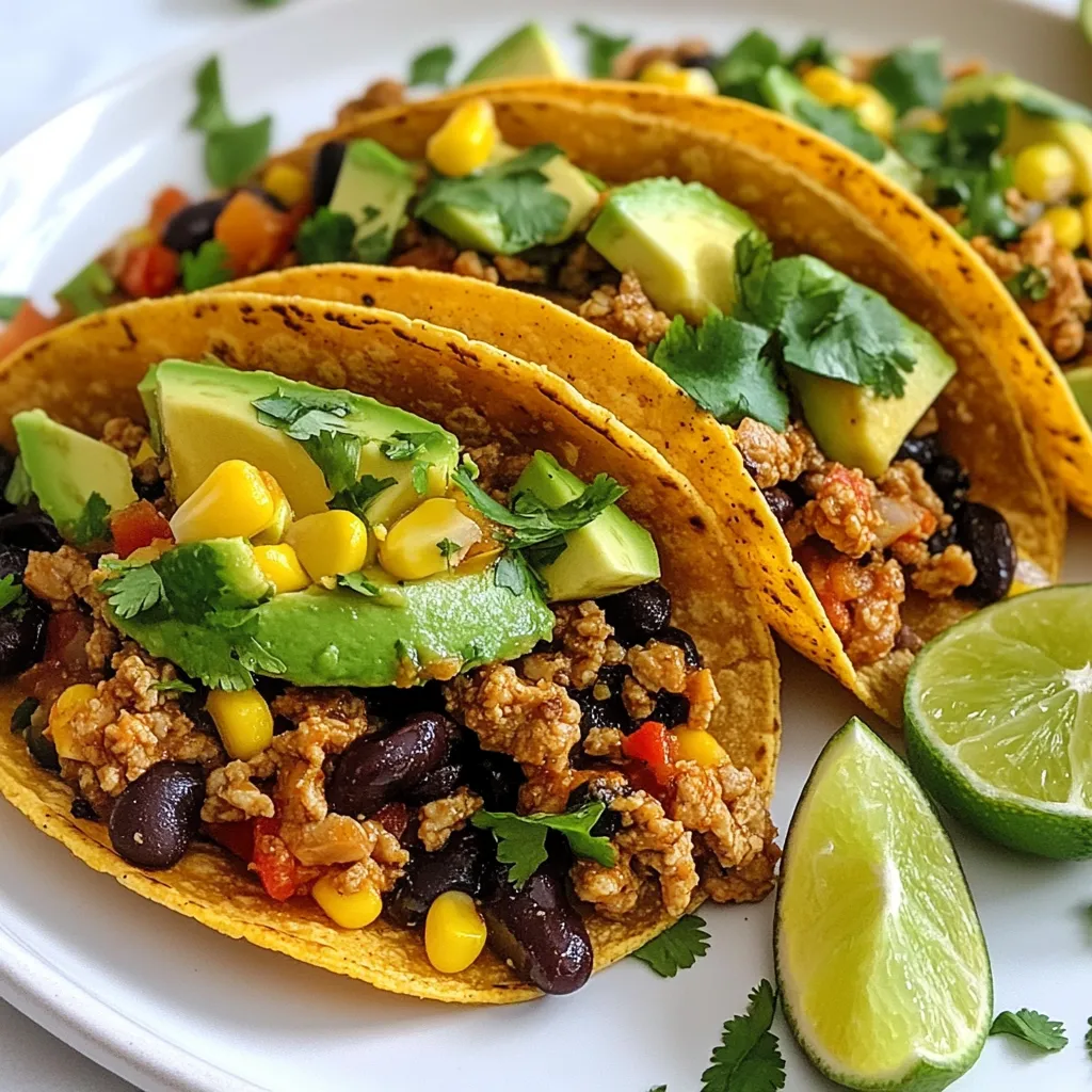 For these tasty tacos, gather these key ingredients: - 1 lb ground chicken (or turkey) - 1 tablespoon olive oil - 1 medium onion, finely chopped - 2 cloves garlic, minced - 1 bell pepper (red or green), diced - 1 can (15 oz) black beans, drained and rinsed - 1 cup corn kernels (fresh or frozen) - 1 tablespoon taco seasoning (homemade or store-bought) - Salt and pepper to taste - 8 small corn tortillas These ingredients come together to create a delicious filling that makes taco night fun. Tacos are all about personal taste. Here are some great toppings you can add: - 1 avocado, sliced - Fresh cilantro, chopped - Lime wedges for serving Feel free to mix and match these toppings. They add flavor and color to your tacos. To make this dish, you will need a few simple tools: - A large skillet - A spatula for stirring - A cutting board and knife - A separate pan for warming tortillas Having the right tools helps you cook efficiently. With these items, you can whip up tacos in no time! {{ingredient_image_1}} To start, heat 1 tablespoon of olive oil in a large skillet over medium heat. Add 1 finely chopped onion. Sauté it for about 3-4 minutes until it turns translucent. Next, add 2 minced garlic cloves and 1 diced bell pepper. Cook these for another 2-3 minutes until they soften. Now, increase the heat to medium-high. Add 1 pound of ground chicken (or turkey) to the skillet. Break it up with a spatula and cook until it is browned and no longer pink, about 5-7 minutes. Stir in 1 can of drained black beans, 1 cup of corn kernels, and 1 tablespoon of taco seasoning. Don’t forget to season with salt and pepper to taste. Cook this mixture for 3-4 minutes, letting all the flavors blend well. While the filling cooks, grab 8 small corn tortillas. Warm them in a separate pan over low heat. This should take about 1-2 minutes on each side. The goal is to make them soft and easy to fold. Now comes the fun part! Take each warm tortilla and spoon a generous amount of the chicken mixture onto it. Top with sliced avocado and a sprinkle of chopped cilantro. Serve with lime wedges on the side. Squeeze the lime juice over the tacos for an extra burst of flavor before enjoying. To get juicy chicken, start with a hot pan. Heat olive oil until it shimmers. Add the ground chicken and break it up as it cooks. Stir often to avoid burning. Cook it for about 5-7 minutes. It should be golden brown and no longer pink. This method keeps the chicken tender and full of flavor. You can make your taco seasoning just how you like it. Start with the basic taco seasoning. Mix chili powder, cumin, garlic powder, and onion powder. Add salt and pepper to taste. You can also add paprika or a pinch of cayenne for heat. Adjust the spices to match your family's taste. This way, every taco night can be a new adventure! Sometimes, you need to add something quick. If you want more veggies, toss in some chopped zucchini or spinach. You can also use leftover chicken, beef, or beans. If you’re short on time, grab a store-bought salsa or guacamole. These toppings add fresh flavor and make your meal more exciting. Keep your pantry stocked for these quick fixes! Pro Tips Use Fresh Ingredients: For the best flavor, opt for fresh vegetables and herbs. Fresh produce enhances the taste and texture of your tacos. Customize Your Seasoning: Feel free to adjust the amount of taco seasoning according to your taste. Adding extra spices like cumin or chili powder can give your filling more depth. Keep Tortillas Warm: To keep your tortillas warm and pliable, wrap them in a clean kitchen towel after heating. This prevents them from drying out and cracking. Experiment with Toppings: While avocado and cilantro are great, consider adding cheese, salsa, or pickled onions for a burst of flavor. Toppings can elevate your taco experience. {{image_2}} You can easily make vegetarian tacos. Swap the ground chicken for 1 can of black beans. This keeps the protein but adds more fiber. You can also add diced zucchini or mushrooms for extra flavor. Use the taco seasoning as usual. This option is tasty and healthy. If you like heat, try adding jalapeños. Dice them and mix them in with the onions. You can also add a pinch of cayenne pepper to the taco seasoning. This gives a nice kick without being overwhelming. Top your tacos with spicy salsa for an extra punch. Want to switch up your protein? Try ground turkey or beef instead of chicken. You can also use shredded pork or beef for a different taste. For a lighter option, use shrimp. Cook them quickly in the skillet for a fast meal. Each choice adds a unique flavor to your tacos. To keep your leftover tacos fresh, store the filling and tortillas separately. Place the taco filling in an airtight container. Let it cool before sealing. Wrap the tortillas in plastic wrap or foil. This helps keep them soft. Store both in the fridge for up to three days. This way, they stay tasty and safe to eat. When reheating, I suggest using a skillet for the best flavor. Heat the skillet over medium heat. Add the taco filling and warm it for about five minutes. Stir occasionally to heat evenly. For tortillas, warm them in the skillet for about one minute on each side. This keeps them soft and delicious. You can also use the microwave. Just place tortillas on a plate, cover with a damp paper towel, and heat for 20-30 seconds. You can freeze the taco filling for quick meals later. Let the filling cool completely. Place it in a freezer-safe bag or container. Squeeze out the air before sealing. Label the bag with the date. The filling lasts up to three months in the freezer. When you're ready to use it, thaw it overnight in the fridge. Reheat it in a skillet, and you have an easy meal ready to go! Yes, you can make the filling ahead of time. Just cook the ground chicken, beans, and veggies. Then, store it in the fridge for up to three days. When you're ready to eat, warm it in a skillet. It saves time on busy nights and tastes great! I like using small corn tortillas for these tacos. They add a nice flavor and texture. You can also use flour tortillas if you prefer. For a healthier option, try whole wheat tortillas. Choose what you love! To make this recipe gluten-free, use corn tortillas. Most taco seasonings are gluten-free, but check the label. You can make your own taco seasoning from spices like cumin, chili powder, and paprika. This way, you know it’s safe to eat! You now have everything you need for easy weeknight tacos. We covered the main ingredients, helpful tips, and tasty variations. You can customize your tacos and use alternative proteins or make them vegetarian. Knowing how to store and reheat leftovers ensures nothing goes to waste. With this guide, you can enjoy quick meals that satisfy everyone. Embrace your creativity and have fun with every bite!
