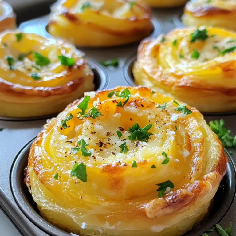 To make your Cheesy Garlic Cruffins, you need: - 1 package of puff pastry (2 sheets, thawed) - 1 cup shredded mozzarella cheese - 1 cup grated Parmesan cheese - 4 tablespoons unsalted butter, melted - 4 cloves garlic, minced - 1 tablespoon fresh parsley, chopped - 1 teaspoon garlic powder - ½ teaspoon salt - ½ teaspoon black pepper - 1 egg (for egg wash) These ingredients work together to create a tasty treat that is hard to resist. I love using both mozzarella and Parmesan in this recipe. Mozzarella gives a stretchy texture when melted. It also adds a mild flavor. Parmesan brings a sharp taste that balances the richness of mozzarella. You can mix them for a creamy and savory profile. Feel free to swap in other cheeses, too. Cheddar or gouda can work well if you want a different taste. Just remember that different cheeses melt differently, which can change the final texture. To kick up the flavor, consider adding a few optional ingredients. Here are some ideas: - Red pepper flakes for heat - Chopped green onions for freshness - A splash of lemon juice for brightness These extras can help you personalize your cruffins. Get creative! Use ingredients you love to make a dish that fits your taste. {{ingredient_image_1}} First, preheat your oven to 400°F (200°C). This step is key for that perfect bake. Next, take your thawed puff pastry sheets and place them on a lightly floured surface. Use a rolling pin to gently roll out the pastry. This makes the dough smooth and a bit thinner. Aim for a rectangle shape, which helps in cutting uniform strips later. In a small bowl, melt 4 tablespoons of unsalted butter. Once melted, add 4 cloves of minced garlic, 1 teaspoon of garlic powder, ½ teaspoon of salt, and ½ teaspoon of black pepper. Mix everything well. This garlic butter adds rich flavor. You will brush this mixture on your pastry for a tasty kick. Now it’s time to assemble your cruffins. Brush each sheet of puff pastry with the garlic butter mix. Cut each sheet into 6 equal strips. On each strip, sprinkle a layer of mozzarella and Parmesan cheese, leaving a small border. Starting from one end, roll each strip tightly into a spiral. Stand each rolled piece upright in a greased muffin tin. Make sure the swirled side is facing up. Flatten slightly to fit into each muffin cup. If you want extra cheesy goodness, sprinkle more cheese on top. Beat an egg and brush it over the tops of the cruffins for a golden finish. Bake in your preheated oven for 18-20 minutes. Watch for a golden brown top and bubbling cheese. Once done, let them cool slightly in the tin. Finish by sprinkling fresh parsley on top before serving. Enjoy your cheesy garlic cruffins! To get that fluffy, puffy texture, start with the right puff pastry. Use fresh, thawed pastry. Roll it out gently on a floured surface. This helps avoid tearing. Brush the pastry with garlic butter, but don’t soak it. Keep your layers light. When you roll them, make sure they are tight but not too tight. Stand them upright in the muffin tin to create that tall, airy shape. One big mistake is overworking the dough. This can make the pastry tough instead of flaky. Another is not letting the pastry thaw completely. If it’s still cold, it may not puff well. Don’t skip the egg wash. It gives your cruffins a nice golden look. Lastly, avoid crowding the muffin tin. Give each cruffin space to puff up beautifully. If you don’t have mozzarella, try using cheddar or gouda for a different taste. For Parmesan, any hard cheese will work, like Pecorino. You can swap fresh parsley with other herbs like basil or thyme. If you want a kick, use spicy garlic or add crushed red pepper flakes. For a dairy-free option, use vegan cheese that melts well. Pro Tips Chill the Puff Pastry: Keeping the puff pastry cold before baking helps it rise better and achieve that flaky texture. Experiment with Cheese: Feel free to mix different cheeses for a unique flavor. Cheddar, gouda, or even blue cheese can add a delightful twist! Garnish Wisely: Adding fresh herbs like basil or chives as a garnish can enhance both the flavor and presentation of your cruffins. Keep an Eye on Baking Time: Ovens can vary, so start checking for doneness a few minutes before the recommended baking time to avoid over-browning. {{image_2}} Cheesy Garlic Cruffins are fun to make and enjoy. You can change them up to fit your taste. Here are some tasty variations you might like. For a fresh twist, add spinach and feta cheese. Sauté fresh spinach until it wilts. Mix it with crumbled feta cheese. Spread this mix on the puff pastry before rolling. This adds a healthy touch and a great flavor. If you love heat, try spicy jalapeños. Chop fresh jalapeños and mix them with the cheese. Spread the cheese mix on the pastry strips. This brings a zesty kick to each bite. Just be careful not to add too much if you’re sensitive to spice. You can also play with herbs. Add fresh herbs like basil, thyme, or chives to the cheese mix. Chop them fine and mix them into the mozzarella and Parmesan. This gives your cruffins a fragrant aroma and a burst of flavor. The herbs brighten up the cheesy goodness. Feel free to mix and match these ideas. Each variation makes the cruffins unique and exciting. Enjoy experimenting! To keep your cruffins fresh, store them in an airtight container. This method helps maintain their crispiness. Place a piece of parchment paper between layers to avoid sticking. They stay good for up to 3 days at room temperature. If you need more time, refrigeration is an option, but it may change their texture. When it’s time to enjoy your cruffins again, reheating is key. The oven is best for keeping that crispy outside. Preheat your oven to 350°F (175°C). Place the cruffins on a baking sheet and heat for about 10 minutes. If you’re in a hurry, a microwave works too. Heat them for 15-20 seconds, but note that they may lose some crunch. For longer storage, freezing is a great option. Wrap each cruffin tightly in plastic wrap, then place them in a freezer bag. This method prevents freezer burn. They can last for up to 3 months in the freezer. When you’re ready to eat them, thaw in the fridge overnight. Reheat in the oven to regain that perfect texture. Cheesy garlic cruffins are a delightful mix of croissants and muffins. They feature layers of flaky puff pastry filled with melted cheese and garlic. Each bite gives you a warm, cheesy hug. The cruffins are easy to make and perfect for any meal. You can enjoy them as a snack, side, or even a fun breakfast. Baking cheesy garlic cruffins takes about 18 to 20 minutes. Preheat your oven to 400°F (200°C) first. This high heat helps the pastry puff up nicely and turn golden brown. Keep an eye on them to avoid overbaking. You want them bubbly and golden, not burnt. Yes, you can make cheesy garlic cruffins ahead of time! You can prepare them and store them in the fridge before baking. Just cover them with plastic wrap to keep them fresh. When ready, bake them straight from the fridge. This way, you can enjoy fresh cruffins whenever you want! Cheesy garlic cruffins are delicious and fun to make. We covered all the key parts, from choosing the right ingredients to step-by-step baking. You learned how to enhance flavors and spot common mistakes. With storage tips, your cruffins stay fresh longer. Now, get creative with your own flavors. Enjoy these tasty treats anytime or share them with friends!