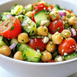 - 1 can (15 oz) chickpeas, rinsed and drained - 1 large cucumber, diced - 1 cup cherry tomatoes, halved - 1/2 red onion, finely chopped - 1 bell pepper (red or yellow), diced - 1/4 cup fresh parsley, chopped - 1/4 cup olive oil - 2 tablespoons lemon juice - 1 teaspoon cumin - Salt and pepper to taste - Optional: Crumbled feta cheese for topping When I make this salad, I focus on fresh and vibrant ingredients. The chickpeas offer protein and fiber, making this dish both filling and nutritious. Rinsing and draining the chickpeas ensures they are clean and free from excess sodium. Choosing a large cucumber adds crunch and freshness. I love using cherry tomatoes for their sweet flavor. Dicing a bell pepper, either red or yellow, brings a colorful touch and extra sweetness. The red onion adds a bit of zing that balances the salad well. Fresh parsley gives an earthy note and brightens up the dish. For the dressing, I whisk olive oil, lemon juice, cumin, salt, and pepper together. This simple mix enhances the flavors of all the ingredients. Lastly, I sometimes top the salad with crumbled feta cheese. It adds a creamy texture and salty bite, making the salad even more delightful. {{ingredient_image_1}} - First, rinse and drain the chickpeas. This step removes extra sodium and helps them taste fresh. - Next, dice the cucumber and bell pepper. Make sure to cut them into small, even pieces for a nice crunch. - Halve the cherry tomatoes and chop the red onion finely. The onion adds a great flavor, so don't skip it! - Now, combine all the prepared ingredients in a large mixing bowl. Add the chickpeas, cucumber, tomatoes, onion, and bell pepper. - Toss in the freshly chopped parsley for an extra burst of flavor. This herb brightens the salad. - In a small bowl, whisk together the olive oil, lemon juice, cumin, salt, and pepper. This dressing brings everything together. - Whisk until the mixture is smooth and well blended. You want a lovely balance of tang and spice. - Pour the dressing over the salad ingredients. The dressing will coat the veggies and chickpeas nicely. - Toss everything gently until all the ingredients are evenly coated. Make sure to mix well, so every bite is flavorful. - Let the salad sit for about 10-15 minutes before serving. This time allows the flavors to blend and develop. - If you like, serve it chilled or at room temperature. Want a little more richness? Top with crumbled feta cheese! To change the taste, start with the dressing. Add more lemon juice for a zesty kick. For a warm spice, try more cumin. If you like it salty, sprinkle extra salt. Taste the salad often to find what you like best. If you want to add feta cheese, crumble it on top just before serving. This keeps the cheese fresh and tasty. You can also use goat cheese or omit it for a vegan option. To keep leftover salad fresh, store it in an airtight container. This helps prevent wilting and keeps flavors strong. The salad will stay good for up to three days in the fridge. To maintain ingredient freshness, use ripe vegetables. When you cut them, try to use them quickly. If you have extra cucumber or tomatoes, store them separately to avoid sogginess. Pro Tips Chill Your Ingredients: For an extra refreshing taste, chill your chickpeas, cucumbers, and tomatoes in the fridge before mixing them together. Customize with Herbs: Feel free to mix in other fresh herbs like mint or dill for a unique twist on flavor. Perfectly Emulsified Dressing: To ensure your dressing is perfectly emulsified, whisk the olive oil and lemon juice vigorously until combined, or use a jar to shake it up. Serve with Grains: For a heartier meal, serve the salad over a bed of cooked quinoa or farro. {{image_2}} You can make your chickpea cucumber salad more filling by adding proteins or grains. Here are some easy options: - Chicken: Grilled or shredded chicken adds great flavor. - Tuna: Canned tuna mixes well and adds protein. - Quinoa: This grain brings a nice texture and is packed with nutrients. Switching up the dressing can change the whole salad. Here are some tasty ideas: - Yogurt-based dressing: A creamy yogurt dressing can add a nice tang. - Balsamic vinegar: A drizzle of balsamic vinegar gives a sweet twist. Using seasonal ingredients keeps your salad fresh and vibrant. Try these swaps: - Summer: Use ripe tomatoes and sweet corn for a sweet crunch. - Fall: Add roasted squash or apples for a warm flavor. - Winter: Include shredded carrots or pomegranate seeds for color and taste. To keep your chickpea cucumber salad fresh, store it in an airtight container. This helps lock in the flavors and keeps the salad crisp. You can refrigerate it for up to three days. After this time, the fresh ingredients may start to wilt or lose their crunch. If you notice any sogginess, it’s best to toss it out. You can freeze chickpea cucumber salad for long-term storage, but it may change the texture. If you want to freeze it, make sure to leave out the tomatoes and cucumber. These ingredients do not freeze well. Instead, freeze the chickpeas, bell pepper, onion, and dressing. When you're ready to enjoy, thaw the salad overnight in the fridge. After thawing, add the fresh vegetables back in and mix. This keeps your salad bright and tasty! Chickpea cucumber salad can stay fresh in the fridge for about 3 to 5 days. Keep it in an airtight container to maintain its crispness. After a few days, the cucumber may get watery. This can change the texture but does not affect the taste much. Yes, you can make this salad ahead of time. It tastes even better after sitting for a while. I recommend making it a few hours before serving. Just store it in the fridge to keep it cool and fresh. Absolutely! Chickpea cucumber salad is naturally gluten-free. It uses chickpeas, fresh veggies, and olive oil, all of which are gluten-free. This makes it a great option for those avoiding gluten. If you need a substitute for chickpeas, try using black beans or white beans. They both add protein and flavor. You can also use cooked quinoa for a grain option. Each choice brings a unique taste and texture to the salad. To boost the flavor, try adding more herbs like dill or mint. You can also mix in spices like paprika or chili powder for a kick. A splash of vinegar or some avocado can enhance the taste, too. Feel free to experiment with what you enjoy! In this blog post, we covered how to make a chickpea cucumber salad. We went through the ingredients, mixing, and what makes the flavors stand out. Remember, you can adapt this salad by adding proteins or using different dressings. Freshness is key, so store it properly for lasting taste. Whichever way you enjoy it, this salad is simple and tasty. Give it a try, and enjoy the health benefits!