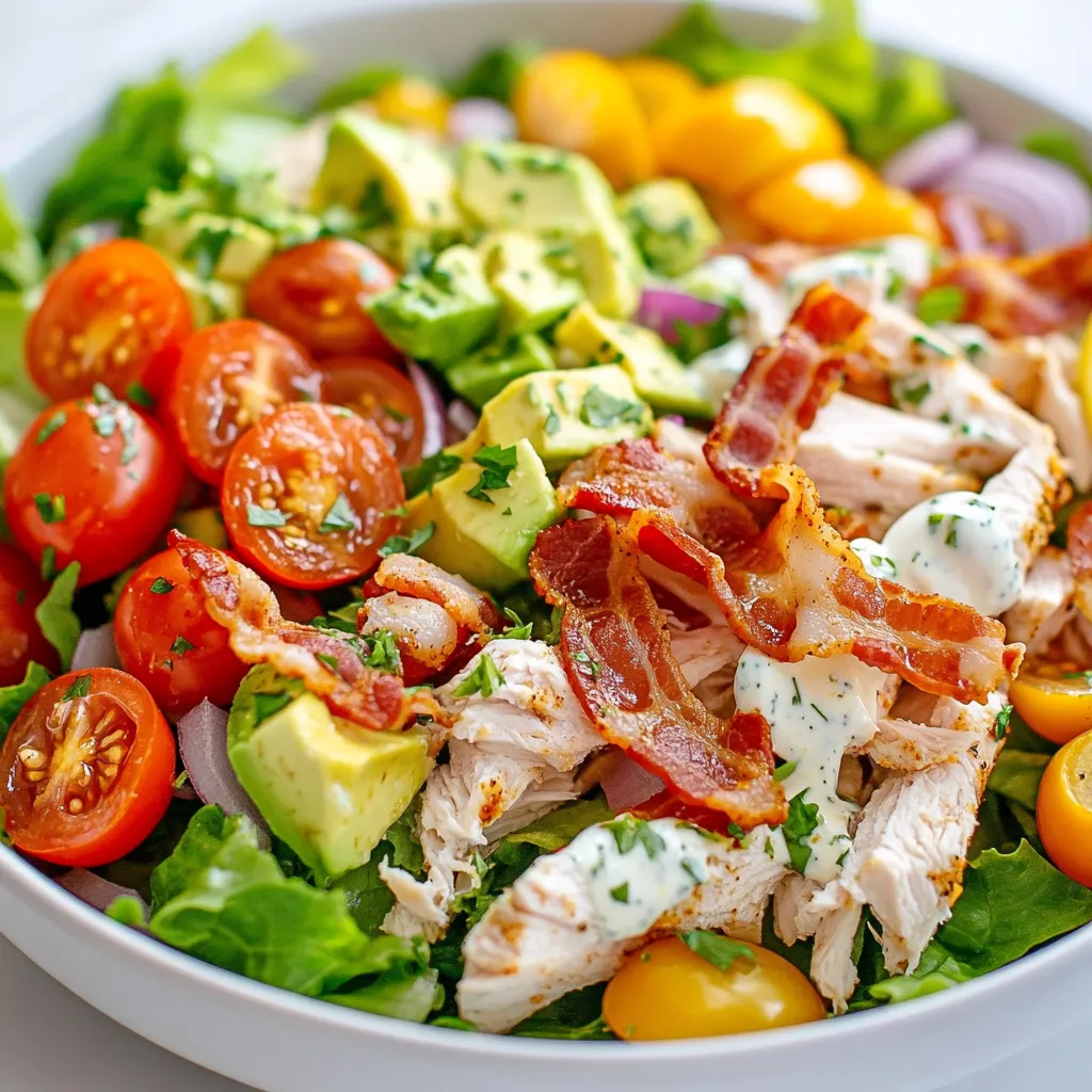 List of Ingredients Required - 2 cups cooked chicken breast, shredded - 4 strips of crispy turkey bacon, crumbled - 1 cup cherry tomatoes, halved - 1 avocado, diced - 1/2 cup romaine lettuce, chopped - 1/4 cup red onion, finely chopped - 1/3 cup Greek yogurt - 1 tablespoon mayonnaise - 1 tablespoon lemon juice - 1 teaspoon Dijon mustard - Salt and pepper to taste - Fresh parsley for garnish To make a delicious BLT chicken salad, gather these fresh and tasty ingredients. Start with cooked chicken. I prefer using shredded chicken for a soft texture. Use turkey bacon for a crunch. You can cook it until crispy for the best flavor. Cherry tomatoes add sweet and juicy bites. Diced avocado will bring creaminess to the mix. Romaine lettuce gives a nice crunch, while finely chopped red onion adds a bit of zing. For the dressing, Greek yogurt is key. It makes the salad creamy without too many calories. Mayonnaise adds extra flavor, and lemon juice brightens everything up. Dijon mustard gives it a nice kick. Remember to add salt and pepper for taste. Lastly, fresh parsley makes a nice touch for garnish. These ingredients come together to create a fresh and flavorful delight. Enjoy each bite! {{ingredient_image_1}} First, take a large mixing bowl. Combine the shredded chicken with the halved cherry tomatoes, diced avocado, chopped romaine, and finely chopped red onion. This mix makes the salad bright and fresh. Next, add in the crumbled turkey bacon. It brings a nice crunch and flavor. Toss everything gently to mix well. In a separate bowl, whisk the Greek yogurt and mayonnaise together. Add in the lemon juice and Dijon mustard. This mix gives the dressing a tangy kick. Season it with salt and pepper to taste. Whisk until the dressing is smooth and fully blended. Now, pour the dressing over the chicken mixture. Toss everything gently again. This coats all the ingredients well. Taste it and adjust the seasoning if needed. Let the salad rest for about 10 minutes. This helps the flavors blend. You can serve it chilled or at room temperature. Don’t forget to garnish with fresh parsley for a pop of color! To make this salad healthier, I suggest a few simple swaps. First, use low-fat Greek yogurt instead of regular yogurt. It cuts fat while adding protein. Next, opt for turkey bacon alternatives, which have less fat than regular bacon. You still get that crispy texture without the extra calories. To boost the flavor, try adding spices or herbs. Paprika or dill can brighten the dish. You can also experiment with different dressings. A light vinaigrette or honey mustard dressing adds a nice twist. Don’t be afraid to mix and match flavors until you find your favorite. Presentation matters. Garnish your salad with fresh parsley for a pop of color. It adds a nice touch and makes the dish look appealing. Serve the salad in chilled bowls to keep it cool and refreshing. This small step makes a big difference in how the salad feels when you eat it. Pro Tips Use Fresh Ingredients: Fresh, ripe avocados and in-season tomatoes will enhance the flavor of your salad significantly. Prep Ahead: You can cook and shred the chicken in advance. Store it in the fridge to save time when assembling the salad. Adjust the Dressing: Feel free to customize the dressing by adding herbs like dill or chives for extra flavor. Serve with Crunch: Add some toasted nuts or seeds on top for an extra crunch and nutritional boost. {{image_2}} You can switch up the protein in your BLT chicken salad for a fun twist. Grilled shrimp adds a nice touch. The smoky flavor from the grill pairs well with the salad's fresh veggies. Another option is salmon. It brings a rich taste and healthy fats. If you want a vegetarian take, try using tofu. Just cube it and toss it in. It absorbs flavors well and gives a nice texture. To make this salad even crunchier, think about adding nuts or seeds. Almonds or sunflower seeds work great. They give a nice nutty flavor and a good bite. You can also add crispy tortilla strips. They bring a fun crunch and a little extra flavor. Just sprinkle them on top before serving for the best crunch. If you want to change the dressing, try a balsamic vinaigrette. It adds a tangy sweetness that complements the salad well. Another option is a yogurt-based ranch dip. This will give your salad a creamy texture with a hint of herbs. Both options can change the whole vibe of the dish while keeping it delicious. To keep your BLT chicken salad fresh, follow these steps: - Store the salad in an airtight container. - Keep it in the fridge right after making it. - Use fresh ingredients to start. They last longer. - If possible, store the dressing separately until serving. This salad stays good in the fridge for about three days. After that time, it may spoil. Look for these signs: - A sour smell or off odor. - Change in color or texture. - Slimy texture on the chicken or veggies. If you need to reheat the chicken, do it carefully: - Use a microwave or stovetop on low heat. - Stir often to avoid hot spots. - Reheat just until warm. Don’t overcook. To keep the bacon crispy, you should eat it cold or add it fresh when serving. Avoid reheating cooked bacon. Yes, you can make this salad in advance. Here are some tips: - Prep Ingredients Separately: Store each ingredient in separate containers. This keeps them fresh. - Mix Before Serving: Combine everything just before you eat. This keeps the salad crunchy. - Dressing Storage: Keep the dressing in a jar. Add it right before serving. If you don’t have Greek yogurt, here are some great alternatives: - Sour Cream: This will add creaminess and tang. - Plain Yogurt: Regular yogurt works well too. - Avocado: For a dairy-free option, use mashed avocado. Yes, this salad is very kid-friendly. Here are some ideas to make it appealing: - Bite-Sized Pieces: Cut the chicken and veggies into smaller pieces. - Make It Fun: Let kids build their own salad. They can choose what to add. - Add Cheese: Sprinkle some cheese on top. Kids often love cheese! This chicken salad is easy to make and full of flavor. You mix cooked chicken, turkey bacon, and fresh veggies, creating a tasty dish. The creamy dressing ties it all together, while tips help you customize and store it. You can add new proteins, spices, or crunchy bits for fun. Enjoy this salad as a healthy meal for any day. It's fresh, simple, and sure to please everyone. You now have all the tools to create something special.