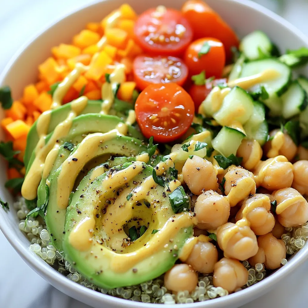 This bowl is filled with tasty and healthy items. Here is what you need: - 1 cup quinoa, rinsed - 2 cups vegetable broth - 1 cup chickpeas, canned or cooked - 1 cup cherry tomatoes, halved - 1 avocado, sliced - 1 small cucumber, chopped - 1 cup spinach, fresh - 1 carrot, grated - 2 tablespoons tahini - 1 tablespoon lemon juice - 1 tablespoon olive oil - Salt and pepper to taste - Fresh herbs (like parsley or cilantro) for garnish You can change things up with these optional items: - Use brown rice or farro instead of quinoa. - Swap chickpeas for black beans or lentils. - Add bell peppers or radishes for a crunch. - Try sunflower seeds or nuts for added protein. - Use sesame oil if you don’t have olive oil. This Buddha bowl is not only tasty but also packed with nutrients: - Quinoa provides complete protein and fiber. - Chickpeas add more protein and help keep you full. - Spinach is rich in iron and vitamins A and C. - Avocado gives healthy fats for heart health. - Tahini adds calcium and boosts flavor. - Fresh veggies provide vitamins and minerals. This meal is balanced, colorful, and good for your body. Enjoy this healthy meal boost! {{ingredient_image_1}} To cook quinoa, start by rinsing 1 cup of quinoa in cold water. This step helps remove any bitter taste. In a medium saucepan, combine the rinsed quinoa and 2 cups of vegetable broth. Bring this mixture to a boil over medium heat. Once it boils, reduce the heat to low, cover the pot, and let it simmer for about 15 minutes. When the quinoa absorbs all the liquid, take it off the heat. Let it sit covered for 5 more minutes. Finally, fluff the quinoa with a fork. This will make it light and airy. While the quinoa cooks, you can make the tahini dressing. In a small bowl, mix 2 tablespoons of tahini, 1 tablespoon of lemon juice, and 1 tablespoon of olive oil. Add a pinch of salt and pepper for taste. Whisk these ingredients together until smooth. If the dressing feels too thick, add a little water to thin it out. Aim for a creamy, pourable texture. Now it’s time to mix everything together. In a large bowl, add the cooked quinoa, 1 cup of chickpeas, 1 cup of halved cherry tomatoes, 1 chopped cucumber, 1 grated carrot, and 1 cup of fresh spinach. Gently toss these ingredients until well combined. To assemble the Buddha bowl, place a generous portion of the quinoa mixture in each serving bowl. Top it with sliced avocado and drizzle the tahini dressing over it. For a pop of color and flavor, garnish with fresh herbs like parsley or cilantro. Enjoy your vibrant, healthy meal! To save time, cook a big batch of quinoa. It keeps well in the fridge for about five days. You can also roast veggies ahead of time. Just store them in a container. For quick assembly, prep the tahini dressing in advance. It lasts about a week in the fridge. Start with tahini, lemon juice, and olive oil. Whisk them together in a bowl. If it’s too thick, add a splash of water. Keep whisking until smooth. Taste and add salt and pepper as needed. This dressing adds great flavor to your bowl. Make your Buddha bowl look great by using colorful ingredients. Arrange each item in sections. Place the quinoa, chickpeas, and veggies separately. A lemon wedge on the side adds a nice touch. Fresh herbs like parsley or cilantro can brighten the dish. Pro Tips Perfect Quinoa: Ensure you rinse the quinoa thoroughly before cooking to remove its natural coating, which can make it taste bitter. Dress It Up: For a creamier dressing, add a bit of plant-based yogurt to the tahini mixture for added richness. Veggie Variations: Feel free to swap in any seasonal vegetables you have on hand, such as bell peppers or roasted sweet potatoes. Meal Prep Friendly: This Buddha bowl is great for meal prep; just keep the dressing separate until ready to serve to maintain freshness. {{image_2}} You can add different proteins to your Buddha bowl for variety. Tempeh is a great choice. It has a nutty flavor and is packed with protein. You can slice it thin and sauté it with your favorite spices. Tofu is also a good option. It soaks up flavors well. You can pan-fry or bake it for a crispy texture. Chickpeas are already in the recipe, but you can also try black beans or lentils. They add great taste and protein too. Don’t be afraid to mix and match! Using seasonal veggies keeps your bowl fresh and tasty. In spring, add asparagus or peas for a pop of color. During summer, use zucchini or bell peppers. In fall, try roasted sweet potatoes or Brussels sprouts. Winter calls for hearty greens like kale or collard greens. Each season brings new flavors to your bowl. You can also choose what you like best. Just chop and toss in any veggies you enjoy. The idea is to keep it colorful and fun! The dressing makes a big difference in taste. The tahini dressing is creamy and rich. But you can switch it up! Try a peanut sauce for a nutty twist. A simple lemon vinaigrette adds a bright flavor. If you want something spicy, add some chili paste or hot sauce to your dressing. A dash of soy sauce can give it an umami kick. Experimenting with dressings can change your bowl’s flavor. Don’t hesitate to try new combinations. Each one brings a different experience to your meal! To store leftovers, place the Buddha bowl in an airtight container. Let the bowl cool first. Keep it in the fridge for up to three days. Make sure to separate the dressing from the mixed bowl. This keeps the veggies fresh and tasty. When ready to eat, take the bowl from the fridge. If you stored the dressing separately, add it later. Heat the quinoa mixture in the microwave for about one to two minutes. Stir halfway through to ensure even heat. You can also warm it on the stove over low heat. Just add a splash of water to prevent sticking. If you want to freeze the Buddha bowl, store the quinoa and veggies separately. Place them in freezer-safe bags or containers. It lasts for up to three months. When you’re ready to eat, thaw in the fridge overnight. Reheat as needed and add fresh toppings before serving. A Buddha bowl is a vibrant dish filled with grains, veggies, and protein. It looks colorful, just like a balanced meal should. You can mix and match ingredients to suit your taste. This dish is healthy and easy to make. Yes, you can make this recipe gluten-free. Use gluten-free grains like quinoa or rice. Always check labels on canned chickpeas to ensure they are gluten-free. This way, you can enjoy a tasty meal without gluten. This Buddha bowl takes about 30 minutes to prepare. You spend 15 minutes cooking the quinoa. Meanwhile, you can prep the veggies and dressing. This makes it a quick and easy meal option. Great toppings include sliced avocado, nuts, and seeds. You can also add sprouts or fresh herbs. Each topping adds flavor, texture, and nutrients. Experiment with your favorites to make it your own. Yes, this recipe is perfect for meal prepping. You can batch-cook the quinoa and veggies. Store them in separate containers in the fridge. This way, you have a healthy meal ready to go during busy days. In this post, we explored how to make a quick vegan Buddha bowl. We covered key ingredients, nutritional benefits, and step-by-step cooking tips. You learned about meal prep and ways to customize your bowl with different proteins and veggies. Remember, this meal is not just tasty; it's also healthy and easy to make. I hope you feel inspired to create your own flavorful Buddha bowl and share it with others. Enjoy your cooking!