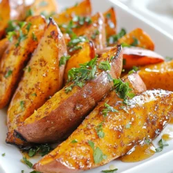 To make maple glazed sweet potato wedges, gather these simple ingredients: - 2 large sweet potatoes, cut into wedges - 3 tablespoons maple syrup - 2 tablespoons olive oil - 1 teaspoon ground cinnamon - 1/2 teaspoon nutmeg - Salt to taste - Fresh parsley, chopped (for garnish) Sweet potatoes give this dish its natural sweetness. Maple syrup adds a rich flavor. Olive oil helps the wedges crisp up nicely. Cinnamon and nutmeg bring warmth and depth. Salt balances the sweetness, making each bite perfect. If you don’t have maple syrup, try honey or agave syrup for sweetness. Use coconut oil instead of olive oil for a different flavor. You can skip the cinnamon and nutmeg if you prefer a milder taste. Just add a pinch of garlic powder for extra zing. Fresh parsley adds a bright touch. You can also use chopped green onions for a mild onion flavor. A sprinkle of feta cheese gives a salty contrast. If you like heat, add chili flakes for a spicy kick. {{ingredient_image_1}} First, wash your sweet potatoes well. Dirt can hide in their skin. Next, cut the sweet potatoes into wedges. Aim for pieces about the same size. This helps them cook evenly. You want them to be thick enough to hold up but thin enough to cook fast. In a big bowl, combine three tablespoons of maple syrup and two tablespoons of olive oil. Add one teaspoon of ground cinnamon and half a teaspoon of nutmeg. Sprinkle in some salt to taste. Mix it all well. The glaze should be smooth and fragrant. Toss the sweet potato wedges in the mixture until they are fully coated. This step adds great flavor. Preheat your oven to 425°F (220°C). Lay the glazed sweet potato wedges on a baking sheet. Make sure they don’t touch each other. This keeps them crispy. Bake for 25-30 minutes. Flip the wedges halfway through for even cooking. They should turn golden brown and be tender when done. When they are ready, take them out and let them cool for a few minutes. Transfer to a serving platter, drizzle with any leftover glaze, and garnish with chopped parsley. Enjoy this sweet and savory side dish! To get the best glaze, mix the maple syrup and olive oil well. This helps the sweet potatoes shine. I use a large bowl, so I can mix easily. Make sure each wedge is coated. It should look shiny, not dry. If you want more sweetness, add a bit more maple syrup. You can also try honey for a twist. Crispy edges make sweet potato wedges great. Spread the wedges out on the baking sheet. They should not touch each other. This allows the heat to circulate. Flip them halfway through baking for even crispiness. Keep an eye on them, so they don’t burn. You can boost the flavor in fun ways. Try adding garlic powder or cayenne pepper for a kick. A squeeze of lime juice adds a fresh taste. For a herb twist, sprinkle rosemary or thyme. You can even mix in some brown sugar for extra sweetness. These small changes can really make your dish pop! Pro Tips Cut Evenly: Ensure that your sweet potato wedges are cut into uniform sizes. This allows for even cooking and ensures that all pieces achieve that perfect golden brown color. Use Parchment Paper: Lining your baking sheet with parchment paper can help prevent sticking and make cleanup easier while promoting crispy edges on the wedges. Flip for Crispiness: Don’t skip flipping the wedges halfway through baking. This will help them cook evenly and achieve that desired crispy texture on all sides. Experiment with Spices: Feel free to modify the spice mix. Adding a pinch of cayenne pepper or smoked paprika can introduce a delightful kick to your sweet potatoes. {{image_2}} You can make maple glazed sweet potato wedges even better. Add savory flavors for a twist. Try mixing in garlic powder or smoked paprika. These spices add depth and warmth. You can also toss in some crumbled feta cheese or chopped bacon after baking. These additions give a nice contrast to the sweet glaze. If you want a sweeter wedge, you have options. Add brown sugar or honey to the maple syrup. You can even sprinkle mini marshmallows on top before baking. They will melt and create a delicious topping. Chopped pecans or walnuts also add a sweet crunch. Mix in some dried cranberries for a fruity touch. You don’t have to bake these wedges if you want a change. You can fry them in a pan with some oil. This method gives you crispy edges in a short time. Another option is to air-fry the wedges for a healthier twist. Each method brings out different flavors and textures. You can store leftover maple glazed sweet potato wedges in an airtight container. Make sure they are cool before you seal them. Place the container in the fridge. They will stay fresh for 3 to 5 days. If you need to keep them longer, consider freezing. To reheat the wedges, preheat your oven to 375°F (190°C). Spread the wedges on a baking sheet. Bake for about 10 to 15 minutes. This will help them crisp up again. You can also use a microwave, but they may lose some crunch. If you use a microwave, heat them for 1 to 2 minutes. To freeze, let the wedges cool completely first. Then, place them in a single layer on a baking sheet. Freeze them for about 1 hour. Once they are solid, transfer them to a freezer bag. Squeeze out all the air before sealing. They can last up to 3 months in the freezer. Yes, you can use other types of potatoes. While sweet potatoes are best for this recipe, you can try Yukon Gold or red potatoes. These types have a creamy texture and a slightly sweet flavor. Just keep in mind that cooking times may vary slightly. Check for doneness by poking them with a fork. If they are soft and tender, they are ready to eat. To make the wedges spicier, add cayenne pepper or chili powder. Start with a pinch, then taste it. You can increase the amount based on your heat preference. Mixing in some garlic powder also adds nice flavor. These spices will give your sweet potato wedges a tasty kick. These wedges pair well with many dishes. Try serving them with grilled chicken or fish for a balanced meal. They also go great with a fresh salad or roasted vegetables. For a fun twist, serve the wedges with a yogurt or sour cream dip. This adds creaminess and balances the sweetness. In this blog post, we explored how to make delicious maple glazed sweet potato wedges. We discussed key ingredients, possible substitutions, and options for garnishes. I walked you through easy step-by-step instructions, tips for the best glaze, and ways to enhance flavor. You also learned about variations and how to store leftovers properly. These sweet potato wedges are versatile and tasty. Try out these ideas in your kitchen and enjoy experimenting with this dish!