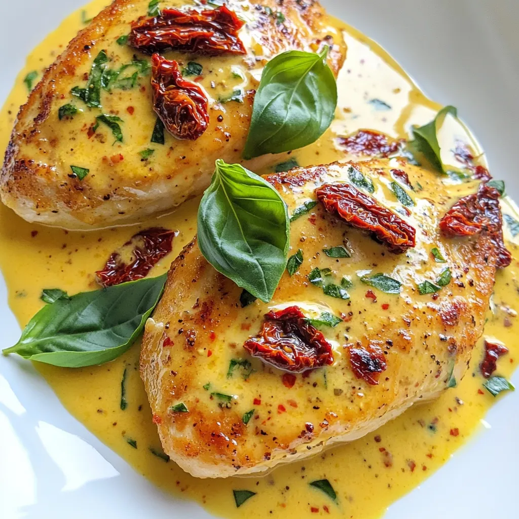 - 4 chicken breasts, boneless and skinless - 1 cup sun-dried tomatoes in oil, drained and chopped - 1 cup heavy cream - 1 cup chicken broth - 1/2 cup grated Parmesan cheese - 2 tablespoons olive oil - 4 cloves garlic, minced - 1 teaspoon dried basil - 1 teaspoon dried oregano - Salt and pepper to taste - Fresh basil leaves for garnish Using fresh and high-quality ingredients makes a big difference. The chicken breasts should be tender and juicy. Sun-dried tomatoes add a sweet and tangy flavor. Heavy cream creates a rich and smooth sauce. Chicken broth gives depth to the dish. Grated Parmesan cheese adds a savory kick. Olive oil helps to sear the chicken perfectly. Minced garlic brings a wonderful aroma to the dish. Dried basil and oregano enhance the flavor even more. Don’t skip on salt and pepper; they balance the meal. Fresh basil leaves not only taste great but also look lovely on the plate. Use these ingredients to create a dish that everyone will love! {{ingredient_image_1}} - First, season the chicken breasts with salt and pepper. This adds great flavor. - Next, heat olive oil in a large skillet over medium-high heat. - Once it's hot, add the chicken breasts. Sear them for about 5-7 minutes on each side. - Look for a golden brown color. When they are cooked through, remove the chicken and set it aside. - In the same skillet, add minced garlic. Sauté it for about 1 minute. It should smell great! - Now, add the chopped sun-dried tomatoes and cook them for 2 more minutes. Stir occasionally. - Pour in the chicken broth and bring it to a simmer. This adds depth to your sauce. - Lower the heat and stir in the heavy cream. Let it cook for 3 minutes. - Stir in grated Parmesan cheese, dried basil, and oregano. Mix well until the cheese melts. - Return the chicken breasts to the skillet. Coat them well in the creamy sauce. - Let it simmer for 2-3 minutes. This helps the flavors mix together nicely. Serve the creamy sun-dried tomato chicken over pasta or rice. Enjoy! - To ensure chicken is cooked through, use a meat thermometer. Aim for 165°F. - Sear chicken for 5-7 minutes on each side. This gives it a nice golden color. - For a creamy sauce, add heavy cream slowly. Stir well to combine it smoothly. - For extra flavor, try adding crushed red pepper flakes. It adds a nice kick. - You can also mix in some fresh spinach for added nutrition and taste. - Alternative cheeses like feta or goat cheese can give a unique twist to the dish. - Serve the creamy chicken on a bed of cooked pasta or rice. It looks great! - Drizzle the sauce over the chicken for a lovely shine. - Garnish with fresh basil leaves for a pop of color and flavor. - Pair it with a light salad or roasted vegetables for a complete meal. Pro Tips Choose Quality Chicken: Opt for organic or free-range chicken breasts for better flavor and texture. Use Fresh Herbs: If possible, substitute dried herbs with fresh basil and oregano to enhance the dish's aroma and freshness. Perfect Pasta Pairing: Cook your pasta al dente before adding the creamy sauce to create a delightful texture contrast. Adjust Sauce Thickness: For a thicker sauce, let it simmer longer after adding the cream, or mix in a cornstarch slurry to achieve your desired consistency. {{image_2}} You can switch up the meat in this dish. Try turkey or shrimp instead of chicken. These options add new flavors and textures. You can also use dairy-free cream. Look for coconut cream or almond milk to keep it creamy without dairy. For a spicy kick, add red pepper flakes to the sauce. This will enhance the overall taste. You could also toss in fresh spinach or mushrooms for extra veggies. They add color and nutrition to your meal. To give your dish an Italian flair, add fresh herbs like parsley or thyme. These herbs brighten the flavors. For a Mediterranean twist, mix in olives or crumbled feta cheese. These ingredients bring a unique touch that elevates your dish. Store leftover creamy sun-dried tomato chicken in an airtight container. This keeps it fresh for up to three days. Make sure to let it cool before sealing. Label the container with the date so you know when you made it. To reheat, place it in the microwave or on the stove until warm. Stir it gently to keep the sauce creamy. To freeze this dish, let it cool completely. Place the chicken and sauce in a freezer-safe container. You can also use freezer bags for easy storage. Remove as much air as possible to prevent freezer burn. This dish can stay in the freezer for up to three months. When you’re ready to eat, thaw it overnight in the fridge. Reheat it slowly on the stove or microwave. Add a splash of cream if the sauce is too thick. To keep the taste and texture, do not freeze the chicken with the sauce for too long. It may change the flavor and creaminess. When reheating, do so slowly to avoid curdling the cream. Adding fresh herbs or cheese while reheating can boost the flavor. Enjoy your creamy chicken just like it was fresh! You can pair this dish with many tasty sides. Here are some great options: - Pasta: Serve it over fettuccine or penne for a hearty meal. - Rice: White or brown rice absorbs the creamy sauce well. - Vegetables: Roasted broccoli or grilled zucchini add color and nutrients. - Salad: A fresh green salad can balance the richness of the dish. Yes, you can prep this dish in advance. Here’s how: - Cook the chicken and sauce up to a day ahead. - Store them separately in airtight containers. - When ready to eat, just reheat the chicken and sauce together until warm. This makes it easy for busy nights or meal prep. Absolutely! You can reduce calories and fat with a few simple swaps: - Use chicken breast without skin for a leaner option. - Replace heavy cream with half-and-half or a low-fat alternative. - Cut down on cheese or use a lighter cheese option. These changes keep the dish tasty while making it healthier. In this article, I explored a tasty creamy sun-dried tomato chicken recipe. We discussed the key ingredients, cooking steps, and helpful tips. Remember to season the chicken well for a great flavor. Consider adding your favorite veggies for extra taste. You can even try new meats or cheeses to mix things up. This dish is easy to tweak for any meal. With these ideas, you’re all set to impress at dinner. Enjoy your cooking journey!