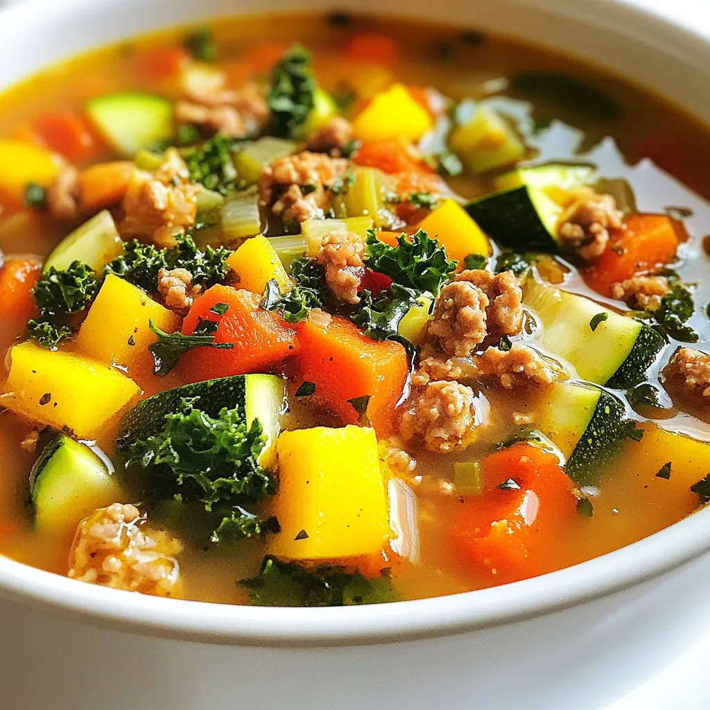 To make a hearty Turkey Vegetable Weight Loss Soup, gather these main ingredients: - 1 lb ground turkey - 1 medium onion, diced - 2 cloves garlic, minced - 2 carrots, diced - 2 celery stalks, diced - 1 zucchini, chopped - 1 bell pepper, diced (any color) - 1 can (14.5 oz) diced tomatoes, no salt added - 4 cups low-sodium chicken broth - 2 cups kale or spinach, chopped - 1 tablespoon dried thyme - 1 tablespoon dried oregano - 1 teaspoon paprika - Salt and pepper, to taste - 1 tablespoon olive oil - Juice of 1 lemon These ingredients work together to create a tasty and healthy soup. Ground turkey gives protein. The veggies add fiber and flavor. You can add more ingredients for extra taste and health benefits. Think about: - 1 cup of corn for sweetness - 1 cup of green beans, chopped - A pinch of red pepper flakes for heat - Fresh herbs like parsley or cilantro for freshness These add-ins can boost both flavor and nutrients. Feel free to mix and match! Each ingredient brings something special to this soup: - Ground turkey is lean and rich in protein. - Vegetables provide vitamins, minerals, and fiber. - Kale or spinach are packed with iron and calcium. - Olive oil offers healthy fats. - Lemon juice adds vitamin C and brightens flavors. This soup is not just tasty; it also supports your health goals. It's full of nutrients that help you feel great! {{ingredient_image_1}} Start by gathering all your ingredients. You will need ground turkey, onion, garlic, carrots, celery, zucchini, bell pepper, diced tomatoes, chicken broth, kale or spinach, thyme, oregano, paprika, olive oil, lemon, salt, and pepper. In a large pot, heat 1 tablespoon of olive oil over medium heat. Add the diced onion and minced garlic. Sauté them for about 2-3 minutes. Look for the onions to become soft and clear. Next, add 1 pound of ground turkey to the pot. Cook it for about 5-6 minutes. Make sure to break it apart with a spoon as it cooks. This helps it brown well and cook evenly. Once the turkey is browned, stir in the diced carrots, celery, zucchini, and bell pepper. Sauté these for about 4 minutes. You want them to start softening but not mushy. Now, pour in the 14.5 oz can of diced tomatoes and 4 cups of low-sodium chicken broth. Stir everything to combine. Next, add 1 tablespoon of dried thyme, 1 tablespoon of dried oregano, and 1 teaspoon of paprika. Season it with salt and pepper to taste. Bring the soup to a gentle boil. Then, reduce the heat and let it simmer uncovered for about 20 minutes. After that, add 2 cups of chopped kale or spinach. Stir well and let it simmer for an additional 5 minutes. You want the greens to wilt but remain vibrant. Before you serve, squeeze the juice of 1 lemon into the pot. This will brighten up all the flavors. Taste it one last time to see if it needs more salt or pepper. Serve hot, and enjoy your Turkey Vegetable Weight Loss Soup! To make your Turkey Vegetable Weight Loss Soup pop, focus on layering flavors. Start with the olive oil, onions, and garlic. Sauté these for a rich base. You can also add fresh herbs like parsley or basil at the end. This adds freshness and depth. Try to use high-quality chicken broth. A good broth adds a lot of flavor. You can also add a splash of soy sauce or Worcestershire sauce for extra umami. Don't forget the lemon juice — it brightens everything up! This soup is perfect for meal prep. Make a big batch and store it. Use airtight containers for easy storage. It keeps well in the fridge for about four days. If you want to freeze it, let it cool first. Then pour it into freezer bags. Lay them flat for easy stacking. You can freeze it for up to three months. When ready to eat, thaw it overnight in the fridge. Taste is key! Always taste your soup before serving. If it needs more salt, add a little at a time. You can also add more herbs for flavor. If the soup is too thick, add more broth or water. For a heartier texture, blend a portion of the soup. This makes it creamy without adding dairy. Alternatively, you can add more veggies or beans for extra fiber. Adjusting these elements can make your soup even better! Pro Tips Use Lean Turkey: Opt for extra lean ground turkey (93% lean or higher) to reduce the fat content of your soup without sacrificing flavor. Add More Vegetables: Feel free to add any vegetables you have on hand, such as green beans, peas, or bell peppers, to increase the nutritional value and texture of the soup. Spice it Up: If you enjoy a bit of heat, add a pinch of red pepper flakes or a dash of hot sauce while cooking to give your soup an extra kick. Store Properly: This soup can be stored in the refrigerator for up to 4 days or frozen for up to 3 months, making it a great option for meal prep. {{image_2}} You can switch out ground turkey for chicken, beef, or tofu. Each protein changes the taste and texture. Chicken gives a lighter flavor. Beef adds richness. Tofu is a great choice for vegans. Just make sure you cook it well for safety. Feel free to swap veggies based on what you like or have. Use sweet potatoes instead of carrots for a sweeter soup. Try green beans or peas for a different crunch. You can add mushrooms for an earthy taste. Use what’s fresh in your area! To make this soup low-carb, skip the carrots and potatoes. Add more leafy greens like spinach or kale. For gluten-free options, just ensure your broth is gluten-free. You can also add cauliflower for a thick, hearty texture. These changes keep the soup healthy and tasty! To store your Turkey Vegetable Weight Loss Soup, let it cool first. Place the soup in an airtight container. Refrigerate it for up to three days. When you reheat, do it on the stove or in the microwave. Stir well to make sure it heats evenly. Add a splash of broth or water if it thickens too much. If you want to store the soup longer, freezing is a great choice. Use freezer-safe containers or bags. Leave some space at the top for expansion as it freezes. You can freeze the soup for up to three months. Thaw it overnight in the fridge before reheating. This keeps the flavor fresh and tasty. The soup lasts about three days in the fridge and three months in the freezer. Look for signs of spoilage before eating. If you see mold, a strange smell, or off-taste, throw it away. Always trust your senses. It's better to be safe than sorry! Yes, you can substitute ground turkey with chicken or beef. Each meat adds its own flavor. Chicken is lighter, while beef is richer. Make sure to adjust cooking times if you choose beef, as it may take longer to cook through. For a tasty option, try using ground chicken for a leaner soup. To spice up your soup, add red pepper flakes. Start with a pinch and taste as you go. You can also use fresh chopped jalapeños or a splash of hot sauce. Another fun option is to stir in some curry powder for warmth and depth. This will give your soup a unique twist. This soup is perfect for meal planning and dieting. It is low in calories and packed with veggies. Each serving is filling and nutritious. You can make a big batch and store it in the fridge or freezer. This makes it easy to grab a healthy meal when you're busy. This blog post showed how to make a healthy Turkey Vegetable Weight Loss Soup. We discussed the main ingredients, optional add-ins for more taste, and the key benefits of each item. You learned step-by-step instructions to make the soup flavorful and satisfying. Tips helped you enhance flavors, meal prep, and season your dish. We also explored fun variations and how to store your soup properly. Making this soup can boost your diet and make meal time fun. Enjoy your cooking!