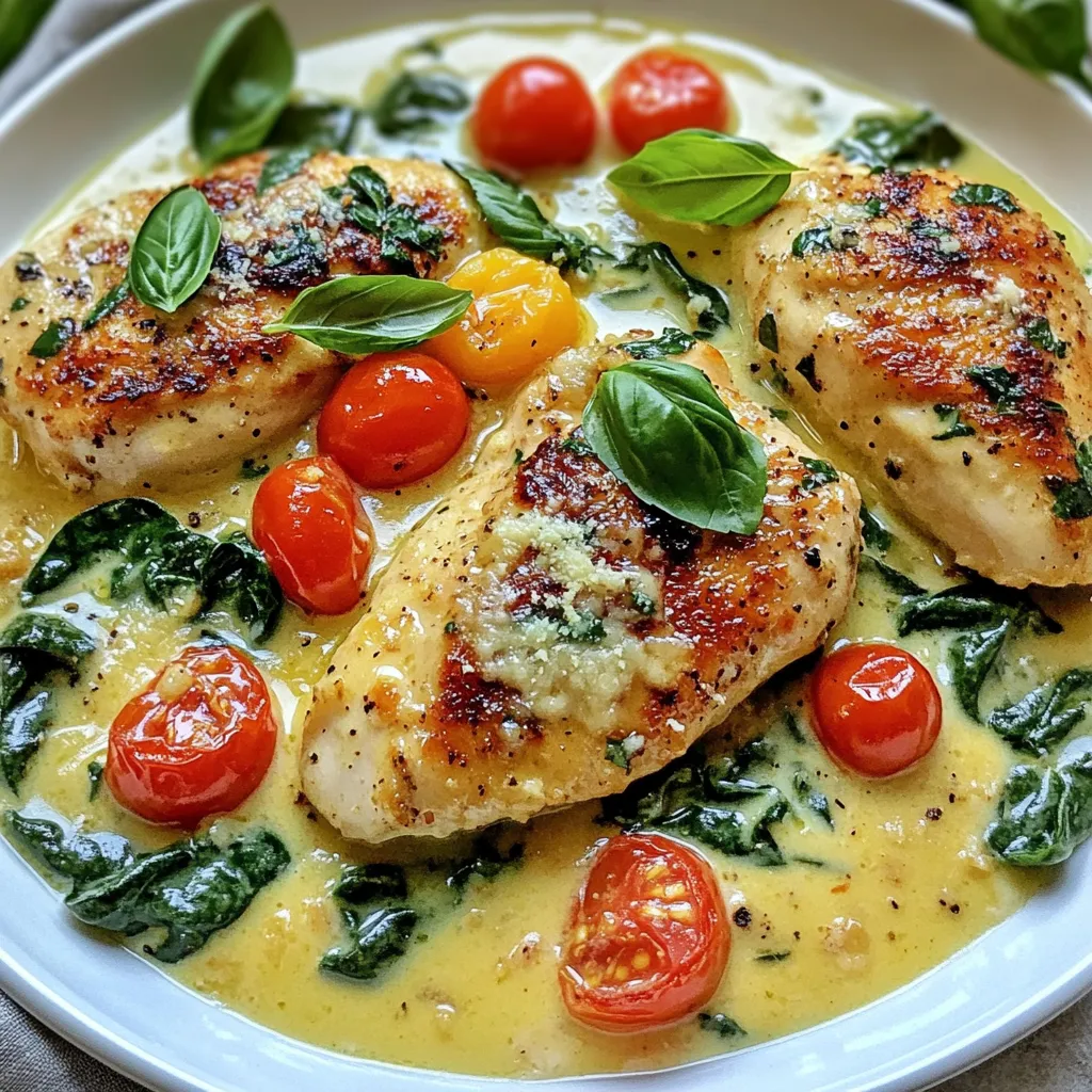 To make creamy garlic Tuscan chicken, gather these ingredients: - 4 boneless, skinless chicken breasts - 2 tablespoons olive oil - 4 cloves garlic, minced - 1 cup cherry tomatoes, halved - 2 cups fresh spinach - 1 cup heavy cream - 1/2 cup grated Parmesan cheese - 1 teaspoon Italian seasoning - Salt and pepper to taste - Fresh basil leaves for garnish When picking out your ingredients, follow these tips for the best flavor: - Chicken: Choose chicken breasts that are bright and firm. Look for no blemishes or discoloration. - Olive oil: Go for extra virgin olive oil. It has the best taste and health benefits. - Garlic: Use fresh garlic for a strong flavor. Avoid pre-minced garlic in jars. - Tomatoes: Select firm, bright cherry tomatoes. They should smell sweet and fresh. - Spinach: Look for vibrant green leaves. Avoid any that are wilted or yellowing. - Cream: Use heavy cream for richness. Check the expiration date for freshness. - Parmesan: Freshly grated Parmesan gives the best taste. Avoid the pre-packaged kind when possible. If you have dietary needs, consider these swaps: - Chicken: Use turkey breasts or tofu for a lighter option. - Cream: Swap heavy cream for coconut cream for a dairy-free choice. - Cheese: Nutritional yeast can replace Parmesan for a vegan option. - Spinach: Kale or Swiss chard works well if you prefer different greens. - Olive oil: Canola oil or avocado oil are good alternatives. - Italian seasoning: Mix dried basil, oregano, and thyme if you lack the blend. These tips help you gather the best ingredients for a delicious creamy garlic Tuscan chicken. Enjoy the cooking! {{ingredient_image_1}} First, get your chicken breasts ready. I like to use boneless, skinless chicken for this dish. Rinse them under cold water and pat dry with paper towels. This helps them cook evenly. Season both sides with salt and pepper. Next, heat two tablespoons of olive oil in a large skillet over medium-high heat. Once the oil is hot, add the chicken breasts. Cook for about 6-7 minutes on each side. You want them to be golden brown and cooked all the way through. After that, take the chicken out and set it aside on a plate. In the same skillet, turn the heat down to medium. Add four cloves of minced garlic to the pan. Sauté it for about one minute. You want the garlic fragrant but not burnt. Then, toss in one cup of halved cherry tomatoes. Let them cook for about 2-3 minutes. They should start to soften up nicely. Now, add two cups of fresh spinach. Cook it just until it wilts. It will lose volume fast, so keep an eye on it. Next, pour in one cup of heavy cream. Bring it to a gentle simmer. Stir it all together so the tomatoes and spinach mix with the cream. After that, add half a cup of grated Parmesan cheese and one teaspoon of Italian seasoning. Stir until the cheese melts and the sauce thickens a bit. Now it's time to bring everything together. Put the cooked chicken back into the skillet. Spoon the creamy sauce over the chicken. Let it simmer for an extra 2-3 minutes. This warms the chicken through and lets the flavors meld. Before serving, taste the sauce. You can add more salt and pepper if needed. Serve the creamy garlic Tuscan chicken on a large plate. Pour a generous amount of sauce over the chicken. For a beautiful touch, garnish with fresh basil leaves and an extra sprinkle of Parmesan cheese. Enjoy! To cook chicken well, start with boneless, skinless breasts. They cook evenly and stay juicy. Season the chicken with salt and pepper before cooking. Heat olive oil in a skillet over medium-high heat. Cook each side for about 6-7 minutes. Look for a nice golden color. Use a meat thermometer to check that the chicken reaches 165°F. This ensures it is safe to eat and not dry. To add depth to your dish, use fresh garlic and Italian seasoning. Garlic brings a rich aroma and taste. Sauté garlic just until fragrant, about one minute. This step is key; you want it warm but not burnt. The heavy cream adds richness, while Parmesan cheese enhances the flavor. Taste the sauce as you go. Adjust with salt and pepper to get the perfect balance. Fresh basil at the end adds a bright touch. When serving creamy garlic Tuscan chicken, presentation matters. Use a large plate and pour the sauce over the chicken. Garnish with fresh basil and a sprinkle of Parmesan. This makes the dish pop visually. For sides, consider garlic bread or a light salad. The bread is great for soaking up the sauce. A crisp salad adds freshness and balances the meal. Enjoy your flavorful creation! Pro Tips Use Fresh Ingredients: Always opt for fresh spinach and ripe cherry tomatoes for the best flavor and texture in your dish. Adjust the Creaminess: If you prefer a lighter sauce, substitute half of the heavy cream with chicken broth while maintaining the flavor. Perfectly Cooked Chicken: Use a meat thermometer to ensure your chicken reaches an internal temperature of 165°F for safe and juicy results. Enhance with Herbs: For an extra burst of flavor, add a handful of chopped fresh basil or parsley right before serving. {{image_2}} If you're looking for a lighter meal, try these swaps. Use chicken thighs instead of breasts. Thighs stay juicy and have more flavor. You can also replace heavy cream with Greek yogurt. This keeps it creamy but cuts down on fat. Another option is to use low-fat milk mixed with a little cornstarch. This will help thicken your sauce without the added calories. Want to boost the taste? Try adding mushrooms or sun-dried tomatoes. Sauté sliced mushrooms with garlic for a rich, earthy flavor. Sun-dried tomatoes add a sweet and tangy kick. You can mix them into the sauce right after adding the spinach. For a spicy twist, add red pepper flakes. This will give your dish a nice heat without overwhelming it. Making this dish vegetarian is easy! Swap the chicken for hearty vegetables like zucchini or eggplant. Cook them the same way as the chicken. For a vegan version, use tofu or tempeh as a protein source. Replace the heavy cream with coconut milk or cashew cream. Both options add creaminess while keeping it plant-based. Lastly, ensure your Parmesan is dairy-free if you're vegan. Enjoy your tasty adaptations! To keep the creamy garlic Tuscan chicken fresh, place it in an airtight container. Make sure the dish has cooled down to room temperature before sealing. This helps keep moisture out and preserves the flavors. If you plan to eat it later, store it in the fridge within two hours of cooking. When reheating, use a skillet over low heat. Add a splash of heavy cream to keep the sauce rich and creamy. Stir often to prevent sticking. You can also microwave it, but cover the dish with a paper towel to trap steam and keep it moist. Heat in short bursts, stirring in between. In the fridge, your creamy garlic Tuscan chicken stays good for about 3 to 4 days. If you want to keep it longer, freeze it for up to 2 months. Just be sure to label your container with the date. When you're ready to enjoy, thaw it overnight in the fridge before reheating. It takes about 30 minutes to make creamy garlic Tuscan chicken. You spend 10 minutes prepping and 20 minutes cooking. This quick meal is great for busy nights. You can enjoy a tasty dinner without a long wait. Yes, you can use frozen chicken breasts. Just remember to thaw them first. You can leave them in the fridge overnight or use a microwave. Thawed chicken cooks evenly and tastes better in the dish. Creamy garlic Tuscan chicken goes well with many sides. Here are a few great options: - Garlic bread - Steamed broccoli - Rice or pasta - A fresh garden salad These sides balance the rich flavors of the chicken. They also add color to your plate. In this blog post, we explored how to create a delicious creamy garlic Tuscan chicken. We covered the key ingredients, tips for selecting them, and possible substitutions. You learned step-by-step instructions for cooking, along with helpful tips for perfect chicken. We also shared variations to adapt the dish, storage techniques, and answers to common questions. Experiment and enjoy every bite. You can easily make this dish your own!
