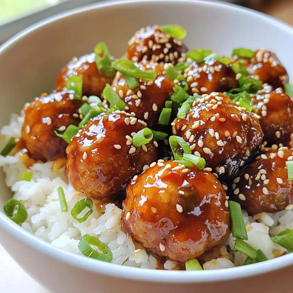 To make Teriyaki Turkey Meatballs, you need these main ingredients: - 1 pound ground turkey - 1/2 cup breadcrumbs (preferably panko) - 1/4 cup grated fresh ginger - 3 cloves garlic, minced - 1/4 cup green onions, finely chopped - 1/4 cup soy sauce - 3 tablespoons honey - 2 tablespoons sesame oil - 1 tablespoon rice vinegar - 1 tablespoon cornstarch - 1/2 teaspoon black pepper - 1 tablespoon sesame seeds (for garnish) - Cooked rice (for serving) These ingredients create a perfect mix of flavors. The ground turkey keeps it lean, while the ginger and garlic add zest. Soy sauce and honey give a sweet and salty taste. If you want to change things up, consider these options: - Use ground chicken instead of turkey for a different flavor. - Swap out panko for regular breadcrumbs if needed. - Try adding chili flakes for a spicy kick. - Replace sesame oil with olive oil for a lighter taste. These swaps keep the dish tasty while allowing for personal preferences. Serve your Teriyaki Turkey Meatballs with these delicious sides: - Steamed vegetables, like broccoli or snap peas - A fresh green salad for a crisp bite - Noodles tossed in sesame oil for extra flavor Pairing these sides enhances the meal and adds balance. Enjoy the mix of flavors and textures! {{ingredient_image_1}} First, I preheat the oven to 400°F (200°C). This makes sure the meatballs bake evenly. Next, I line a baking sheet with parchment paper. This helps with easy cleanup after cooking. You can also use a silicone mat if you have one. In a large mixing bowl, I add the ground turkey and breadcrumbs. Then, I grate fresh ginger and mince the garlic. I chop the green onions and add them to the bowl. After that, I sprinkle in black pepper and pour in one tablespoon of soy sauce. I mix everything well with my hands until it’s all blended. Next, I form the mixture into small meatballs, about one inch in size. I place them on the prepared baking sheet, making sure they have space between them. I bake the meatballs in the preheated oven for 20 minutes. They should be cooked through and lightly browned. While they bake, I prepare the teriyaki sauce. In a small saucepan, I whisk together the remaining soy sauce, honey, sesame oil, rice vinegar, and cornstarch. I cook this over medium heat. I stir it constantly until the sauce thickens and bubbles, which takes about 3-5 minutes. Once the meatballs are done, I take them out of the oven and put them in a mixing bowl. I pour the thickened teriyaki sauce over them and gently toss to coat. To shape perfect meatballs, keep your hands wet. This stops the mixture from sticking. Use about one tablespoon of the mixture for each meatball. Roll it gently into a ball. Don’t compact them too much; light and airy meatballs cook better. Ground turkey is lean, so it can dry out. To avoid this, add breadcrumbs and grated ginger. These ingredients help trap moisture. You can also add a splash of soy sauce to the mixture. Always bake until they reach 165°F for safety and juiciness. You can boost flavor by adding crushed red pepper for heat. Fresh herbs like cilantro or basil make great additions too. Consider mixing in a dash of sesame oil for a nutty hint. These tweaks can elevate your meatballs and impress your guests. Pro Tips Use Fresh Ingredients: Fresh ginger and garlic enhance the flavor of your meatballs significantly. Avoid using powdered versions for the best taste. Don’t Overmix: When combining the ingredients, mix just until everything is incorporated. Overmixing can make the meatballs tough. Adjust Sweetness: Depending on your preference, you can adjust the amount of honey in the teriyaki sauce to make it sweeter or less sweet. Serve with Fresh Veggies: Pair the meatballs with steamed or stir-fried vegetables for a healthy, balanced meal. {{image_2}} If you want to try other meats, you can use ground chicken or beef. Chicken gives a lighter taste. Beef adds a richer flavor. Both options work well with the teriyaki sauce. You may need to adjust cooking times depending on the meat you choose. Always ensure they are cooked through. While teriyaki sauce is tasty, you can switch it up. Consider using sweet and sour sauce for a tangy twist. BBQ sauce adds a smoky flavor that’s great for grilling. You can even try a spicy sriracha sauce if you love heat. Each sauce creates a unique dish that still feels familiar. Serve your meatballs in different ways to keep it fun. Try making meatball sandwiches with crusty bread. You can also add them to a salad for a fresh meal. Another great idea is to serve them on skewers for a fun appetizer. These options make your meal feel new and exciting every time. After you enjoy your teriyaki turkey meatballs, store the leftovers safely. Place them in an airtight container. Keep them in the fridge for up to three days. Make sure the meatballs cool down first. This helps keep them fresh and tasty. If you want to save some for later, freezing works great. First, let the meatballs cool completely. Then, place them in freezer bags or containers. You can freeze the teriyaki sauce too. Just make sure to leave some space in the containers. This lets the sauce expand. Frozen meatballs and sauce can last up to three months. When you’re ready to eat your frozen meatballs, thaw them in the fridge overnight. For quick reheating, microwave them for about a minute. Stir them halfway through for even heating. You can also reheat them on the stove over low heat. Just add a splash of water or sauce to keep them moist. Enjoy your meal! Yes, you can. Making teriyaki turkey meatballs ahead saves time. You can prepare the meatballs and freeze them. Just cook them, let them cool, then freeze in a single layer. Afterward, store them in a freezer bag or container. When you’re ready to eat, bake from frozen. Add a few extra minutes to the cooking time. This way, you always have a tasty meal ready. If you need a soy sauce substitute, try coconut aminos. It has a similar flavor but is less salty. Another option is tamari, which is a gluten-free soy sauce. You can also mix equal parts of balsamic vinegar and water for a different taste. Each substitute gives a unique twist to the dish, so feel free to experiment. To make teriyaki turkey meatballs gluten-free, use gluten-free breadcrumbs. Panko is a great choice if it’s gluten-free. Also, substitute regular soy sauce with tamari or coconut aminos. Double-check any sauces you use to ensure they are gluten-free. This way, everyone can enjoy these flavorful meatballs! You learned how to make tasty teriyaki turkey meatballs. We covered ingredients, from main to optional ones. You now know how to mix and bake the meatballs while making sauce. I shared tips to keep them moist and flavorful. You also found variations for meat and sauce types. Remember to store leftovers properly and reheat them well. Enjoy this dish, and get creative with your own flavors!