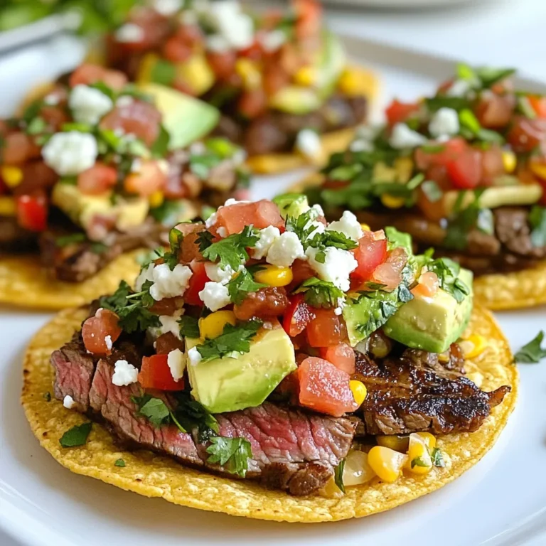 To make carne asada tostadas, gather these key ingredients: - 1.5 lbs flank steak - 8 corn tostadas - 1 cup refried beans - 1 cup fresh pico de gallo - 1 avocado, sliced - 1/2 cup crumbled queso fresco - Fresh cilantro, for garnish These ingredients create a tasty and filling meal. The flank steak gives a rich flavor. The tostadas add a crisp texture. The refried beans make each bite creamy. Fresh pico de gallo and avocado bring brightness. The marinade is what makes the steak flavorful. Here’s what you need: - 3 cloves garlic, minced - 1/4 cup fresh lime juice - 1/4 cup olive oil - 1 tablespoon ground cumin - 1 tablespoon chili powder - 1 teaspoon salt - 1/2 teaspoon black pepper Mix these items well. The garlic and lime juice add zest. Olive oil helps keep the meat tender. Cumin and chili powder bring warm spices to the dish. Salt and pepper enhance all the flavors. For the perfect finish, consider these toppings: - Extra slices of avocado - More pico de gallo - A sprinkle of cilantro These toppings add color and flavor. Avocado provides creaminess. Pico de gallo offers freshness. Cilantro gives a burst of herb taste. Feel free to customize your tostadas with your favorite toppings. {{ingredient_image_1}} To start, I mix the marinade. In a large bowl, I add minced garlic, lime juice, olive oil, cumin, chili powder, salt, and black pepper. I stir it well until everything blends. This mix gives the flank steak great flavor. Next, I add the flank steak to the bowl. I make sure it's well-coated. Then I cover the bowl and place it in the fridge. I let it sit for at least one hour. For a richer taste, I often let it marinate overnight. After marinating, I preheat my grill or grill pan over medium-high heat. I take the steak out of the marinade and place it on the hot grill. I cook the steak for about 6-8 minutes on each side. I prefer it medium-rare, but you can cook it longer if you want. Once it's done, I let the steak rest for 10 minutes. This helps keep it juicy. Finally, I slice it against the grain into thin strips. Now, it's time to assemble the tostadas. First, I spread a generous layer of refried beans on each tostada. This acts as a base. Next, I top each one with the sliced carne asada. Then, I add a spoonful of fresh pico de gallo. I also place slices of avocado on top. To finish, I sprinkle crumbled queso fresco over everything and add fresh cilantro for garnish. I serve them right away to enjoy their crispiness and flavor. To grill flank steak just right, start with a hot grill. Preheat it to medium-high heat. Pat the steak dry with paper towels. This helps it sear better. Cook the steak for 6-8 minutes on each side. Aim for medium-rare. Use a meat thermometer to check. You want an internal temp of 130°F. After grilling, let it rest for 10 minutes. This helps the juices stay in the meat. Assembling tostadas is easy and fun. First, spread refried beans on each tostada. Use a generous amount for great flavor. Next, add the sliced carne asada. It should be warm and juicy. Then, top it with fresh pico de gallo. Add avocado slices on top for creaminess. Finish with crumbled queso fresco. This adds a nice salty touch. Don’t forget to sprinkle cilantro for a fresh finish. Pair your carne asada tostadas with great sides. A simple side salad works well. You can also serve grilled corn on the cob. This adds a sweet crunch. Another great option is Mexican rice. It complements the flavors perfectly. Lastly, try serving with chips and salsa for extra crunch. These sides will make your meal even better! Pro Tips Marinate Longer for More Flavor: For optimal taste, marinate the flank steak overnight. This allows the flavors to penetrate the meat more deeply, resulting in a more flavorful dish. Let the Steak Rest: Allow the cooked steak to rest for at least 10 minutes before slicing. This helps retain the juices, making the meat more tender and juicy. Use Fresh Ingredients: Fresh pico de gallo and ripe avocados elevate the dish. The freshness balances the rich flavors of the carne asada and adds a bright contrast. Grill to Your Preference: Adjust the grilling time based on your preferred doneness. Use a meat thermometer for accuracy—130°F for medium-rare and 145°F for medium. {{image_2}} If you want to mix things up, try different proteins. Chicken, pork, or shrimp work well. For chicken, use boneless thighs. Marinate them just like the steak. For pork, try marinating pork tenderloin. Grill it until it's juicy and tender. Shrimp is quick and tasty. Just season it and grill for a few minutes. Each protein brings its own flavor. You can also change the toppings on your tostadas. Instead of pico de gallo, use salsa verde or mango salsa for a sweet twist. Add pickled onions for a tangy kick. You can swap avocado for guacamole or add a dollop of sour cream. For extra crunch, toss on some shredded cabbage or radishes. The key is to balance the flavors you enjoy. For gluten-free tostadas, check the labels on your corn tostadas. Most are gluten-free, but it’s always good to be sure. For a vegan version, skip the meat and use black beans or lentils. You can add grilled vegetables like zucchini or bell peppers. Top with avocado, fresh salsa, and a sprinkle of nutritional yeast for a cheesy taste. Vegan or not, these options keep your meal exciting and delicious! To keep your leftover carne asada fresh, place it in an airtight container. You can store it in the fridge for up to three days. If you want to keep it longer, freeze it. Wrap the meat tightly in plastic wrap, then place it in a freezer bag. It will stay good for up to three months in the freezer. When you are ready to eat, simply thaw it in the fridge overnight before reheating. Tostadas are best stored at room temperature. Keep them in a cool, dry place in their original packaging or in an airtight container. This way, they will stay crisp. Do not put them in the fridge. The cold can make them soft and lose their crunch. If you have leftover assembled tostadas, it's best to eat them right away. The toppings can make the tostada soggy if stored. When reheating carne asada, use a skillet for the best flavor. Heat the skillet over medium heat. Add a splash of water or broth to keep it moist. Cook for about five minutes or until heated through. If you want to reheat the tostadas, you can pop them in the oven. Preheat your oven to 350°F. Place the tostadas on a baking sheet for about five minutes. This will help restore their crispness. Enjoy your meal just like the first time! The best cut for carne asada is flank steak. It is tender and flavorful. Other good options are skirt steak or sirloin. These cuts have a nice grain that holds marinades well. They also grill quickly and stay juicy. Choose a cut with good marbling for extra taste. Yes, you can make carne asada ahead of time. Marinate the flank steak for a few hours or overnight. This will deepen the flavors. After cooking, slice the meat and store it in the fridge. You can keep it for up to three days. Reheat it before serving for the best taste. Making tostadas is easy! Start with corn tortillas. Heat oil in a pan over medium heat. Fry each tortilla until it turns golden and crispy, about 2-3 minutes on each side. Drain them on paper towels to remove excess oil. Let them cool before adding toppings. Enjoy your fresh tostadas! Carne asada tostadas are fun and tasty. We covered main ingredients, marinade tips, and great toppings. Next, I shared steps for cooking juicy flank steak and perfecting your tostadas. Don’t forget the tricks for grilling and serving. We explored variations, from proteins to vegan options. Lastly, I shared how to store leftovers and answered common questions. Enjoy making this dish your own. Use these tips to impress anyone at your table!