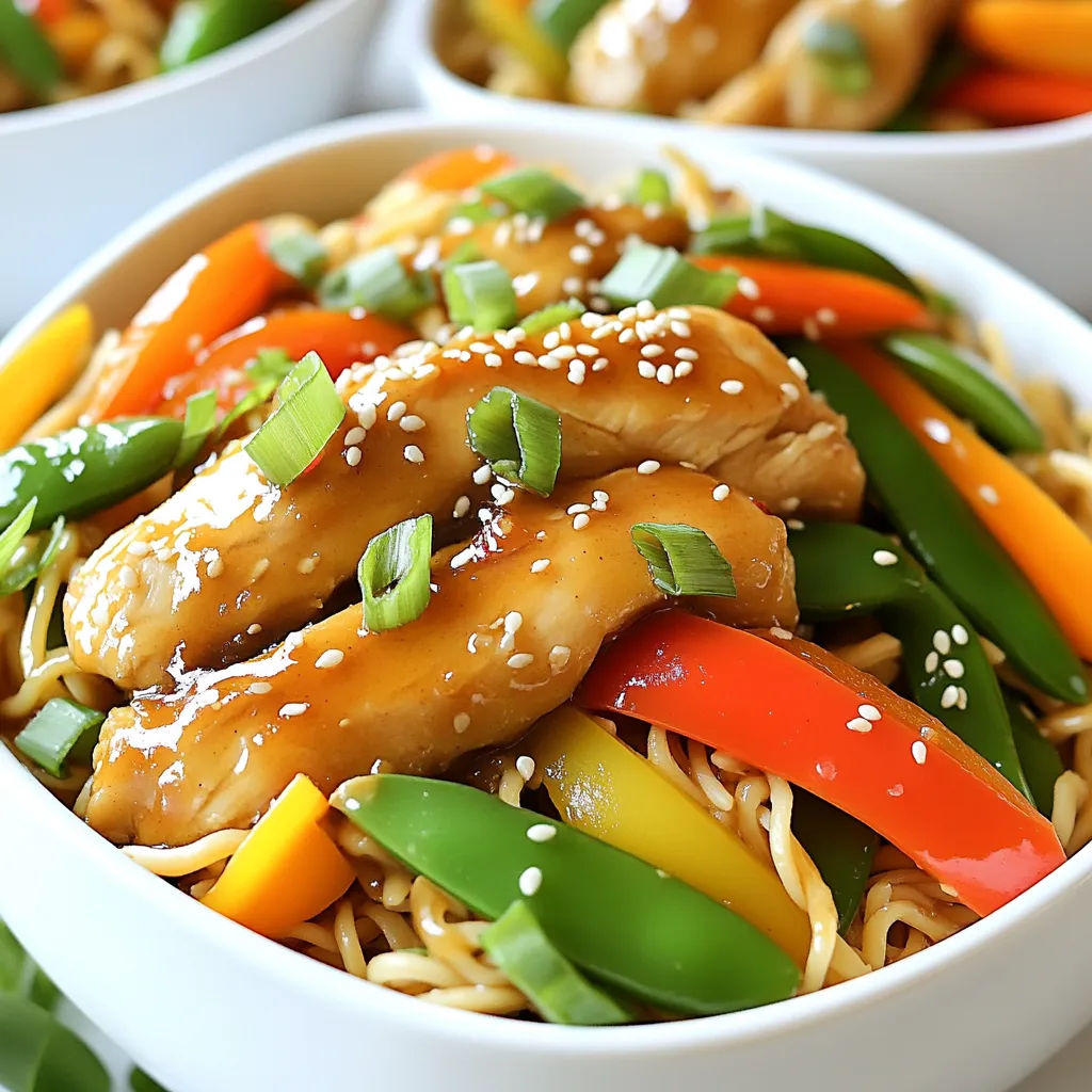 - 8 oz lo mein noodles - 1 cup chicken breast, sliced thin - 1 cup bell peppers (mixed colors), sliced - 1 cup snap peas, trimmed - 1 cup carrots, julienned The main ingredients in this dish create a great base. The lo mein noodles provide a chewy texture. Thinly sliced chicken breast adds protein and flavor. Fresh vegetables, like bell peppers, snap peas, and carrots, give color and crunch. Each of these ingredients plays a key role in making your meal delicious and balanced. - 1/4 cup honey - 4 cloves garlic, minced - 3 tablespoons soy sauce Now, let's talk about flavor enhancers. Honey adds a sweet touch that balances the dish. Garlic gives a rich, savory taste everyone loves. Soy sauce brings umami, making every bite more exciting. Together, these flavors create a sweet and savory sauce that coats the noodles and chicken perfectly. - 1 tablespoon cornstarch mixed with 2 tablespoons water - 1 tablespoon sesame oil - 1/2 teaspoon ground ginger - Salt and pepper to taste To thicken the sauce, we use a cornstarch mix. This helps make it rich and smooth. Sesame oil adds a nutty flavor that pairs well with the other ingredients. Ground ginger gives a hint of spice. Finally, salt and pepper season the dish perfectly. Adjust these to match your taste, making each meal unique and satisfying. 1. First, layer the sliced chicken breast at the bottom of the slow cooker. This helps the chicken absorb all the flavors. 2. Next, add minced garlic, soy sauce, sesame oil, honey, ground ginger, and a pinch of salt and pepper on top of the chicken. This mix gives a sweet and savory taste. - The best vegetables for lo mein include bell peppers, snap peas, and carrots. They add color and crunch to your dish. - Layer the vegetables over the chicken and sauce. This way, they cook evenly and soak up the tasty sauce. - You can set the slow cooker on low for 4 hours or high for 2 hours. Both ways work well and keep the chicken tender. - The dish is ready when the chicken is cooked through and soft. You can check by cutting into a piece to see if it’s no longer pink. To make your honey garlic lo mein just right, focus on sweetness first. If you like it sweeter, add a bit more honey. Start with small amounts. Taste as you go. If it becomes too sweet, balance it with salt and pepper. A pinch of salt can help the dish pop. Use fresh ground pepper for a nice kick. Cooking lo mein noodles correctly is key. Follow the package instructions carefully. Usually, this means boiling them for about 4 to 5 minutes. Make sure to stir them gently while cooking. This helps keep them from sticking together. Once cooked, drain them and rinse with cold water to stop the cooking process. This also helps prevent sticking. Presentation matters! Serve your lo mein in deep bowls. Top each bowl with sliced green onions and a sprinkle of sesame seeds. This adds color and crunch. As for pairings, I recommend a side of steamed broccoli or a light salad. These sides will enhance the meal and offer a fresh taste. Enjoy each bite! {{image_2}} You can swap the chicken for tofu for a tasty vegetarian meal. Firm tofu works best. Just press it to remove extra water. Cut it into cubes and add it to the slow cooker. It absorbs the sweet honey garlic sauce well. If you prefer meat, try beef or shrimp. Thinly slice beef and add it to the pot. For shrimp, use raw, peeled shrimp and throw them in during the last 30 minutes of cooking. This keeps them tender and juicy. You can change up the veggies based on the season. Try broccoli, bok choy, or baby corn for a fresh twist. Use whatever is in season or on sale at the store. Feel free to mix in your favorites. Just cut them so they cook evenly. This way, you can customize the dish to your liking. Want some heat? Create a spicy garlic sauce by adding crushed red pepper flakes or sriracha. Just a little can make a big difference. You can also switch to teriyaki sauce or sweet and sour sauce. These options give a different flavor profile while keeping the meal delicious. Adjust the amount based on how sweet or savory you want it to be. To keep your leftover Slow Cooker Honey Garlic Lo Mein fresh, store it in an airtight container. This helps to lock in flavor and moisture. You can refrigerate cooked lo mein for up to three days. Remember, uncooked ingredients should stay separate until you are ready to cook. This keeps them fresh and tasty for your next meal. When you’re ready to enjoy your leftovers, reheat them on the stovetop for the best results. Use a medium heat and add a splash of water or broth. This keeps the noodles moist and prevents them from getting hard. Stir gently as you heat to maintain the flavor and texture. You can also use the microwave, but cover the dish to keep the steam in. Yes, you can freeze Slow Cooker Honey Garlic Lo Mein! This is a great way to save extra portions. To freeze, let the dish cool completely first. Then, place it in a freezer-safe container or bag. Make sure to remove as much air as possible. When you want to enjoy it again, thaw it in the fridge overnight before reheating. This method helps keep the flavors intact and ensures a great meal when you’re ready for it. Yes, you can use different noodles. While lo mein noodles are best, you can try these: - Spaghetti - Udon noodles - Rice noodles Each type gives a different texture and flavor. Just cook according to the package. You can store leftovers in the fridge for up to four days. Make sure to put them in an airtight container. This keeps them fresh and safe to eat. If you need a soy sauce substitute, try these options: - Tamari for a gluten-free choice - Coconut aminos for a sweeter taste - Worcestershire sauce for a bold flavor These alternatives work well in your honey garlic lo mein. Adjust the amounts to taste. In this blog post, we covered how to make delicious slow cooker lo mein. We explored key ingredients like lo mein noodles, chicken, and fresh veggies. You learned about flavor enhancers like garlic and soy sauce. I shared tips for cooking the perfect noodles and served ideas to boost your dish. You can also customize your lo mein with different proteins and sauces. Finally, we discussed storage and reheating methods for leftovers. Enjoy your cooking and make it your own!