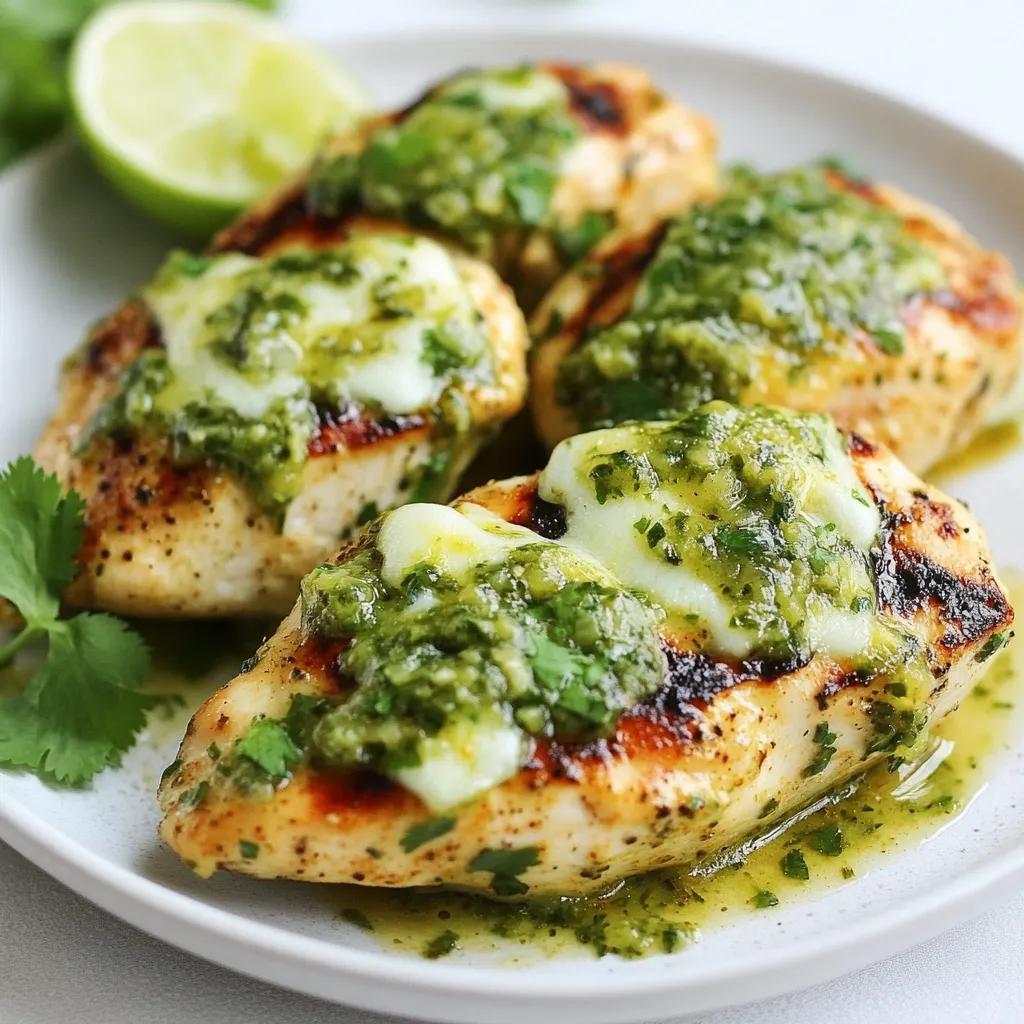 - 4 boneless, skinless chicken breasts - 1 cup salsa verde - 1 cup pepper jack cheese, shredded - 2 tablespoons olive oil - 1 teaspoon cumin - 1 teaspoon garlic powder - Salt and pepper to taste - Fresh cilantro - Lime wedges When you want to make Grilled Salsa Verde Pepper Jack Chicken, gather your ingredients. The main stars are the chicken breasts, salsa verde, and pepper jack cheese. The chicken is lean and juicy. Salsa verde adds a zesty kick. Pepper jack cheese gives a great melt and spice. For seasoning, olive oil helps the spices stick. Cumin gives a warm, earthy flavor. Garlic powder adds depth. Salt and pepper bring everything together. Adjust these to suit your taste. Finally, I love garnishing with fresh cilantro. It adds color and freshness. Lime wedges are a must for squeezing over the chicken. They add brightness and balance the dish. Always remember, the quality of your ingredients matters. Fresh, high-quality items make a difference in taste. Enjoy the process and have fun cooking! {{ingredient_image_1}} Start by preheating your grill to medium-high heat. This helps get a nice sear on the chicken. A hot grill locks in the juices and gives the chicken great flavor. In a small bowl, mix together 2 tablespoons of olive oil, 1 teaspoon of cumin, 1 teaspoon of garlic powder, and salt and pepper to taste. This is your seasoning rub. Rub it all over the chicken breasts. Make sure each piece is coated well. This adds taste to every bite. Place the chicken breasts on the hot grill. Cook them for about 6-8 minutes on one side. This helps develop a nice crust. When the time is up, flip the chicken over. Pour salsa verde over each piece. Grill for another 6-8 minutes. Check that the chicken reaches an internal temperature of 165°F (75°C). In the last 2 minutes, sprinkle shredded pepper jack cheese on each breast. Close the grill lid. This melts the cheese perfectly. Once cooked, remove the chicken and let it rest for 5 minutes. This keeps it juicy. Garnish with fresh cilantro and serve with lime wedges for a bright finish. To make sure your chicken is cooked just right, check the internal temperature. Use a meat thermometer. The chicken should reach 165°F (75°C). This ensures it’s safe to eat. After grilling, let the chicken rest for 5 minutes. This helps keep it juicy and tender. When you add cheese, close the grill lid. This traps heat and helps the cheese melt quickly. If you are grilling indoors, use a broiler. Place the chicken under the broiler for a few minutes to melt the cheese. Pair your chicken with fresh sides. Great options include grilled veggies or a light salad. You can also serve it with rice or corn on the side. For drinks, consider a cold beer or a refreshing margarita. These choices balance the heat and flavors of the chicken. Pro Tips Marinate for More Flavor: For an extra flavor boost, marinate the chicken breasts in the salsa verde for at least 30 minutes before grilling. This allows the flavors to penetrate the meat. Check Doneness: Always use a meat thermometer to check the internal temperature of the chicken. It should reach 165°F (75°C) for safe consumption. Rest the Chicken: Let the grilled chicken rest for at least 5 minutes after cooking. This helps the juices redistribute, resulting in a juicier and more flavorful chicken. Customize Your Heat: If you prefer a spicier kick, consider adding diced jalapeños or a sprinkle of cayenne pepper to the seasoning mix or directly on the chicken before grilling. {{image_2}} You can switch up the salsa in this dish. Try mango salsa for a sweet twist. Chipotle salsa adds a smoky flavor that really packs a punch. You can also use tomatillo salsa for a tangy kick. If you like heat, mix in some jalapeños. This will make your dish extra spicy! Pepper jack cheese is great, but other options work too. Cheddar cheese adds a sharp taste. Monterey Jack melts well and gives a creamy feel. If you want a lighter choice, use Swiss cheese. For those who are vegan, try using cashew cheese or soy-based cheese. Both melt nicely and taste great with salsa. You can boost flavor by adding vegetables. Bell peppers or zucchini grill well and add color. Fruits like pineapple or peach can also make it sweet and tangy. Before grilling, marinating the chicken can add depth. Use lime juice, garlic, or herbs to enhance the flavor. After you enjoy your grilled salsa verde pepper jack chicken, let it cool. This step ensures the chicken stays juicy. Once cooled, transfer the chicken to an airtight container. You can store it in the fridge for up to three days. Make sure to keep it sealed to maintain flavor and moisture. To reheat your chicken, use the oven or grill. Both methods keep the chicken tasty. Preheat your oven to 350°F (175°C). Place the chicken in a baking dish and cover it with foil. Heat for about 15-20 minutes. If using the grill, reheat on medium heat for about 5 minutes on each side. This method helps retain the chicken's flavor and texture. If you want to save leftovers for later, freezing is the way to go. Wrap each piece tightly in plastic wrap and then in foil. This double wrap helps prevent freezer burn. You can keep it in the freezer for up to three months. When you're ready to eat, thaw the chicken in the fridge overnight before reheating. This slow thawing keeps it moist and delicious. Salsa verde is a tangy green sauce. It comes from tomatillos, green chilies, and herbs. You can find it in stores or make it at home. To make your own, blend: - 1 pound tomatillos, husked and rinsed - 1-2 jalapeños, stemmed and chopped - 1 small onion, chopped - 1 cup fresh cilantro - Juice of 2 limes - Salt to taste Roast the tomatillos and jalapeños for a smoky flavor. Blend until smooth. Salsa verde pairs well with grilled meats and adds zest to many dishes. Yes, you can cook this dish on a stovetop. Use a grill pan or skillet for great results. Heat the pan over medium-high heat. Cook the chicken for 6-8 minutes on each side. Pour salsa verde over the chicken after flipping. Cover with a lid to melt the cheese. This method keeps the chicken juicy and flavorful. Check the internal temperature of the chicken. It should reach 165°F (75°C). You can use a meat thermometer for accuracy. The chicken should also look white with no pink inside. Let it rest for 5 minutes before slicing. This keeps the juices in and makes every bite tender. You learned how to make delicious grilled chicken with salsa verde and cheese. We discussed main ingredients, seasonings, and tips for perfect grilling. You found out how to store leftovers and reheat them, plus answers to FAQs about the dish. Now, you can impress friends with this easy recipe. Feel free to try different sauces or cheeses for a fun twist. Happy grilling, and enjoy every bite!