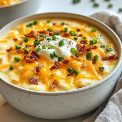 To make a tasty loaded baked potato soup, you need just a few simple items: - 4 large russet potatoes, peeled and diced - 1 onion, finely chopped - 3 cloves garlic, minced - 4 cups vegetable broth - 2 cups milk (or a dairy-free alternative) - 1 cup shredded sharp cheddar cheese - 1/2 cup sour cream (or Greek yogurt) - 1 teaspoon dried thyme - Salt and pepper to taste These ingredients create a rich base for your soup and bring out the flavors of each bite. You can add fun toppings to make your soup even better: - 4 strips turkey bacon, cooked and crumbled (for a savory crunch) - 1/4 cup green onions, chopped (for freshness) Feel free to mix in any of your favorite toppings. They will give your soup a special twist. If you have special dietary needs, here are some swaps: - Use almond or oat milk instead of regular milk for a dairy-free option. - Replace sour cream with a plant-based yogurt for a vegan choice. - For a lower-carb version, use cauliflower instead of potatoes. These changes let everyone enjoy a bowl of this creamy soup! {{ingredient_image_1}} Start by peeling and dicing the 4 large russet potatoes. Make sure they are about the same size for even cooking. Next, finely chop 1 onion and mince 3 cloves of garlic. Gather all your ingredients, as this makes cooking easier. In a large pot, combine the diced potatoes, chopped onion, minced garlic, and 4 cups of vegetable broth. Turn the heat to medium-high and bring the mix to a boil. Once boiling, lower the heat to a simmer. Cook for 15-20 minutes. Check the potatoes with a fork; they should be tender. After that, use an immersion blender to blend the soup until smooth. If you don’t have one, carefully transfer the soup to a countertop blender. Blend in batches if needed. Next, stir in 2 cups of milk and cook on low heat. Add in 1 cup of shredded sharp cheddar cheese, 1/2 cup of sour cream, and 1 teaspoon of dried thyme. Mix well until the cheese melts. Season with salt and pepper to taste. If you want, add 4 strips of crumbled turkey bacon at this point. Allow the soup to simmer for another 5 minutes. This helps the flavors mix well. When you blend the soup, do it slowly and in small batches if using a countertop blender. Always leave some space at the top to avoid spills. If using an immersion blender, keep it submerged to prevent splashes. This makes blending easier and safer. For a creamier soup, blend longer. Adjust the texture to your liking by adding more milk if needed. To make your soup creamy, blend it well. I use an immersion blender for this. It makes the soup smooth and thick. If you don’t have one, a countertop blender works too. Just be careful not to burn yourself. Start slow and blend in batches. Adding milk and sour cream also helps give a rich texture. Stir these in after blending the potatoes. To boost flavor, I suggest using fresh herbs. Thyme adds a nice taste. You can also try adding rosemary or chives for a twist. A pinch of garlic powder can deepen the flavor too. If you love spice, a dash of cayenne pepper works well. Don't forget to taste as you go. Adjust salt and pepper to your liking. For an extra kick, add some hot sauce before serving. One common mistake is overcooking the potatoes. This can make them too mushy. Cook them just until fork-tender for the best texture. Another mistake is not blending enough. If you leave chunks, the soup can feel grainy. Also, be careful with salt. Always start with a little and add more later. Lastly, don’t skip the garnishes. They make your soup look and taste better! Pro Tips Use Fresh Ingredients: Fresh, high-quality potatoes and vegetables will enhance the flavor of your soup significantly. Adjust Consistency: If you prefer a thicker soup, reduce the amount of broth or add more potatoes. For a thinner soup, add extra broth or milk. Add Depth of Flavor: Consider sautéing the onions and garlic in a little olive oil before adding the broth for a richer taste. Garnish Creatively: Experiment with different toppings like crispy onions, chopped herbs, or a drizzle of hot sauce for added flair. {{image_2}} You can easily make this soup vegetarian or vegan. Just skip the turkey bacon. For a vegan twist, use coconut milk or almond milk instead of regular milk. Replace sour cream with a plant-based yogurt. This keeps it creamy and rich. The flavors still shine through. You won’t miss the meat! Want some heat? Add diced jalapeños or red pepper flakes. These spices boost the flavor. You can also use pepper jack cheese for extra spice. Stir in some hot sauce at the end to kick it up a notch. Adjust it to your taste. This spicy version warms you up on chilly days. Feel free to get creative! Swap russet potatoes for sweet potatoes for a different taste. You can mix in other veggies, like carrots or corn. Try adding herbs like rosemary or basil for fresh notes. Also, consider different cheeses. Gouda or blue cheese can add unique flavors. The options are endless! To keep your loaded baked potato soup fresh, let it cool first. Transfer the soup to an airtight container. This prevents air from spoiling the flavor. You can store it in the fridge for up to three days. If you think you won't eat it soon, consider freezing it. When you're ready to enjoy the soup again, reheat gently. Pour it into a pot and warm it on low heat. Stir often to keep it smooth. If the soup seems thick, add a splash of milk or broth. You can also microwave it in a safe bowl. Heat it in short bursts, stirring in between. To freeze the soup, use freezer-safe containers. Leave some space at the top. Soup expands when it freezes. You can keep it in the freezer for up to three months. When ready to eat, thaw it overnight in the fridge. Reheat as mentioned above, and enjoy a warm bowl anytime! Yes, you can use other potatoes. Yukon Gold potatoes are a great choice. They add a creamy texture. Red potatoes work too, but they may not be as smooth. If you want a twist, try sweet potatoes. They will change the flavor but still taste good. To make this soup gluten-free, use gluten-free broth. Check the labels on the broth you choose. Many brands offer gluten-free options. Also, avoid using any flour as a thickener. You can blend the potatoes well to get a creamy texture without flour. Yes, you can prepare this soup ahead of time. Cook it fully and let it cool. Store it in an airtight container. It will keep in the fridge for up to three days. When you are ready, reheat it on the stove or in the microwave. Stir well before serving to ensure it heats evenly. In this post, we covered key ingredients for your soup, preparation steps, and storage tips. We also explored fun variations and common mistakes to avoid. Remember, you can swap ingredients for dietary needs or try new flavors. As you make your soup, enjoy the process and be creative. With these tips, your soup will be smooth, tasty, and satisfying. Now, go ahead and make the perfect bowl!