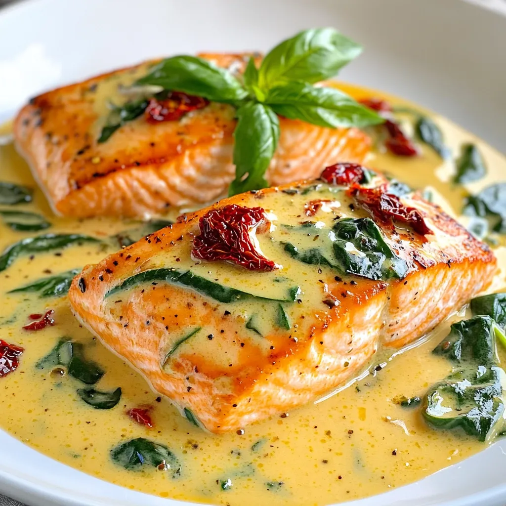 - 4 salmon fillets (about 6 oz each) - Salt and pepper, to taste - 1 tablespoon olive oil - 3 cloves garlic, minced - 1 cup fresh spinach, chopped - 1/2 cup sun-dried tomatoes (in oil, drained and chopped) - 1 cup heavy cream - 1/2 cup grated Parmesan cheese - 1 teaspoon Italian seasoning - Fresh basil leaves, for garnish When picking salmon, look for bright color and firm texture. Fresh salmon gives the best taste. Use good quality olive oil for a rich flavor. Minced garlic adds a nice kick. Spinach should be fresh and vibrant. Sun-dried tomatoes should be soft and flavorful. Heavy cream makes the sauce rich and creamy. Parmesan cheese adds saltiness and depth. Italian seasoning blends herbs for a perfect taste. Fresh basil leaves are a nice touch at the end. If you cannot find salmon, try any firm fish like trout or cod. For a lighter meal, use chicken breast instead of salmon. If you want a dairy-free option, use coconut cream and a vegan cheese substitute. You can swap out spinach for kale or arugula for a different green. If you don’t have sun-dried tomatoes, fresh cherry tomatoes can work too. Use garlic powder if you do not have fresh garlic. For a twist, add crushed red pepper for some heat! {{ingredient_image_1}} First, take your salmon fillets. Season both sides with salt and pepper. This adds great flavor. Heat a large skillet over medium-high heat. Add one tablespoon of olive oil. Once hot, place the salmon in the skillet. Cook for about 5-6 minutes on each side. Look for a nice golden brown color. The salmon should be cooked through. When done, remove the salmon and set it aside. In the same skillet, lower the heat to medium. Add three minced garlic cloves. Sauté for about one minute until fragrant. Be careful not to burn the garlic. Next, add one cup of chopped spinach and half a cup of sun-dried tomatoes. Cook for 2-3 minutes until the spinach wilts. Pour in one cup of heavy cream. Stir in half a cup of grated Parmesan cheese and one teaspoon of Italian seasoning. Let this simmer for about 3-4 minutes. This allows the sauce to thicken a bit. Return the salmon fillets to the skillet. Spoon the creamy sauce over the fillets. Let them simmer together for about 2 more minutes. Once everything is warmed through, remove the skillet from the heat. Plate your salmon and drizzle the sauce on top. Add fresh basil leaves for garnish. Enjoy this dish with rice or crusty bread! To cook salmon perfectly, start with a thick fillet. A thicker piece cooks evenly. Heat your skillet well before adding the salmon. Cook each side for about 5-6 minutes. Check for a golden crust. The salmon should flake easily with a fork when done. If you want it medium-rare, cook for less time. Always let the salmon rest before serving to keep it juicy. To boost the cream sauce, add the garlic first. Sauté it until fragrant but not burnt. Then, add your spinach and sun-dried tomatoes. This gives the sauce a strong base. Use fresh cream for a rich texture. Parmesan cheese thickens the sauce and adds flavor. If you like spice, sprinkle in some red pepper flakes. This small touch can make a big difference. Make your dish look stunning with simple techniques. Use fresh basil leaves for a bright touch. Place the salmon on a bed of rice or pasta. This adds color and texture. Drizzle the creamy sauce over the salmon for a glossy finish. A sprinkle of extra Parmesan on top can impress guests. Don't forget to wipe the plate edges for a clean look! Pro Tips Use Fresh Ingredients: Always opt for fresh spinach and high-quality sun-dried tomatoes for the best flavor in your creamy sauce. Check for Doneness: Salmon is perfectly cooked when it flakes easily with a fork. Keep an eye on the cooking time to avoid overcooking. Customize Your Sauce: Feel free to add additional herbs like thyme or oregano to the cream sauce for extra depth of flavor. Perfect Side Pairings: Serve this dish with steamed asparagus or a light salad to balance the richness of the cream sauce. {{image_2}} You can add more veggies to this dish to boost flavor and nutrition. Try bell peppers, zucchini, or mushrooms. Just chop them up and sauté them with the garlic. Add these veggies right before the spinach. They will cook fast and add a nice crunch. Not in the mood for salmon? You can use chicken breasts or shrimp instead. For chicken, cook it until it reaches 165°F. For shrimp, just sauté them until they turn pink. Both options will still soak up that creamy sauce and taste amazing. Want to change the taste? You can play with herbs and spices. Add more garlic for a stronger flavor. Lemon juice gives a nice zing, too. A little red pepper flakes will add heat if you like spicy dishes. Adjust these ingredients to make the dish your own. After enjoying your creamy Tuscan salmon, let it cool. Place the leftovers in an airtight container. Store it in the fridge. It stays good for up to three days. Make sure to cover it well. This keeps the salmon moist and tasty. When you’re ready to eat leftovers, reheat gently. Use a skillet over low heat. Add a splash of cream or water to keep it from drying out. Heat for about 5 minutes, stirring occasionally. You can also use the microwave. Heat in short bursts, stirring in between. This helps keep the salmon tender. If you want to save some for later, freezing works well. Wrap the salmon tightly in plastic wrap. Then, place it in a freezer-safe bag. It can freeze for up to three months. To thaw, move it to the fridge overnight. Reheat gently as mentioned before. This way, you can enjoy creamy Tuscan salmon any time! You can serve Creamy Tuscan Salmon with many side dishes. It pairs well with: - Steamed rice - Crusty bread - Garlic mashed potatoes - Roasted vegetables - A fresh green salad These sides soak up the sauce and enhance the meal's flavor. Yes, you can prep Creamy Tuscan Salmon ahead of time. Cook the salmon and sauce, then store them separately. Keep them in the fridge for up to two days. When ready to serve, just reheat and combine. This makes it easy for busy weeknights or impressing guests. You can customize this recipe for dietary needs. For gluten-free, ensure the broth and toppings are gluten-free. For dairy-free, use coconut cream in place of heavy cream and skip the cheese. Adjust seasonings to maintain flavor while meeting needs. Absolutely! To make a lighter version, use skinless salmon fillets. Substitute heavy cream with half-and-half or Greek yogurt. This will cut down fat but still keep the creaminess. You can also use less oil when cooking. Many flavors enhance Creamy Tuscan Salmon. Consider adding: - Lemon juice for brightness - Capers for saltiness - Fresh herbs like dill or parsley for freshness - A dash of red pepper flakes for heat These flavors can elevate the dish and make it even more exciting. This blog post covered how to make Creamy Tuscan Salmon with ease. We looked at the ingredients, tips for cooking, and ways to make it your own. Remember to store leftovers properly for later enjoyment. My final thought is that cooking can be simple and fun. Try these steps and enjoy a delicious meal!