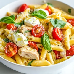 To make Chicken Mozzarella Pasta, you will need the following: - 300g penne pasta - 2 boneless, skinless chicken breasts, diced - 1 cup cherry tomatoes, halved - 1 cup fresh mozzarella balls, halved - 2 tablespoons olive oil - 3 cloves garlic, minced - 1 teaspoon dried oregano - 1 teaspoon dried basil - Salt and pepper to taste - 1/4 cup fresh basil, chopped (for garnish) You can enhance the dish even more with these optional ingredients: - 1/4 cup grated Parmesan cheese - Toasted pine nuts for crunch These extras give your pasta a richer taste and a nice texture. This dish serves four and offers a balanced meal. Here’s a quick look at what you get per serving: - Calories: Approximately 450 - Protein: About 30g - Carbohydrates: Around 50g - Fats: About 15g This meal provides good protein from chicken and healthy fats from olive oil. Enjoy it as a hearty dinner option! {{ingredient_image_1}} To start, fill a large pot with water. Add a good amount of salt. Bring the water to a boil. Once boiling, add 300g penne pasta. Cook the pasta according to the package directions. You want it to be al dente. This means it should still have a slight bite. It usually takes about 10-12 minutes. After cooking, drain the pasta in a colander. Set it aside for later. Next, grab a large skillet. Heat 2 tablespoons of olive oil over medium heat. Once hot, add the diced chicken breasts. Season the chicken with salt, pepper, 1 teaspoon of dried oregano, and 1 teaspoon of dried basil. Cook the chicken for about 6-8 minutes. You want it to be browned and fully cooked. Stir it often to cook evenly. Now it’s time to bring everything together. First, add 3 cloves of minced garlic to the skillet. Sauté the garlic for about 1 minute. You want it to smell good but not burn. Then, toss in 1 cup of halved cherry tomatoes. Cook them for around 2-3 minutes. They should start to soften. Next, mix in the drained pasta. Toss everything together well. Gently fold in 1 cup of halved fresh mozzarella balls. They will melt a bit and blend nicely. Taste the dish and add more salt or pepper if needed. For a creamier touch, sprinkle in 1/4 cup of grated Parmesan cheese. Finally, remove from heat and garnish with freshly chopped basil. Enjoy your delicious Chicken Mozzarella Pasta! To get juicy chicken, use boneless, skinless breasts. Dice them into small, even pieces. This helps them cook evenly and fast. Heat your skillet over medium heat before adding olive oil. Wait until the oil shimmers. This step seals in the juices. Cook the chicken for about 6-8 minutes. It should be golden brown, and the inside should be fully cooked. If you cut a piece, the juices should run clear. Season the chicken with salt and pepper early. This adds flavor right from the start. Dried oregano and basil give a nice touch. Use fresh garlic for a bold taste. Sauté the garlic just until fragrant. This helps release its natural oils. For an extra kick, consider adding a pinch of red pepper flakes. It adds heat without overpowering the dish. Taste as you go and adjust the seasonings to fit your liking. Presentation makes a big difference. Serve the pasta in wide bowls for a beautiful look. Drizzle a bit of olive oil on top to make it shine. Sprinkle fresh basil for a pop of color. If you want more texture, add toasted pine nuts. They give a nice crunch. For cheese lovers, a sprinkle of grated Parmesan can elevate the dish even further. Enjoy your meal with a side of crusty bread for a complete experience. Pro Tips Choose Quality Ingredients: Opt for fresh chicken and high-quality mozzarella to enhance the overall flavor of the dish. Cook Pasta Perfectly: Ensure to cook the pasta al dente so it retains a slight firmness, which helps it hold up in the dish. Layer Flavors: Add the garlic after the chicken for a more aromatic base that will infuse the entire dish with flavor. Experiment with Herbs: Feel free to add fresh herbs like thyme or parsley for a unique twist and added freshness. {{image_2}} You can make a tasty vegetarian version of Chicken Mozzarella Pasta. Just swap the chicken for chickpeas or diced tofu. These options add protein and keep the dish filling. Use the same spices and ingredients to keep it flavorful. You’ll still get that creamy taste with fresh mozzarella. Adding vegetables boosts the nutrition of your pasta. Try adding spinach, bell peppers, or zucchini. Chop them finely and toss them in with the chicken. This method cooks them quickly and keeps them tender. You can also roast the cherry tomatoes for a sweeter flavor. These veggies make your meal colorful and healthy. If you want a creamier dish, use heavy cream or cream cheese. After you add the pasta, pour in the cream and mix well. This step gives the dish a rich texture. You can also add a little more mozzarella to enhance that cheesy goodness. The result is a creamy, dreamy Chicken Mozzarella Pasta that everyone will love. To keep your Chicken Mozzarella Pasta fresh, place it in an airtight container. Make sure the pasta cools down before sealing. This helps to avoid steam buildup, which makes the pasta soggy. Store the container in the fridge for up to three days. If you want to enjoy it later, proper storage is key. When you’re ready to eat your leftovers, it’s easy to reheat. You can use the microwave or a skillet. For the microwave, place the pasta in a bowl, cover it loosely, and heat for about 1-2 minutes. Stir halfway through to make sure it warms evenly. If you choose a skillet, add a splash of water, cover it, and heat over medium for 5-7 minutes. Stir often to avoid sticking. Freezing this dish is a great option for meal prep. First, let the pasta cool completely. Then, scoop it into a freezer-safe container. Leave some space at the top, as it may expand when frozen. Seal it tightly and store it in the freezer for up to three months. When you’re ready to eat, thaw it overnight in the fridge before reheating. Enjoy the taste of this delicious meal even days later! Yes, you can use other pasta shapes. Any short pasta works well, like fusilli or rotini. These shapes hold the sauce nicely. You can also use whole wheat pasta for a healthier option. Just keep an eye on the cooking time, as it may vary. To make Chicken Mozzarella Pasta healthier, try these tips: - Use whole grain pasta for more fiber. - Swap olive oil for a light cooking spray. - Reduce the cheese or use part-skim mozzarella. - Add more veggies like spinach or zucchini for extra nutrients. These simple changes can keep the dish tasty while cutting some calories. If you don't have fresh mozzarella, try these options: - Use low-fat mozzarella for less fat. - Try provolone cheese for a stronger flavor. - Cottage cheese can work if you want a creamy texture. - Shredded cheese like cheddar or Monterey Jack can also be used. Each option will add a unique taste to your dish. This blog post covered how to cook a delicious Chicken Mozzarella Pasta. We looked at the ingredients, including optional ones for more flavor, and shared nutritional info. The step-by-step instructions helped you cook the pasta and sauté the chicken correctly. I gave tips for perfect chicken texture and tasty seasonings. We also explored variations, like vegetarian options and adding veggies. Lastly, I shared the best ways to store and reheat your dish. Now you can enjoy a great meal or impress your guests!