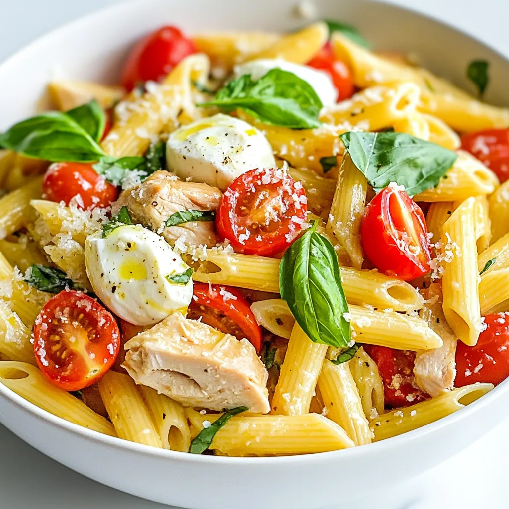 To make Chicken Mozzarella Pasta, you will need the following: - 300g penne pasta - 2 boneless, skinless chicken breasts, diced - 1 cup cherry tomatoes, halved - 1 cup fresh mozzarella balls, halved - 2 tablespoons olive oil - 3 cloves garlic, minced - 1 teaspoon dried oregano - 1 teaspoon dried basil - Salt and pepper to taste - 1/4 cup fresh basil, chopped (for garnish) You can enhance the dish even more with these optional ingredients: - 1/4 cup grated Parmesan cheese - Toasted pine nuts for crunch These extras give your pasta a richer taste and a nice texture. This dish serves four and offers a balanced meal. Here’s a quick look at what you get per serving: - Calories: Approximately 450 - Protein: About 30g - Carbohydrates: Around 50g - Fats: About 15g This meal provides good protein from chicken and healthy fats from olive oil. Enjoy it as a hearty dinner option! {{ingredient_image_1}} To start, fill a large pot with water. Add a good amount of salt. Bring the water to a boil. Once boiling, add 300g penne pasta. Cook the pasta according to the package directions. You want it to be al dente. This means it should still have a slight bite. It usually takes about 10-12 minutes. After cooking, drain the pasta in a colander. Set it aside for later. Next, grab a large skillet. Heat 2 tablespoons of olive oil over medium heat. Once hot, add the diced chicken breasts. Season the chicken with salt, pepper, 1 teaspoon of dried oregano, and 1 teaspoon of dried basil. Cook the chicken for about 6-8 minutes. You want it to be browned and fully cooked. Stir it often to cook evenly. Now it’s time to bring everything together. First, add 3 cloves of minced garlic to the skillet. Sauté the garlic for about 1 minute. You want it to smell good but not burn. Then, toss in 1 cup of halved cherry tomatoes. Cook them for around 2-3 minutes. They should start to soften. Next, mix in the drained pasta. Toss everything together well. Gently fold in 1 cup of halved fresh mozzarella balls. They will melt a bit and blend nicely. Taste the dish and add more salt or pepper if needed. For a creamier touch, sprinkle in 1/4 cup of grated Parmesan cheese. Finally, remove from heat and garnish with freshly chopped basil. Enjoy your delicious Chicken Mozzarella Pasta! To get juicy chicken, use boneless, skinless breasts. Dice them into small, even pieces. This helps them cook evenly and fast. Heat your skillet over medium heat before adding olive oil. Wait until the oil shimmers. This step seals in the juices. Cook the chicken for about 6-8 minutes. It should be golden brown, and the inside should be fully cooked. If you cut a piece, the juices should run clear. Season the chicken with salt and pepper early. This adds flavor right from the start. Dried oregano and basil give a nice touch. Use fresh garlic for a bold taste. Sauté the garlic just until fragrant. This helps release its natural oils. For an extra kick, consider adding a pinch of red pepper flakes. It adds heat without overpowering the dish. Taste as you go and adjust the seasonings to fit your liking. Presentation makes a big difference. Serve the pasta in wide bowls for a beautiful look. Drizzle a bit of olive oil on top to make it shine. Sprinkle fresh basil for a pop of color. If you want more texture, add toasted pine nuts. They give a nice crunch. For cheese lovers, a sprinkle of grated Parmesan can elevate the dish even further. Enjoy your meal with a side of crusty bread for a complete experience. Pro Tips Choose Quality Ingredients: Opt for fresh chicken and high-quality mozzarella to enhance the overall flavor of the dish. Cook Pasta Perfectly: Ensure to cook the pasta al dente so it retains a slight firmness, which helps it hold up in the dish. Layer Flavors: Add the garlic after the chicken for a more aromatic base that will infuse the entire dish with flavor. Experiment with Herbs: Feel free to add fresh herbs like thyme or parsley for a unique twist and added freshness. {{image_2}} You can make a tasty vegetarian version of Chicken Mozzarella Pasta. Just swap the chicken for chickpeas or diced tofu. These options add protein and keep the dish filling. Use the same spices and ingredients to keep it flavorful. You’ll still get that creamy taste with fresh mozzarella. Adding vegetables boosts the nutrition of your pasta. Try adding spinach, bell peppers, or zucchini. Chop them finely and toss them in with the chicken. This method cooks them quickly and keeps them tender. You can also roast the cherry tomatoes for a sweeter flavor. These veggies make your meal colorful and healthy. If you want a creamier dish, use heavy cream or cream cheese. After you add the pasta, pour in the cream and mix well. This step gives the dish a rich texture. You can also add a little more mozzarella to enhance that cheesy goodness. The result is a creamy, dreamy Chicken Mozzarella Pasta that everyone will love. To keep your Chicken Mozzarella Pasta fresh, place it in an airtight container. Make sure the pasta cools down before sealing. This helps to avoid steam buildup, which makes the pasta soggy. Store the container in the fridge for up to three days. If you want to enjoy it later, proper storage is key. When you’re ready to eat your leftovers, it’s easy to reheat. You can use the microwave or a skillet. For the microwave, place the pasta in a bowl, cover it loosely, and heat for about 1-2 minutes. Stir halfway through to make sure it warms evenly. If you choose a skillet, add a splash of water, cover it, and heat over medium for 5-7 minutes. Stir often to avoid sticking. Freezing this dish is a great option for meal prep. First, let the pasta cool completely. Then, scoop it into a freezer-safe container. Leave some space at the top, as it may expand when frozen. Seal it tightly and store it in the freezer for up to three months. When you’re ready to eat, thaw it overnight in the fridge before reheating. Enjoy the taste of this delicious meal even days later! Yes, you can use other pasta shapes. Any short pasta works well, like fusilli or rotini. These shapes hold the sauce nicely. You can also use whole wheat pasta for a healthier option. Just keep an eye on the cooking time, as it may vary. To make Chicken Mozzarella Pasta healthier, try these tips: - Use whole grain pasta for more fiber. - Swap olive oil for a light cooking spray. - Reduce the cheese or use part-skim mozzarella. - Add more veggies like spinach or zucchini for extra nutrients. These simple changes can keep the dish tasty while cutting some calories. If you don't have fresh mozzarella, try these options: - Use low-fat mozzarella for less fat. - Try provolone cheese for a stronger flavor. - Cottage cheese can work if you want a creamy texture. - Shredded cheese like cheddar or Monterey Jack can also be used. Each option will add a unique taste to your dish. This blog post covered how to cook a delicious Chicken Mozzarella Pasta. We looked at the ingredients, including optional ones for more flavor, and shared nutritional info. The step-by-step instructions helped you cook the pasta and sauté the chicken correctly. I gave tips for perfect chicken texture and tasty seasonings. We also explored variations, like vegetarian options and adding veggies. Lastly, I shared the best ways to store and reheat your dish. Now you can enjoy a great meal or impress your guests!