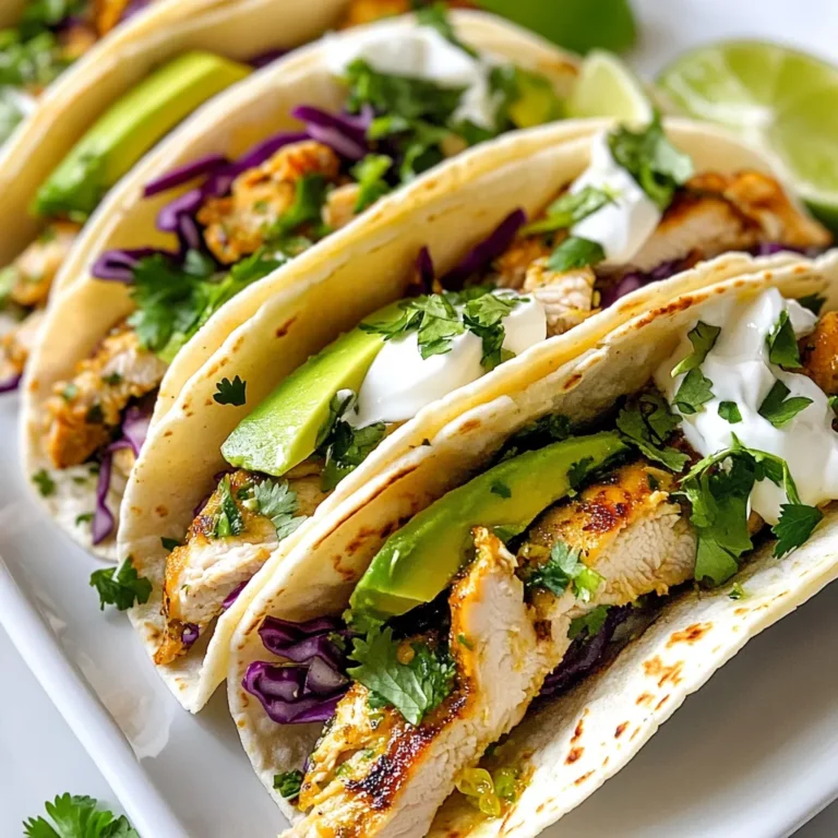 - 2 chicken breasts, boneless and skinless - 1/4 cup fresh cilantro, chopped - 2 limes, juiced and zested - 1 tablespoon olive oil - 1 teaspoon garlic powder - 1 teaspoon cumin - 1/2 teaspoon chili powder - Salt and pepper to taste - 8 small corn tortillas - 1 avocado, sliced - 1 cup red cabbage, shredded - 1/2 cup sour cream (optional) - Additional cilantro for garnish - Lime wedges for serving - Hot sauce for a spicy kick - Large mixing bowl - Grill or skillet - Sharp knife for slicing - Cutting board - Tongs for flipping chicken - Serving plates or taco holders {{ingredient_image_1}} To start, grab a large bowl. In this bowl, mix the lime zest, lime juice, olive oil, chopped cilantro, garlic powder, cumin, chili powder, salt, and pepper. This will be your marinade. The citrus will add great flavor. Once mixed, add the chicken breasts. Make sure they are fully coated. Cover the bowl and place it in the refrigerator. Let the chicken marinate for at least 30 minutes. If you have time, two hours will boost the taste even more. Next, preheat your grill or skillet over medium-high heat. After marinating, take the chicken out of the fridge. Let the excess marinade drip off. Place the chicken on the hot grill or skillet. Cook the chicken for about 6-7 minutes on each side. You want it to reach an internal temperature of 165°F (75°C). This ensures it's safe to eat. Once done, take it off the heat and let it rest for 5 minutes. Resting allows the juices to stay in the chicken. While the chicken is resting, it’s time to warm the tortillas. Place them on the grill or skillet for about 30 seconds on each side. You want them pliable but not crispy. After warming, slice the cooked chicken into thin strips. Now, it’s taco time! Take a tortilla and place some chicken strips on it. Top with avocado slices and shredded red cabbage. If you like, add a dollop of sour cream. For extra flavor, garnish with more cilantro and a squeeze of lime juice. Enjoy! To get the best flavor from your cilantro lime chicken tacos, use fresh ingredients. Fresh cilantro brings a bright taste that dried herbs cannot match. Use ripe limes for their juice and zest. Marinate the chicken for at least 30 minutes, but if you have time, let it sit for up to 2 hours. This helps the flavors soak in deeply. Cooking the chicken right is vital. Preheat your grill or skillet to medium-high heat. This ensures a nice sear on the chicken. Cook the chicken for about 6-7 minutes on each side. Use a meat thermometer to check for doneness. It should reach 165°F (75°C). Letting the chicken rest for 5 minutes keeps it juicy. Serve your tacos warm on small corn tortillas. Add sliced avocado and shredded red cabbage for crunch. A dollop of sour cream adds creaminess, but it’s optional. Garnish with extra cilantro and a squeeze of lime juice for a fresh kick. These tacos make a great meal for any gathering or a fun family dinner. Pro Tips Marinate for Maximum Flavor: For the best flavor, let the chicken marinate for at least 2 hours. If you have time, marinating overnight will enhance the taste even more. Perfectly Cooked Chicken: Use a meat thermometer to ensure your chicken reaches an internal temperature of 165°F (75°C). This guarantees it's fully cooked and safe to eat. Warm Tortillas: Warming the tortillas before assembling the tacos makes them more pliable and prevents them from cracking. You can warm them on a grill or in a skillet for about 30 seconds on each side. Customizable Toppings: Feel free to get creative with your toppings! Add diced tomatoes, jalapeños, or a sprinkle of cheese for extra flavor and texture. {{image_2}} You can swap chicken for other meats. Try beef, turkey, or pork. Each protein adds a new taste. For beef, use flank steak. Marinate as you would chicken. For turkey, ground turkey works well. Cook it until browned. If you want pork, use tenderloin. This gives a juicy and rich flavor. Want a meatless meal? Try grilled veggies or tofu. For veggies, use bell peppers, zucchini, and mushrooms. Cut them into strips and marinate like chicken. Grill until soft and smoky. For tofu, press out water. Then, marinate and grill until golden. These options keep the dish fresh and tasty. You can change the flavor to suit your taste. If you love spice, add more chili powder. A pinch of cayenne gives a nice kick. For a tangy twist, mix in some orange juice. This brightens up the dish. You can also add herbs like oregano or thyme. These herbs bring warmth and depth. To keep your leftover Cilantro Lime Chicken Tacos fresh, place them in an airtight container. Make sure the chicken is cooled down before storing. You can store the tacos for up to three days in the fridge. If you have any toppings like avocado or sour cream, store those separately. This way, they stay fresh and tasty. When you're ready to enjoy your leftovers, reheat the chicken in a skillet over medium heat. This method keeps the chicken juicy. Heat it for about five minutes, stirring occasionally. You can also use the microwave if you’re in a hurry. Just cover the chicken and heat for 1-2 minutes. Be sure to check it to avoid drying out. If you want to save some tacos for later, freezing works great. First, let the chicken cool completely. Then, wrap the chicken tightly in plastic wrap or aluminum foil. Place it in a freezer bag, and remove as much air as possible. You can freeze the chicken for up to three months. When you’re ready to eat, thaw it in the fridge overnight before reheating. Yes, you can use frozen chicken for this recipe. Just remember to thaw it first. Place the frozen chicken in the fridge overnight or use the microwave to defrost it. Once it's thawed, follow the marinating steps. This will keep the flavor strong and the chicken juicy. If you don’t have tortillas, you can use lettuce leaves. They make a great low-carb option. You can also try pita bread or even rice cakes. Each option adds a unique twist. Choose what you like best for your tacos! To add heat, use more chili powder in the marinade. You can also add chopped jalapeños or hot sauce to the tacos. Another option is to include spicy salsa as a topping. Adjust the spice to fit your taste buds! This blog covered all you need to make delicious tacos. We discussed the key ingredients and optional items to elevate your dish. I detailed how to prepare and cook the chicken, along with tips to boost flavor and serve well. You learned about variations and how to store leftovers safely. Remember, cooking is about making it fun and personal. Be creative and enjoy the process! Use these steps to make tacos that everyone will love.