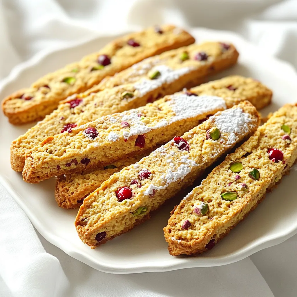 To make the perfect cranberry pistachio biscotti, gather these simple ingredients: - 1 ¾ cups all-purpose flour - ½ teaspoon baking powder - ½ teaspoon baking soda - ¼ teaspoon salt - ½ cup unsalted butter, softened - ¾ cup granulated sugar - 2 large eggs - 1 teaspoon vanilla extract - 1 cup dried cranberries - ½ cup shelled pistachios, coarsely chopped Each ingredient plays a key role in creating rich flavor and texture. The flour gives structure, while baking powder and baking soda help the biscotti rise. Salt enhances the sweetness, and butter adds richness. Granulated sugar sweetens the dough, making each bite delightful. Eggs bind the ingredients together, and vanilla extract adds a warm flavor. Dried cranberries bring a tart burst, and pistachios add a crunchy element. Having all these ingredients ready will set you up for success. Feel free to measure everything ahead of time to make cooking smoother. Enjoy the process! 1. Preheat your oven to 350°F (175°C). Line a baking sheet with parchment paper. 2. In a medium bowl, whisk together the flour, baking powder, baking soda, and salt. Set this aside. 3. In a large mixing bowl, cream the softened butter and granulated sugar together. Mix until light and fluffy, about 2-3 minutes. 4. Add the eggs one at a time. Mix well after each egg. Then stir in the vanilla extract. 5. Gradually add the flour mixture to the wet ingredients. Mix until just combined. 6. Gently fold in the dried cranberries and chopped pistachios. Make sure they are evenly mixed into the dough. 1. Divide the dough into two equal parts. Shape each part into a log about 12 inches long and 2 inches wide on the baking sheet. 2. Bake for 25-30 minutes. The logs should turn golden brown. Remove them from the oven and let them cool for 10 minutes. 3. Lower the oven temperature to 325°F (160°C). 4. After the logs cool slightly, use a sharp knife to slice them diagonally into ½-inch thick pieces. 5. Place the biscotti back on the baking sheet, cut side down. Bake for an additional 15-20 minutes. Flip them halfway through. The biscotti should be crisp and lightly browned. 6. Remove from the oven and let them cool completely on a wire rack before serving. - How to achieve the perfect texture: To get the right texture, make sure your butter is soft but not melted. Cream it well with sugar until fluffy. This adds air and makes your biscotti light. Don’t overmix when adding flour. Just mix until combined for a tender bite. - Tips for cutting biscotti without crumbling: Use a sharp knife and slice while the logs are still warm. Cutting diagonally helps create more surface area. Go slowly and apply gentle pressure to avoid crumbling. - Ideal oven temperature management: Always preheat your oven to the right temperature. For the first bake, set it to 350°F (175°C). This ensures even cooking. Lower it to 325°F (160°C) for the second bake to help achieve that nice crispiness. - Serving suggestions with beverages: Biscotti pairs well with coffee, tea, or hot chocolate. Serve them in a cute jar or on a decorative plate. This makes a lovely treat for guests or a cozy night in. - Decorative ideas for presentation: Arrange biscotti in a tall glass or on a colorful platter. Adding a few fresh cranberries or pistachios around them can brighten up your display. - Adding icing for aesthetics: Drizzle a simple icing made from powdered sugar and milk over the top. This not only adds sweetness but also gives a beautiful finish. Just let it set before serving. {{image_2}} You can change the nuts in this recipe. Almonds or walnuts work great! Each nut gives a new taste. If you want a fruity twist, try dried apricots or cherries. They add a sweet touch that pairs well with the cranberries. For a festive feel, add orange zest during the holidays. This bright flavor lifts the biscotti and makes it special. If you need gluten-free biscotti, use a gluten-free flour mix. It will still taste great! To make it vegan, swap the butter for coconut oil. You can replace the eggs with flaxseed meal or applesauce. These changes keep the biscotti tasty and friendly for different diets. Enjoy creating your perfect version! To keep your cranberry pistachio biscotti fresh, follow these tips: - Storing at room temperature: Place biscotti in an airtight container. They will stay fresh for about a week. Keep them in a cool, dry place. Avoid areas with moisture. - Long-term storage in the freezer: Wrap biscotti tightly in plastic wrap, then in foil. You can freeze them for up to three months. When ready to enjoy, thaw them at room temperature. Biscotti can last a while if stored correctly. - How long biscotti stays fresh: At room temperature, biscotti stays fresh for about one week. In the freezer, they last up to three months. - Signs that biscotti has gone bad: Check for any mold or off smells. If they feel soft or chewy instead of crisp, it’s time to toss them. Proper storage helps maintain their delightful crunch! Can I freeze Cranberry Pistachio Biscotti? Yes, you can freeze these biscotti. Wrap them tightly in plastic wrap. Place them in an airtight container. This keeps them fresh for up to three months. When you’re ready to eat, let them thaw at room temperature. How do I keep my biscotti crispy? To keep your biscotti crispy, store them in an airtight container. Avoid humidity and moisture. You can also bake them a bit longer until they reach your desired crunchiness. Can I substitute the butter in this recipe? You can use coconut oil or margarine as a substitute. Both options will work well. However, the texture may change slightly. You might want to adjust the amount used based on the fat content in your substitute. What can I serve with biscotti? Biscotti pairs well with coffee or tea. You can also serve them with hot chocolate or sweet dessert wine. They make a great snack alongside fruit or yogurt too. How do I know when my biscotti is done baking? Your biscotti should be golden brown and firm to the touch. Use a toothpick to check; it should come out clean. If they feel soft, give them more time in the oven. You learned about the ingredients, steps, and tips for making Cranberry Pistachio Biscotti. I shared different ways to vary the recipe and how to store your treats. Enjoying your homemade biscotti not only brings joy but also allows for creativity. Remember to be mindful of freshness and storage. Baking can be fun and rewarding, so don't hesitate to make it your own. I hope you find this guide helpful in your baking adventures!