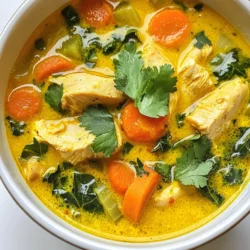 Here are the main ingredients you need for this soup: - 1 pound boneless, skinless chicken breasts, cut into bite-sized pieces - 1 tablespoon olive oil - 1 medium onion, diced - 3 cloves garlic, minced - 1 inch fresh ginger, grated - 1 teaspoon ground turmeric - 1 teaspoon ground cumin - 1 teaspoon ground coriander - 4 large carrots, sliced - 2 celery stalks, diced - 6 cups low-sodium chicken broth - 1 cup coconut milk - 1 cup chopped kale or spinach - Salt and pepper to taste - Fresh cilantro for garnish These ingredients create a rich flavor. The chicken provides protein, while the vegetables add nutrients. Spices like turmeric and ginger boost health. To elevate the taste of your soup, consider adding: - Lemon juice for a zesty kick - Red pepper flakes for some heat - Bay leaves for a deeper flavor - A dash of soy sauce for umami These extras can bring a new twist to the classic recipe. Experiment with them to find your favorite mix. This soup is not just tasty; it also packs health benefits. - Turmeric: Known for its anti-inflammatory properties, it can help reduce pain and swelling. - Ginger: Aids digestion and can soothe nausea. - Garlic: Supports heart health and boosts the immune system. - Kale or Spinach: Full of vitamins A and C, which are great for overall health. By using these ingredients, you create a meal that supports your body. Enjoy cooking this soup, knowing it nourishes you. {{ingredient_image_1}} To make your turmeric chicken anti-inflammatory soup, start with fresh ingredients. First, cut the chicken into bite-sized pieces. This helps the meat cook evenly. Next, heat olive oil in a large pot over medium heat. When the oil is warm, add the diced onion. Sauté for about 3-4 minutes until the onion turns soft and clear. Then, mix in the minced garlic and grated ginger. Cook for 1-2 minutes until you smell their rich aroma. After that, sprinkle in the ground turmeric, cumin, and coriander. Stir the spices for 1 minute to bring out their flavors. Now, it’s time to add the chicken pieces. Season them with salt and pepper. Cook the chicken for 5-7 minutes until it turns brown on all sides. Next, toss in the sliced carrots and diced celery. This adds a nice crunch to your soup. Pour in the chicken broth and bring the mixture to a gentle boil. Once boiling, lower the heat and let it simmer for 15 minutes. This allows all the flavors to mix well. After simmering, stir in the coconut milk and chopped kale or spinach. Let it cook for an additional 5 minutes. This step lets the greens wilt nicely and the chicken finish cooking. For beginners, focus on chopping and timing. Use a sharp knife for cutting ingredients. This makes chopping quicker and safer. Keep an eye on the heat while cooking. If it’s too high, food can burn. A medium heat works best for sautéing and simmering. Stir often to prevent sticking. Another key technique is seasoning. Taste your soup as it cooks. This helps you adjust flavors before serving. Don’t be afraid to experiment with spices! Each one adds a unique touch. To get a great soup texture, balance the ingredients. Use enough broth to keep the soup hearty but not too watery. If you want thicker soup, let it simmer longer. This helps the flavors deepen. When adding greens, include them towards the end. This keeps them vibrant and fresh. Always blend the soup well if you prefer a creamier texture. A stick blender can be handy for this. Finally, garnish with fresh cilantro before serving. This adds a pop of color and flavor. Enjoy your delicious turmeric chicken anti-inflammatory soup! To get the most from your turmeric chicken anti-inflammatory soup, focus on fresh ingredients. Fresh turmeric root offers more benefits than dried turmeric. Always use good quality chicken broth. Low-sodium options help you control salt intake. Pair this soup with a squeeze of lemon juice. This adds vitamin C and boosts flavor. One common mistake is not toasting the spices. Toasting brings out their flavors and health benefits. Another error is overcooking the chicken. It should be cooked just right to keep it juicy. Lastly, don’t skip the greens. Kale or spinach adds nutrients and color to your dish. Spice levels can be adjusted easily. If you want more heat, add crushed red pepper. For a milder flavor, reduce the amount of ginger and garlic. Experiment with different spices too. Try adding some black pepper to enhance turmeric’s benefits. Adjusting spice levels makes this soup perfect for everyone’s taste. Pro Tips Use Fresh Spices: Freshly ground spices have a more potent flavor and aroma than pre-ground ones, enhancing the overall taste of the soup. Adjust Consistency: If you prefer a thicker soup, let it simmer uncovered for a longer time to reduce the liquid. Experiment with Greens: Feel free to substitute kale or spinach with other greens like Swiss chard or collard greens for a different flavor profile. Make It Ahead: This soup tastes even better the next day, so consider making it in advance and storing it in the fridge for later enjoyment. {{image_2}} If you want a vegetarian version of this soup, it’s easy to swap out the chicken. Use 1 can of chickpeas or 1 pound of firm tofu instead. Both options add protein and texture. You can sauté the chickpeas or tofu until golden before adding them to the pot. This adds a nice flavor. Just follow the same steps in the recipe but skip the chicken. You will still get all the rich spices and flavors. This soup is already gluten-free thanks to the ingredients we use. The chicken broth can be a concern, so always check the label. Some brands add gluten. Use low-sodium chicken broth that is gluten-free. You can also make your broth at home. This way, you can control every ingredient. Enjoy this soup without worry. Want to boost the nutrition? Adding more veggies is a great idea! You can include bell peppers, zucchini, or even sweet potatoes. They will add flavor and color. Chop them into small pieces and add them with the carrots and celery. This keeps the cooking time similar. You can also toss in some peas or corn at the end for a bit of sweetness. More veggies mean more vitamins and minerals in every bowl. To store your leftover turmeric chicken soup, let it cool first. Pour it into an airtight container. Make sure to leave some space at the top. This allows the soup to expand if frozen. Label the container with the date. Store it in the fridge for up to three days. If you want to enjoy it later, consider freezing it. Freezing soup is easy and great for meal prep. Use freezer-safe containers or heavy-duty freezer bags. Divide the soup into single servings for quick meals. Remove as much air as possible from bags. This helps prevent freezer burn. The soup can last in the freezer for up to three months. When you're ready to eat it, just thaw it overnight in the fridge. To reheat your soup, you can use the stove or microwave. If using the stove, pour the soup into a pot. Heat it over medium heat, stirring often. This keeps it from sticking. If using a microwave, place the soup in a microwave-safe bowl. Heat it in short bursts, stirring in between. This ensures even heating. Always check that it's hot all the way through before serving. Enjoy your warm, comforting soup! Turmeric has strong anti-inflammatory effects. It may help reduce pain and swelling. This spice also boosts your immune system. It can improve digestion and support liver health. Plus, turmeric adds a warm, earthy flavor to your soup. Yes, you can use frozen chicken. Just remember to thaw it first. You can do this overnight in the fridge. If you're short on time, use the microwave. Make sure the chicken is fully thawed before cooking it in the soup. You can add herbs and spices for flavor. Lemon juice gives a fresh taste. Garlic and ginger add warmth. You might also try adding pepper or chili flakes for heat. Fresh herbs like cilantro can make the soup more vibrant. You can add parsley for good vitamins. Basil adds a nice flavor and helps digestion. Thyme is great for your immune system. You could also use rosemary; it may boost memory and concentration. These herbs can make your soup tastier and healthier. This blog post explained how to make a turmeric chicken anti-inflammatory soup. You learned about key ingredients, cooking steps, and helpful tips. We also covered variations for different diets and storage advice. Incorporating turmeric and other healthy ingredients can boost your health. Remember, cooking is about enjoying the process and adapting recipes to your taste. Dive in and try making this soup; your body will thank you!