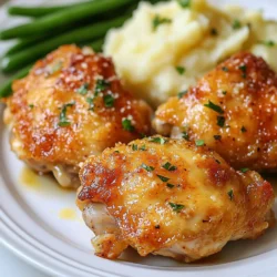 - 1.5 lbs boneless, skinless chicken thighs - 1 cup buttermilk - 1 teaspoon garlic powder - 1 teaspoon onion powder - 1 teaspoon smoked paprika - ½ teaspoon salt - ½ teaspoon black pepper - 1 cup all-purpose flour - ½ cup grated Parmesan cheese - 4 tablespoons butter - 2 tablespoons olive oil To make melt-in-your-mouth chicken, start with the main ingredients. I love using boneless, skinless chicken thighs. They stay tender and juicy. The buttermilk adds flavor and helps keep the chicken moist. The blend of garlic powder, onion powder, smoked paprika, salt, and pepper gives the chicken a great taste. Next, you need flour and Parmesan cheese. The flour creates a crispy outside, while the Parmesan adds depth. This combination makes the chicken extra special. - 1 tablespoon fresh parsley, chopped (for garnish) - Side dish ideas: creamy mashed potatoes, sautéed green beans Garnishes can elevate your dish. Fresh parsley adds color and freshness. I suggest serving the chicken with creamy mashed potatoes and sautéed green beans. These sides pair well and complete the meal. {{ingredient_image_1}} First, gather your ingredients. In a large bowl, mix these items: - 1 cup buttermilk - 1 teaspoon garlic powder - 1 teaspoon onion powder - 1 teaspoon smoked paprika - ½ teaspoon salt - ½ teaspoon black pepper Stir them well until combined. Next, take your chicken thighs and add them to the bowl. Make sure each piece is coated in the buttermilk mix. Cover the bowl and place it in the fridge. Let it marinate for at least 2 hours. For best results, marinate overnight. Now, it's time to cook! Preheat your oven to 375°F (190°C). While the oven heats, prepare your skillet. In a separate bowl, blend these ingredients: - 1 cup all-purpose flour - ½ cup grated Parmesan cheese Remove the chicken from the fridge after marinating. Shake off the excess buttermilk. Dredge each thigh in the flour mixture. Make sure they are well coated. In a large oven-safe skillet, heat 4 tablespoons of butter and 2 tablespoons of olive oil over medium-high heat. Wait until the butter melts and bubbles. Add the coated chicken thighs to the skillet. Sear each side for 3-4 minutes until golden brown. Once browned, transfer the skillet to the preheated oven. Bake for 20-25 minutes. Check that the chicken is cooked through and tender. After baking, remove the skillet and let the chicken rest for 5 minutes. Garnish with fresh parsley before serving. To get that melt-in-your-mouth feel, marinate the chicken for at least two hours. For the best flavor, let it sit overnight. This helps the buttermilk work its magic. It tenderizes the meat and adds flavor. When you sear the chicken, use medium-high heat. Make sure the skillet is hot before adding the chicken. This gives you a nice, crispy crust. Sear each side for 3 to 4 minutes until golden brown. Don’t rush this step; it locks in the juices. For a perfect meal, serve your chicken with creamy mashed potatoes. They complement the chicken well. Sautéed green beans add color and crunch. You can also try a fresh salad on the side for a refreshing touch. For plating, use a rustic wooden board. Place the chicken in the center and sprinkle fresh parsley on top. This adds a pop of color and freshness. It makes the dish look even more appetizing. Pro Tips Marinate Longer for Flavor: For the best flavor and tenderness, marinate the chicken overnight. This allows the spices to penetrate deeply, resulting in juicier meat. Use a Meat Thermometer: To ensure perfectly cooked chicken, use a meat thermometer. The internal temperature should reach 165°F (75°C) for safe consumption. Don’t Skip the Resting Period: Allow the chicken to rest for 5 minutes after removing it from the oven. This helps redistribute the juices, making the meat more tender. Customize Your Coating: Feel free to experiment with different herbs and spices in the flour mixture. Adding Italian seasoning or cayenne pepper can give your chicken a unique twist! {{image_2}} You can change the taste of Melt In Your Mouth Chicken with different seasonings. Here are some blends to try: - Italian blend: Use dried oregano, basil, and thyme. - Spicy blend: Add cayenne pepper or chili powder for heat. - Herb blend: Mix in fresh rosemary or thyme for a fresh twist. You can also switch up the marinade. Try these marinades for different flavors: - Honey mustard: Combine honey, Dijon mustard, and a splash of vinegar. - Teriyaki: Mix soy sauce, honey, garlic, and ginger for a sweet glaze. - Lemon herb: Use lemon juice, olive oil, and fresh herbs for zest. If you prefer breast meat, you can use it instead of thighs. Breast meat cooks faster, so watch the time closely. It may need less marinating. For a gluten-free option, swap the all-purpose flour for almond flour or gluten-free flour. These options will still give you a nice crust. Just ensure you coat the chicken well. Experiment with these variations to find your favorite version of this tasty dish! To keep your melt-in-your-mouth chicken fresh, store it properly. Let the chicken cool first. Place it in an airtight container. This helps maintain its juicy texture. If you have a lot, divide it into smaller portions. This way, you can enjoy it later without losing flavor. The best containers for freshness are glass or BPA-free plastic. They seal tightly and prevent air from getting in. You can also use freezer bags if needed. Just remove as much air as possible before sealing. When it comes to reheating, I want to keep that tender goodness. The oven works best for this. Preheat your oven to 350°F (175°C). Place the chicken on a baking sheet. Cover it with foil to keep it moist. Heat for about 15-20 minutes. Check that it warms through but doesn’t dry out. Another option is the microwave, but be careful. If using the microwave, place the chicken in a microwave-safe dish. Add a splash of water and cover it. Heat for 1-2 minutes at a time. Stir and check until it is warm. This method can dry it out, so I recommend the oven for best results. The secret lies in the buttermilk and how we cook it. Buttermilk tenderizes the chicken. It adds moisture and flavor. The chicken soaks in the spices and buttermilk. This process makes each bite juicy and soft. When we sear the chicken, it gets a nice crust. Then, baking it finishes the cooking. This method locks in the juices. The result? Chicken that truly melts in your mouth. Yes, you can make this dish in advance. Marinate the chicken the night before. This allows the flavors to deepen. You can also coat the chicken in flour earlier. Cover it well and keep it in the fridge. Just remember to bake it before serving. This way, you'll have tasty chicken ready to eat. Absolutely! You can grill or slow-cook this chicken. For grilling, marinate as usual. Then, cook on medium heat until done. This adds a nice smoky flavor. If you slow-cook, keep the marinade on. Cook on low for 4-6 hours. Both methods will keep the chicken juicy and tender. Experiment to find your favorite way to cook it! This blog post covered the key elements for making delicious, melt-in-your-mouth chicken thighs. We explored the ingredients, marinade process, cooking steps, and useful tips. You learned about flavor variations, serving ideas, and how to store leftovers. Remember, marinating properly makes a big difference. Try the optional garnishes for added flair. This recipe can please any crowd. With a few simple steps, you can create a dish that impresses everyone. Enjoy your cooking adventure and savor every bite!