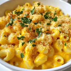 - 1 medium butternut squash, peeled and cubed - 8 ounces elbow macaroni - 2 tablespoons olive oil - 1 small onion, finely chopped - 2 cloves garlic, minced - 1 teaspoon dried thyme - 1 teaspoon paprika - 3 cups vegetable broth - 1 cup shredded sharp cheddar cheese - 1 cup milk (dairy or non-dairy) - Salt and pepper to taste - 1/2 cup panko breadcrumbs - 2 tablespoons melted butter - Fresh parsley for garnish Butternut squash is the star of this dish. It brings natural sweetness and a creamy texture. I love using it because it transforms the mac and cheese into something special. You will need elbow macaroni for the base. This pasta shape holds the cheese sauce well. A small onion and garlic add great flavor when sautéed in olive oil. Dried thyme and paprika give warmth to the dish. Vegetable broth helps to cook the squash and blend all the flavors together. For creaminess, we add milk and sharp cheddar cheese. The cheese melts beautifully, making the sauce rich and savory. Don’t forget salt and pepper for taste. Panko breadcrumbs give a nice crispy topping. Finally, fresh parsley adds color and a hint of freshness. Gather all these ingredients to make the best butternut squash mac and cheese! {{ingredient_image_1}} - Preheat oven to 375°F (190°C). - Cook elbow macaroni according to package instructions. Start by getting your oven hot. This helps the mac and cheese bake evenly. While the oven warms, boil water for the macaroni. Cook it until it's just a bit firm. This keeps the pasta from getting mushy later. Once done, drain the macaroni and set it aside. - Sauté onion and garlic in olive oil. - Add butternut squash and vegetable broth, and simmer. In a big pot, heat the olive oil over medium heat. Add the chopped onion and let it cook until it turns clear. This usually takes about five minutes. Then, add the minced garlic and let it cook for one more minute. This makes it smell great! Now, toss in the cubed butternut squash along with the vegetable broth. Cover the pot and let it gently boil for about 15 to 20 minutes, or until the squash is soft. - Puree the squash mixture until smooth. - Stir in milk and cheddar cheese. Once your squash is tender, use an immersion blender to mix it until it's smooth. If you don’t have one, a regular blender works too. Just be careful when transferring hot food! After it’s smooth, stir in the milk and shredded cheddar cheese. Keep stirring until the cheese melts into the sauce. Season with salt and pepper to your taste. - Fold in macaroni and transfer to baking dish. - Top with panko and bake until golden. Next, gently mix the cooked macaroni into the cheese sauce. Make sure every piece of pasta is coated well. After that, pour the mix into a greased baking dish. In a bowl, mix panko breadcrumbs with melted butter. Sprinkle this mix over the top of the mac and cheese. Bake it in your preheated oven for about 20 to 25 minutes. You want the top to be golden and bubbly. Enjoy every comforting bite! To get a creamy texture, focus on the butternut squash. When you cook it, make sure it’s tender. A smooth puree mixes well with cheese and milk. I recommend using sharp cheddar cheese. It adds a rich flavor that pairs well with the squash. You can also blend in some mozzarella for creaminess. This combo gives a nice balance of taste and texture. If you want dairy-free options, use almond or oat milk instead of regular milk. For cheese, try vegan cheddar shreds. They melt well and keep the dish creamy. Need gluten-free options? Use gluten-free elbow macaroni. It works just as well and keeps the dish enjoyable for everyone. Serve this dish with a side salad. A fresh green salad brightens the meal. You can also add roasted veggies for extra flavor. For presentation, use individual bowls. Sprinkle extra cheese and fresh parsley on top. This makes it look great for guests and family alike. Pro Tips Use Fresh Butternut Squash: For the best flavor and texture, opt for fresh butternut squash instead of canned puree. Fresh squash adds a delightful sweetness and creaminess to the dish. Customize Your Cheese: While sharp cheddar is delicious, feel free to mix in other cheeses like Gruyère or mozzarella for different flavors and creaminess levels. Add a Kick: If you enjoy a bit of heat, sprinkle in some cayenne pepper or red pepper flakes to the butternut squash sauce for an extra layer of flavor. Texture Variation: For a heartier dish, consider adding cooked spinach or sautéed mushrooms to the macaroni before baking. This not only enhances the flavor but also adds nutritional value. {{image_2}} You can easily boost the nutrition of butternut squash mac and cheese. Adding spinach or kale gives it a green touch. Both greens offer vitamins and minerals that are great for health. Using different types of squash can also change the flavor and texture. Acorn squash or pumpkin can work well. Each squash brings its own taste, making the dish unique. To spice things up, try adding chili powder or mustard powder. These spices can make your mac and cheese more exciting. A little heat can enhance the creaminess of the sauce. Mixing in cooked proteins like chicken or sausage can turn this dish into a full meal. Adding protein can make it heartier. You can use leftover rotisserie chicken or sautéed sausage for extra flavor. You can make this dish vegan or vegetarian easily. For a vegan version, swap the cheese and milk for plant-based options. Nutritional yeast can add a cheesy flavor without dairy. For a low-carb option, consider using cauliflower instead of pasta. Riced cauliflower can give you a similar texture with fewer carbs. This adjustment makes the dish lighter but still comforting. To store leftovers of butternut squash mac and cheese, place it in an airtight container. Make sure it cools to room temperature before sealing it. This helps keep the dish fresh and tasty. For best flavor and texture, eat the leftovers within three days. Reheat it gently in the oven or microwave until warm. If you want to freeze butternut squash mac and cheese, let it cool completely first. Then, transfer it to a freezer-safe container. Make sure to leave some space at the top, as the dish will expand when frozen. To reheat, thaw it in the fridge overnight. Then, bake it in the oven at 350°F (175°C) until heated through, about 20-25 minutes. In the fridge, butternut squash mac and cheese lasts about three to four days. If you freeze it, it can last up to three months. Always check for signs that it has gone bad. If you see mold or notice an off smell, it’s best to toss it. Keeping track of how long it has been stored helps ensure your meal is safe and delicious. Yes, you can prepare Butternut Squash Mac and Cheese ahead of time. First, follow the recipe up to the baking step. After mixing the pasta with the sauce, transfer it to a greased baking dish. You can cover the dish tightly with plastic wrap or foil. Store it in the fridge for up to two days. When ready to bake, remove the cover and heat the oven to 375°F (190°C). Bake as directed, adding a few extra minutes if it’s cold. Butternut Squash Mac and Cheese offers health benefits. Butternut squash is rich in vitamins A and C. It also contains fiber, which helps digestion. The cheese provides protein and calcium. You can use non-dairy milk for a lighter option. This dish can be a great way to enjoy comfort food while still eating healthy. Yes, you can use various types of pasta. Whole wheat pasta adds more fiber. Gluten-free pasta is a good choice for those with sensitivities. You can also try shapes like penne or shells. Just follow the cooking time on the package. Make sure to cook the pasta until it is al dente for the best texture. If your sauce is too thick, don't worry! You can easily fix it. Gradually add more milk or vegetable broth, stirring as you go. This will help reach your desired consistency. If you prefer a thinner sauce, add a little at a time until it feels right. Just remember to heat it gently to keep it creamy and smooth. In this blog post, I outlined how to make butternut squash mac and cheese. We covered the necessary ingredients, step-by-step instructions, helpful tips, and storage methods. You can make this dish healthier by adding greens or altering the cheese. Remember, storing leftovers correctly keeps them tasty and fresh. This delicious recipe is great for sharing with family and friends. Try it out, and you’ll enjoy a comforting meal that everyone will love.