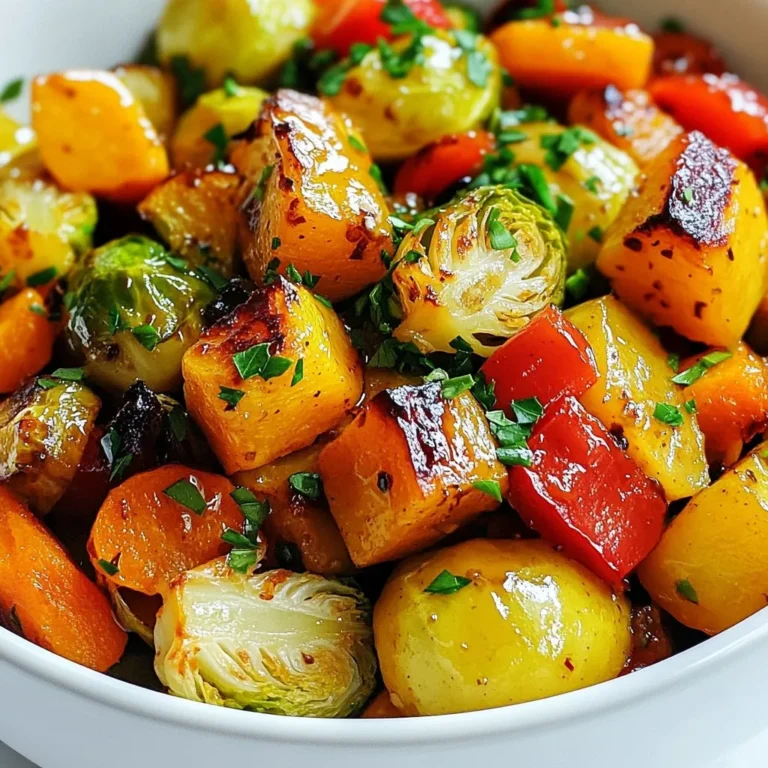 To make Maple Dijon Roasted Vegetables, gather these key ingredients: - 2 cups Brussels sprouts, halved - 1 cup butternut squash, diced - 1 cup carrots, sliced - 1 red bell pepper, chopped - 3 tablespoons olive oil - 2 tablespoons pure maple syrup - 1 tablespoon Dijon mustard - 1 teaspoon garlic powder - 1 teaspoon smoked paprika - Salt and pepper to taste - Fresh parsley, chopped (for garnish) These ingredients come together to create a dish full of flavor and color. You can change things up with these optional ingredients: - Sweet potatoes for a different texture - Zucchini for a softer veggie - Red onion for a hint of sweetness - Thyme or rosemary for a fresh herb kick Feel free to mix and match based on what you love. Don't have something? No problem! Here are some easy swaps: - Use honey instead of maple syrup for sweetness. - Replace Dijon mustard with yellow mustard for a milder taste. - Swap garlic powder with minced garlic for a stronger flavor. - Any oil can work, like avocado or canola oil. These substitutions help you adapt the recipe to what you have on hand. Enjoy! {{ingredient_image_1}} First, gather your fresh veggies. I love using Brussels sprouts, butternut squash, carrots, and red bell pepper. They add great color and taste. Next, preheat your oven to 425°F (220°C). This step is key for perfect roasting. While the oven heats, wash and cut the vegetables. Halve the Brussels sprouts, dice the squash, slice the carrots, and chop the bell pepper. Now, let's make the maple Dijon sauce. In a small bowl, mix olive oil, pure maple syrup, Dijon mustard, garlic powder, smoked paprika, salt, and pepper. Whisk until it blends well. This sauce brings out the flavor in our veggies. In a large bowl, toss the cut vegetables with the maple Dijon sauce until they coat evenly. This step helps the sauce stick well. Spread the veggies in a single layer on a large baking sheet lined with parchment paper. Make sure they are not crowded. Crowding can lead to steaming instead of roasting. Now, place the baking sheet in the oven. Roast for 25-30 minutes. Stir halfway through for even cooking. When the vegetables turn tender and caramelized, they are done. Remove the baking sheet from the oven and let them cool slightly. Garnish with fresh parsley before serving. To get the best results, consider these tips: - Cut your vegetables into similar sizes. This helps them cook evenly. - Avoid overloading the baking sheet. This keeps them crispy. - Feel free to adjust the roasting time. Thicker pieces may need longer. - For extra flavor, try adding a splash of lemon juice after roasting. These simple steps ensure you enjoy delicious maple Dijon roasted vegetables every time! To boost the taste of your Maple Dijon Roasted Vegetables, use fresh herbs like thyme or rosemary. These herbs add a nice touch. You can also add a splash of lemon juice after roasting for brightness. A sprinkle of feta cheese offers a salty kick that pairs well with the sweet maple. When choosing vegetables, look for vibrant colors and firm textures. Check Brussels sprouts for tight leaves and no browning. Pick butternut squash that feels heavy for its size. Carrots should be crisp and smooth without blemishes. For bell peppers, choose ones that are shiny and firm. Fresh vegetables make your dish more tasty! Start by prepping all your veggies before cooking. This keeps things simple and fun. Use a cutting board and a sharp knife for safety. Don’t overcrowd the baking sheet; this helps the veggies roast evenly. Stir the vegetables halfway through cooking for that perfect caramelization. Remember, practice makes perfect, so enjoy the process! Pro Tips Use Seasonal Vegetables: Choosing seasonal vegetables not only enhances flavor but also ensures freshness and sustainability. Cut Uniformly: Ensure all vegetables are cut to similar sizes for even roasting and optimal texture. Marinate Longer: Allow the vegetables to marinate in the maple Dijon mixture for at least 30 minutes for deeper flavor penetration. Experiment with Spices: Feel free to add your favorite herbs or spices to customize the flavor profile of the roasted vegetables. {{image_2}} You can switch out the main veggies for different ones. Try sweet potatoes, zucchini, or asparagus. Each choice brings a new taste and texture. You can also mix in some cherry tomatoes or red onion for added flavor. Just remember to cut them into similar sizes for even cooking. Adding herbs and spices can make your dish even better. Fresh thyme or rosemary works great here. You can sprinkle them on before roasting. For a kick, add a pinch of cayenne pepper or chili flakes. This extra heat balances well with the sweet maple syrup. This recipe is already vegan and gluten-free! The ingredients are all plant-based and contain no gluten. If you want to add protein, consider chickpeas or lentils. They blend well with the roasted veggies and make the meal heartier. Keep enjoying the flavors while sticking to your dietary needs! After enjoying your Maple Dijon roasted vegetables, store leftovers in an airtight container. Let the veggies cool to room temperature. This keeps them fresh. Place them in the fridge where they will last for about 3 to 4 days. Always check for signs of spoilage before eating. To reheat, use your oven for the best results. Preheat it to 350°F (175°C). Spread the vegetables on a baking sheet. Heat them for about 10 to 15 minutes. This helps them regain their crispiness. You can also use a microwave, but the texture may change. Heat on high for 1 to 2 minutes, checking frequently. You can freeze your roasted vegetables to enjoy later! First, let them cool completely. Then, spread them on a baking sheet in a single layer. Freeze for 1 to 2 hours. After that, transfer them to a freezer-safe bag or container. Remove as much air as possible. They will stay good for about 3 months. When ready to eat, thaw in the fridge overnight and reheat. Yes, you can use other types of mustard. Yellow mustard adds a mild taste. Spicy brown mustard brings more heat. Whole grain mustard adds texture. Each type changes the flavor slightly. Experiment with what you like best. Your roasted vegetables are done when they are golden brown and tender. Use a fork to pierce them. If they slide off easily, they are ready. Roasting usually takes 25-30 minutes at 425°F. Stir halfway for even cooking. Yes, you can prepare the vegetables ahead of time. Cut and mix the veggies and sauce. Store them in the fridge for up to 24 hours. When ready, roast them fresh. This keeps the flavors bright and tasty. Maple Dijon roasted vegetables offer a tasty and healthy dish. You learned about key ingredients, preparation steps, and roasting tips. Remember, customizing flavors and using fresh produce enhances your dish. You can even explore variations and storage methods for leftovers. Roasting vegetables is fun and rewarding. Enjoy experimenting with different ingredients to find your perfect mix. Get ready to savor every bite and impress your family and friends.