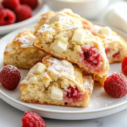 To make delicious raspberry white chocolate scones, gather these ingredients: - 2 cups all-purpose flour - 1/2 cup granulated sugar - 1 tablespoon baking powder - 1/2 teaspoon salt - 1/2 cup unsalted butter, cold and cubed - 3/4 cup heavy cream - 1 teaspoon vanilla extract - 1 cup fresh raspberries - 1/2 cup white chocolate chips - Extra cream for brushing - Additional sugar for sprinkling For variations, you can use frozen raspberries instead of fresh ones. If you like, try dark chocolate chips instead of white chocolate. You can also add a dash of lemon zest for a bright flavor twist. {{ingredient_image_1}} First, preheat your oven to 400°F (200°C). This temperature helps the scones rise nicely. Next, line a baking sheet with parchment paper. This will prevent the scones from sticking. In a large mixing bowl, whisk together the dry ingredients: - 2 cups all-purpose flour - 1/2 cup granulated sugar - 1 tablespoon baking powder - 1/2 teaspoon salt Make sure everything is mixed well. This helps the scones bake evenly. Now, let’s mix the wet ingredients. In a separate bowl, combine: - 3/4 cup heavy cream - 1 teaspoon vanilla extract Stir these together until they blend smoothly. Slowly pour this cream mixture into the dry ingredients. Mix gently. You want everything to come together but not over-mix. Transfer the dough onto a floured surface. Knead it gently a few times. You want the dough to hold together. Then, pat it down into a circle about 1-inch thick. Cut the dough into 8 equal wedges. Place them on the prepared baking sheet. Handle the raspberries with care. Gently fold in: - 1 cup fresh raspberries - 1/2 cup white chocolate chips Be careful not to crush the raspberries as you mix. Brush the tops of the scones with a little extra cream. Sprinkle some sugar on top for sweetness. Now, bake the scones for 15-20 minutes. They should turn golden brown. Once baked, let them cool slightly on a wire rack. Enjoy your delightful scones warm! To make great scones, start with cold butter and cream. Cold butter helps create flaky layers. When the butter melts in the oven, it makes pockets of air. This leads to a light and airy texture. Use unsalted butter for better control over saltiness. Keep your cream cold, too. This helps to keep the dough from becoming too warm. When you handle the dough, be gentle. Overmixing will lead to tough scones. Mix just until the ingredients blend. It’s okay if the dough looks a bit lumpy. This means you will get a soft scone. Set your oven to 400°F (200°C). This is the best setting for golden scones. Line your baking sheet with parchment paper. This prevents sticking and helps with even baking. To check if the scones are done, look for a light golden color. A toothpick inserted into the center should come out clean. It’s better to check a minute or two early. This way, you avoid overbaking. When serving scones, present them warm on a nice platter. Add a few fresh raspberries on the side for color. You can also sprinkle a little extra sugar on top for shine. Pair your scones with tea or coffee for a classic touch. They also go well with lemonade or milk. Enjoy them fresh out of the oven for the best taste! Pro Tips Chill the Butter: Make sure the butter is very cold before incorporating it into the flour mixture. This helps create flaky layers in the scones. Don't Overmix: When combining the wet and dry ingredients, mix just until combined. Overmixing can lead to tough scones. Fresh Raspberries: Use fresh raspberries for the best flavor and texture. If using frozen, be sure to thaw and drain them to avoid excess moisture. Variations: Feel free to experiment with different mix-ins like nuts or other berries to customize your scones to your taste. {{image_2}} You can swap fresh raspberries with frozen ones. Just remember to thaw them first. You can also try other fruits like blueberries or strawberries for a fun twist. If you want a different taste, use dark chocolate chips instead of white chocolate. This change will add a rich flavor to the scones. For a little extra kick, add spices like cinnamon or nutmeg. A teaspoon of lemon or orange zest can brighten the flavors, making the scones even tastier. These simple additions can change the whole flavor profile and make the scones more exciting. If you need a gluten-free version, use a gluten-free flour blend. Many brands work well in scone recipes. For those who avoid dairy, replace heavy cream with almond milk or coconut milk. You can also use dairy-free butter for the same creamy texture. These adjustments help everyone enjoy these scones. To keep your raspberry white chocolate scones fresh, place them in an airtight container. This helps lock in moisture and flavor. If you have leftover scones, let them cool completely first. Then, layer them with parchment paper to prevent sticking. If you want to freeze scones for later, wrap each scone tightly in plastic wrap. Place them in a freezer bag, making sure to squeeze out as much air as possible. This way, they can stay fresh for up to three months. When you're ready to enjoy, you can thaw them overnight in the fridge. To reheat scones and keep their texture, preheat your oven to 350°F (175°C). Place the scones on a baking sheet. Heat for about 5-10 minutes. This method warms them up without making them dry. You can also use a microwave, but do it for only 10-15 seconds. Be cautious not to overheat, as this can make them tough. Enjoy your warm scones just like fresh! How to make scones fluffier? To make scones fluffier, use cold butter and heavy cream. This helps keep the dough light. You can also mix the dough gently. Overmixing leads to tough scones. Lastly, make sure your baking powder is fresh. Old baking powder may not rise well. Can I make the dough ahead of time? Yes, you can prepare the dough in advance. Wrap it tightly in plastic wrap and chill it in the fridge. This keeps the dough fresh for up to 24 hours. When ready to bake, just cut and bake as usual. Chilling also helps the flavors blend. What to do if scones turn out dry? If your scones are dry, check your measurements. Too much flour or not enough cream can cause dryness. You can also try adding a bit more cream next time. Another tip is to bake for a shorter time. Bake until just golden for a moist scone. Why aren’t my scones rising? If your scones aren’t rising, check your baking powder. It may be old or inactive. Also, make sure to handle the dough gently. Overworking it can lead to dense scones. Lastly, ensure your oven is preheated properly to the right temperature. You learned how to make scones from scratch with precise ingredients and clear steps. We covered tips for perfect texture, baking methods, and delightful variations. You have plenty of ideas for serving and storing. Remember, baking can be fun and rewarding. Keep experimenting to find your favorite flavors and textures. Enjoy the process and share your tasty creations with others. Happy baking!