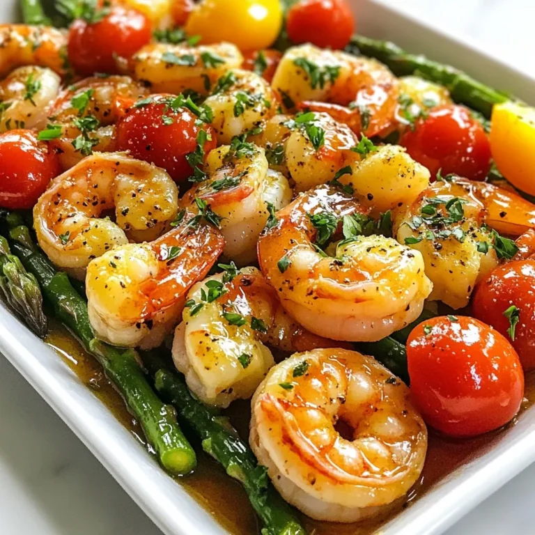 - 1 pound large shrimp, peeled and deveined - 4 tablespoons unsalted butter, melted - 6 cloves garlic, minced - 1 lemon, juiced and zested - 1 teaspoon paprika - 1 teaspoon dried oregano - Salt and pepper to taste - 1 cup cherry tomatoes, halved - 1 cup asparagus, trimmed and cut into 2-inch pieces - Fresh parsley, chopped for garnish - Additional vegetables for customization - Lemon slices for garnish - Sheet pan - Mixing bowl - Measuring spoons and cups - Spatula or tongs Gathering the right ingredients is key. Start with fresh shrimp; they should look shiny and smell like the sea. The butter adds richness. Minced garlic gives a strong flavor. Lemon juice and zest brighten the dish. Paprika and oregano bring warmth and earthiness. Use salt and pepper to enhance taste. Cherry tomatoes add sweetness, and asparagus gives texture. Don't forget fresh parsley for a pop of color! For a twist, think about adding other veggies you love. Lemon slices can make a lovely garnish too. You'll need a sheet pan for cooking everything at once. A mixing bowl helps you combine the sauce. Measuring cups and spoons ensure you get the right amounts. A spatula or tongs helps you mix and serve easily. This recipe is quick and fun. Now that you have your ingredients ready, let’s get cooking! {{ingredient_image_1}} - Preheat oven to 400°F (200°C). - Start by peeling and deveining the shrimp. - Trim the asparagus and cut it into 2-inch pieces. - Halve the cherry tomatoes for even cooking. - In a small bowl, combine melted butter and minced garlic. - Add lemon juice and zest for a fresh flavor. - Stir in paprika, oregano, salt, and pepper. - Mix until all flavors blend well. - On a large sheet pan, spread the asparagus and tomatoes. - Drizzle half of the garlic butter sauce over the veggies. - Toss them gently to coat all pieces. - Next, arrange the shrimp on the same pan. - Pour the remaining garlic butter over the shrimp. - Toss gently to coat the shrimp well. - Place the sheet pan in the oven. - Bake for about 10-12 minutes. - The shrimp should turn pink and opaque. - Ensure the veggies are tender for the best texture. - Remove the pan from the oven carefully. - Garnish with freshly chopped parsley for a pop of color. - Serve with rice or crusty bread for a complete meal. When choosing shrimp, fresh is best if you can find it. Fresh shrimp smells like the sea, not fishy. Look for shrimp that is firm and has a shiny shell. If you choose frozen shrimp, make sure it is flash-frozen. This keeps shrimp fresh longer. To tell if shrimp is fresh, check for these signs: - Clear, shiny eyes - Firm body - Fresh sea smell - No black spots on the shell Coating shrimp and veggies well is key to flavor. Use a mixing bowl to toss shrimp and vegetables in the garlic butter mixture. Make sure every piece gets coated. This helps the flavors blend nicely during baking. Adjusting seasoning is also important. Taste the garlic butter before using. If you like more spice, add extra paprika or pepper. If you want it milder, cut back on the seasonings. Everyone's taste is different. Ovens can vary, so check your dish as it cooks. If your oven runs hot, you may need less time. Start checking for doneness at 8 minutes. Shrimp should turn pink and opaque when cooked. For extra caramelization, try the broil mode. Broiling for 1-2 minutes at the end gives a nice finish. Just watch closely so it doesn’t burn! Pro Tips Use Fresh Shrimp: Whenever possible, opt for fresh shrimp over frozen for optimal flavor and texture. Customize Your Veggies: Feel free to swap asparagus and cherry tomatoes with your favorite seasonal vegetables for a personalized twist. Don’t Overcook: Keep an eye on the shrimp; they cook quickly and will turn rubbery if overcooked! Garnish with Lemon: A squeeze of fresh lemon juice just before serving elevates the dish with added brightness. {{image_2}} You can easily swap shrimp for chicken or salmon. If you choose chicken, cut it into small pieces. This way, it cooks evenly with the veggies. For salmon, use fillets and keep them whole. Adjust the bake time to about 15-20 minutes for chicken. Salmon takes about 12-15 minutes to cook through. Both options offer great taste and texture. You can add more vegetables for a colorful plate. Try bell peppers, zucchini, or broccoli for extra crunch. These veggies add flavor and nutrition to your meal. Seasonal choices also work well. In summer, use corn and green beans. In winter, try Brussels sprouts and butternut squash. Mixing vegetables keeps the dish fresh and fun. Adding spices or herbs can change the flavor a lot. Consider using thyme or basil for a new twist. You can also sprinkle in a little cayenne for heat. For citrus, lime juice or orange juice can brighten the dish. Just swap these for the lemon juice in the recipe. This small change can create a whole new experience. Store any leftover Sheet Pan Garlic Butter Shrimp in an airtight container. This keeps the dish fresh longer. The shrimp and veggies stay good for up to 3 days in the fridge. Make sure to cool the dish before sealing the container. You can freeze this dish for later use. Place the cooled shrimp and veggies in a freezer-safe container. It’s best to use them within three months for the best flavor. When you’re ready to eat, let it thaw in the fridge overnight. To reheat, use the oven for best results. Preheat it to 350°F (175°C). Place the shrimp and veggies on a baking sheet. Heat for about 10 minutes, or until warm. This method keeps the flavor and texture. You can also use a microwave for quick reheating, but it may change the texture slightly. Yes, you can prep most of this recipe ahead of time. Mix the garlic butter sauce and store it. You can also clean the shrimp and chop the veggies. Keep them in the fridge until you're ready to bake. This way, you can enjoy a quick meal on busy nights. This dish pairs well with many sides. Consider serving it with: - Rice or quinoa - Crusty bread for dipping - A fresh salad for crunch - Pasta tossed in olive oil These sides enhance the meal and add variety to your plate. Shrimp cooks fast. Look for these signs: - The shrimp turns pink and opaque. - It curls slightly into a "C" shape. - Cooking time is about 10-12 minutes at 400°F. When in doubt, check one shrimp. It should be firm and not rubbery. Yes, you can use any butter you like. Try: - Garlic herb butter for extra flavor - Olive oil for a lighter option - Vegan butter if you want a dairy-free dish Just keep in mind that the flavor may change slightly. Yes, this recipe is gluten-free! All the ingredients used are naturally gluten-free. Just double-check any seasonings or extras you add, as they may contain gluten. Enjoy this dish without worry! This blog post covered a tasty sheet pan garlic butter shrimp recipe. You learned about the key ingredients, optional additions, and required tools. I gave step-by-step instructions for making this dish and shared tips for great flavor. You also discovered ways to customize with different proteins and veggies. In the end, cooking can be fun and rewarding. Enjoy experimenting and make this dish your own!